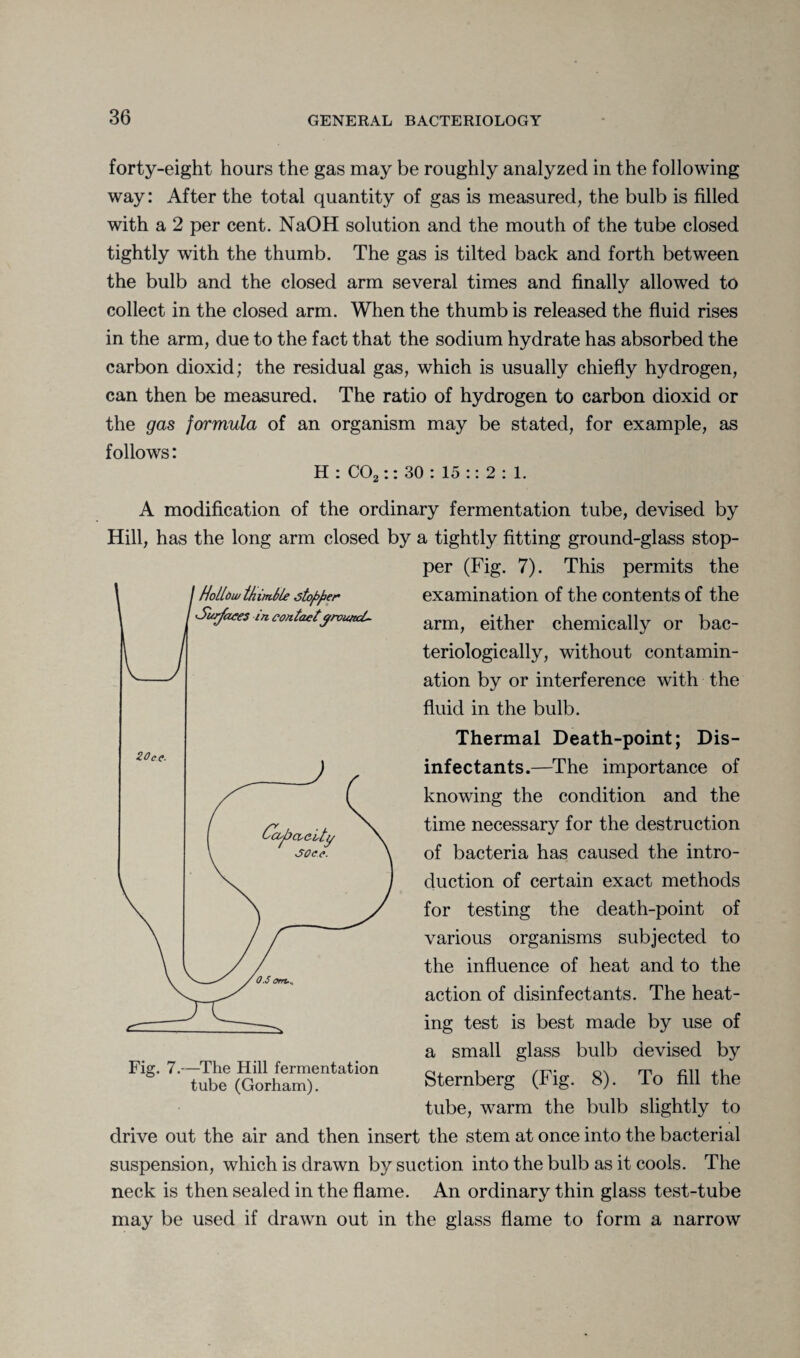 forty-eight hours the gas may be roughly analyzed in the following way: After the total quantity of gas is measured, the bulb is filled with a 2 per cent. NaOH solution and the mouth of the tube closed tightly with the thumb. The gas is tilted back and forth between the bulb and the closed arm several times and finally allowed to collect in the closed arm. When the thumb is released the fluid rises in the arm, due to the fact that the sodium hydrate has absorbed the carbon dioxid; the residual gas, which is usually chiefly hydrogen, can then be measured. The ratio of hydrogen to carbon dioxid or the gas formula of an organism may be stated, for example, as follows: H : C02:: 30 : 15 :: 2 : 1. A modification of the ordinary fermentation tube, devised by Hill, has the long arm closed by a tightly fitting ground-glass stop¬ per (Fig. 7). This permits the examination of the contents of the arm, either chemically or bac- teriologically, without contamin¬ ation by or interference with the fluid in the bulb. Thermal Death-point; Dis¬ infectants.—The importance of knowing the condition and the time necessary for the destruction of bacteria has caused the intro¬ duction of certain exact methods for testing the death-point of various organisms subjected to the influence of heat and to the action of disinfectants. The heat¬ ing test is best made by use of a small glass bulb devised by Sternberg (Fig. 8). To fill the tube, warm the bulb slightly to drive out the air and then insert the stem at once into the bacterial suspension, which is drawn by suction into the bulb as it cools. The neck is then sealed in the flame. An ordinary thin glass test-tube may be used if drawn out in the glass flame to form a narrow Fig. 7.—The Hill fermentation tube (Gorham).