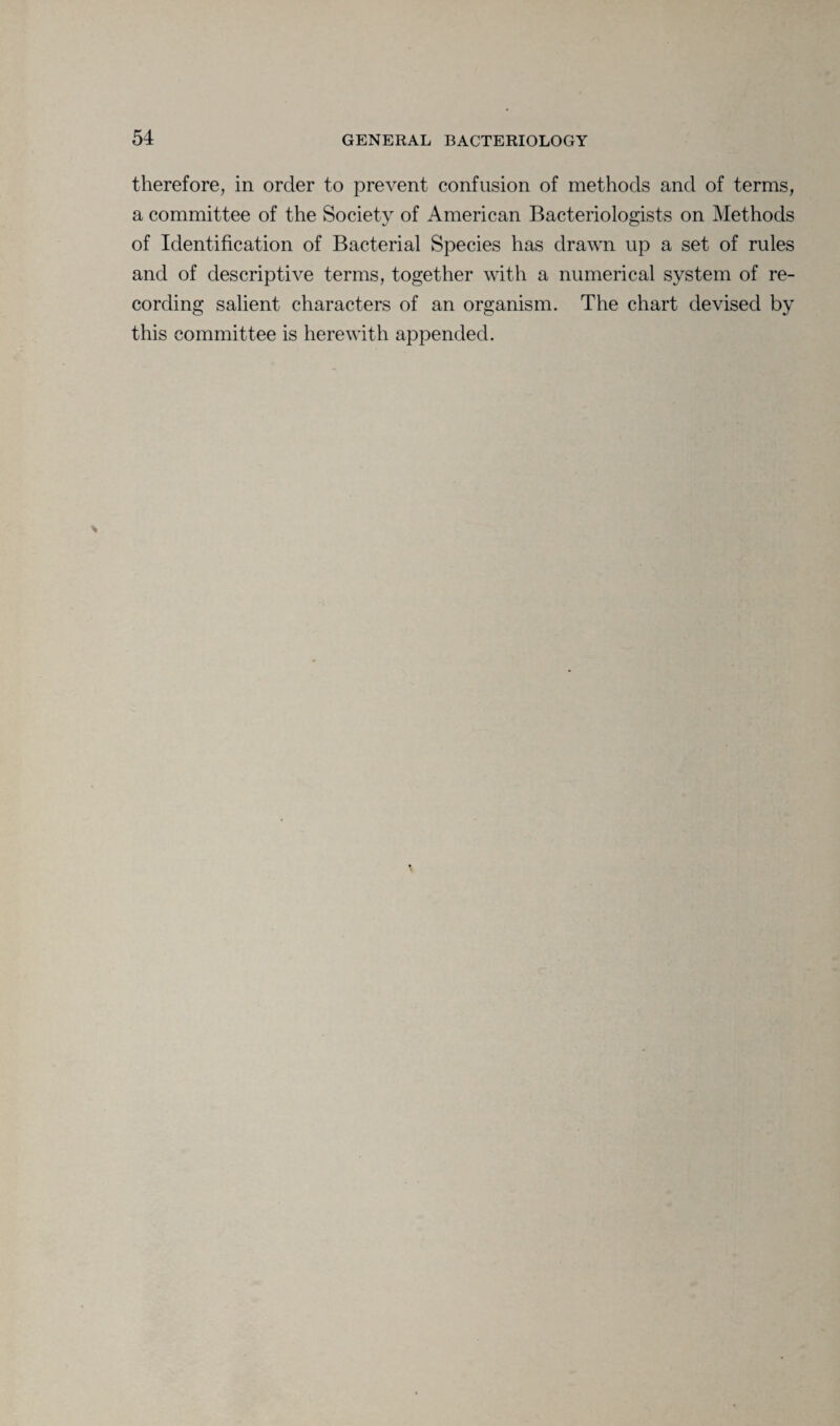 therefore, in order to prevent confusion of methods and of terms, a committee of the Society of American Bacteriologists on Methods of Identification of Bacterial Species has drawn up a set of rules and of descriptive terms, together with a numerical system of re¬ cording salient characters of an organism. The chart devised by this committee is herewith appended.