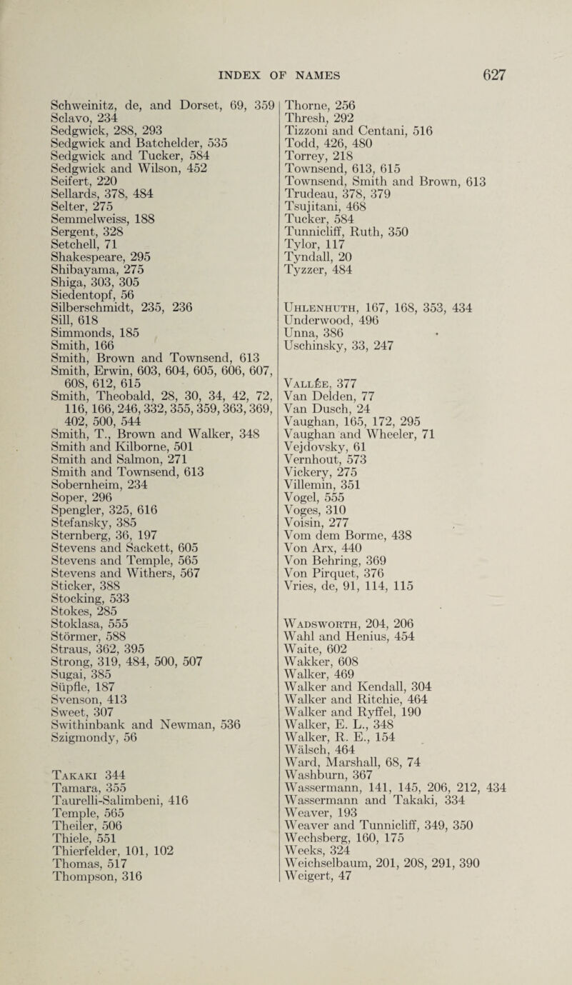 Schweinitz, de, and Dorset, 69, 359 Sclavo, 234 Sedgwick, 288, 293 Sedgwick and Batchelder, 535 Sedgwick and Tucker, 584 Sedgwick and Wilson, 452 Seifert, 220 Sellards, 378, 484 Setter, 275 Semmel weiss, 188 Sergent, 328 Setchell, 71 Shakespeare, 295 Shibayama, 275 Shiga, 303, 305 Siedentopf, 56 Silberschmidt, 235, 236 Sill, 618 Simmonds, 185 Smith, 166 Smith, Brown and Townsend, 613 Smith, Erwin, 603, 604, 605, 606, 607, 608, 612, 615 Smith, Theobald, 28, 30, 34, 42, 72, 116, 166, 246,332, 355, 359, 363, 369, 402, 500, 544 Smith, T., Brown and Walker, 348 Smith and Kilborne, 501 Smith and Salmon, 271 Smith and Townsend, 613 Sobernheim, 234 Soper, 296 Spengler, 325, 616 Stefansky, 385 Sternberg, 36, 197 Stevens and Sackett, 605 Stevens and Temple, 565 Stevens and Withers, 567 Sticker, 388 Stocking, 533 Stokes, 285 Stoklasa, 555 Stormer, 588 Straus, 362, 395 Strong, 319, 484, 500, 507 Sugai, 385 Siipfle, 187 Svenson, 413 Sweet, 307 Swithinbank and Newman, 536 Szigmondy, 56 Takaki 344 Tamara, 355 Taurelli-Salimbeni, 416 Temple, 565 Theiler, 506 Thiele, 551 Thierf elder, 101, 102 Thomas, 517 Thompson, 316 Thorne, 256 Thresh, 292 Tizzoni and Centani, 516 Todd, 426, 480 Torrey, 218 Townsend, 613, 615 Townsend, Smith and Brown, 613 Trudeau, 378, 379 Tsujitani, 468 Tucker, 584 Tunnicliff, Ruth, 350 Tylor, 117 Tyndall, 20 Tyzzer, 484 Uhlenhuth, 167, 168, 353, 434 Underwood, 496 Unna, 386 Uschinsky, 33, 247 Vall£e. 377 Van Delden, 77 Van Dusch, 24 Vaughan, 165, 172, 295 Vaughan and Wheeler, 71 Vejdovsky, 61 Vernhout, 573 Vickery, 275 Villemin, 351 Vogel, 555 Voges, 310 Voisin, 277 Vom dem Borme, 438 Von Arx, 440 Von Behring, 369 Von Pirquet, 376 Vries, de, 91, 114, 115 Wadsworth, 204, 206 Wahl and Henius, 454 Waite, 602 Wakker, 608 Walker, 469 Walker and Kendall, 304 Walker and Ritchie, 464 Walker and Ryffel, 190 Walker, E. L., 348 Walker, R. E., 154 Walsch, 464 Ward, Marshall, 68, 74 Washburn, 367 Wassermann, 141, 145, 206, 212, 434 Wassermann and Takaki, 334 Weaver, 193 Weaver and Tunnicliff, 349, 350 Wechsberg, 160, 175 Weeks, 324 Weichselbaum, 201, 208, 291, 390 Weigert, 47