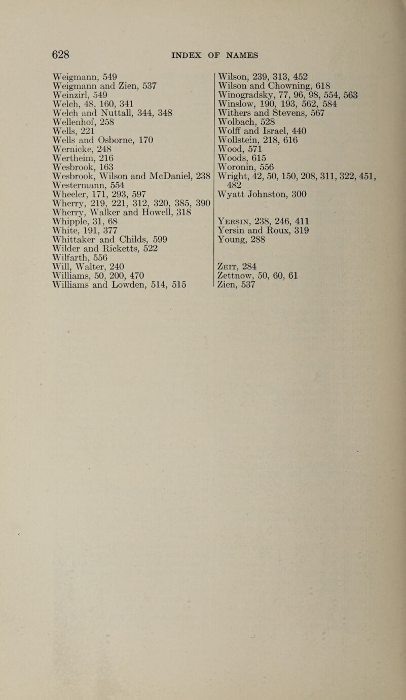 Weigmann, 549 Weigmann and Zien, 537 Weinzirl, 549 Welch, 48, 160, 341 Welch and Nuttall, 344, 348 Wellenhof, 258 Wells, 221 Wells and Osborne, 170 Wernicke, 248 Wertheim, 216 Wesbrook, 163 Wesbrook, Wilson and McDaniel, 238 Westermann, 554 Wheeler, 171, 293, 597 Wherry, 219, 221, 312, 320, 385, 390 Wherry, Walker and Howell, 318 Whipple, 31, 68 White, 191, 377 Whittaker and Childs, 599 Wilder and Ricketts, 522 Wilfarth, 556 Will, Walter, 240 Williams, 50, 200, 470 Williams and Lowden, 514, 515 Wilson, 239, 313, 452 Wilson and Chowning, 618 Winogradsky, 77, 96, 98, 554, 563 Winslow, 190, 193, 562, 584 Withers and Stevens, 567 Wolbach, 528 Wolff and Israel, 440 Wollstein, 218, 616 Wood, 571 Woods, 615 Woronin, 556 Wright, 42, 50, 150, 208, 311, 322, 451, 482 Wyatt Johnston, 300 Yersin, 238, 246, 411 Yersin and Roux, 319 Young, 288 Zeit, 284 Zettnow, 50, 60, 61 Zien, 537