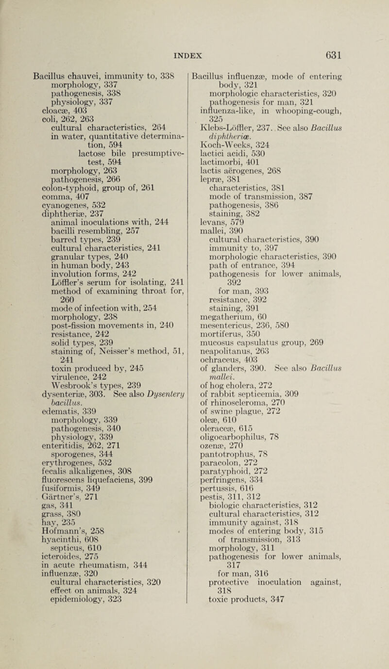 Bacillus chauvei, immunity to, 338 morphology, 337 pathogenesis, 338 physiology, 337 cloacae, 403 coli, 262, 263 cultural characteristics, 284 in water, quantitative determina¬ tion, 594 lactose bile presumptive- test, 594 morphology, 263 pathogenesis, 266 colon-typhoid, group of, 261 comma, 407 cyanogenes, 532 diphtheriae, 237 animal inoculations with, 244 bacilli resembling, 257 barred types, 239 cultural characteristics, 241 granular types, 240 in human body, 243 involution forms, 242 Loffler’s serum for isolating, 241 method of examining throat for, 260 mode of infection with, 254 morphology, 238 post-fission movements in, 240 resistance, 242 solid types, 239 staining of, Neisser’s method, 51, 241 toxin produced by, 245 virulence, 242 Wesbrook’s types, 239 dysenteriae, 303. See also Dysentery bacillus. edematis, 339 morphology, 339 pathogenesis, 340 physiology, 339 enteritidis, 262, 271 sporogenes, 344 erythrogenes, 532 fecalis alkaligenes, 308 fluorescens liquefaciens, 399 fusiformis, 349 Gartner’s, 271 gas, 341 grass, 380 hay, 235 Hofmann’s, 258 hyacinthi, 608 septicus, 610 icteroides, 275 in acute rheumatism, 344 influenzae, 320 cultural characteristics, 320 effect on animals, 324 epidemiology, 323 Bacillus influenzae, mode of entering body, 321 morphologic characteristics, 320 pathogenesis for man, 321 influenza-like, in whooping-cough, 325 Klebs-Loffler, 237. See also Bacillus diphtherias. Koch-Weeks, 324 lactici acidi, 530 lactimorbi, 401 lactis aerogenes, 268 leprae, 381 characteristics, 381 mode of transmission, 387 pathogenesis, 386 staining, 382 levans, 579 mallei, 390 cultural characteristics, 390 immunity to, 397 morphologic characteristics, 390 path of entrance, 394 pathogenesis for lower animals, 392 for man, 393 resistance, 392 staining, 391 megatherium, 60 mesentericus, 236, 580 mortiferus, 350 mucosus capsulatus group, 269 neapolitanus, 263 ochraceus, 403 of glanders, 390. See also Bacillus mallei. of hog cholera, 272 of rabbit septicemia, 309 of rhinoscleroma, 270 of swine plague, 272 olese, 610 oleraceae, 615 oligocarbophilus, 78 ozenae, 270 pantotrophus, 78 paracolon, 272 paratyphoid, 272 perfringens, 334 pertussis, 616 pestis, 311, 312 biologic characteristics, 312 cultural characteristics, 312 immunity against, 318 modes of entering body, 315 of transmission, 313 morphology, 311 pathogenesis for lower animals, 317 for man, 316 protective inoculation against, 318 toxic products, 347