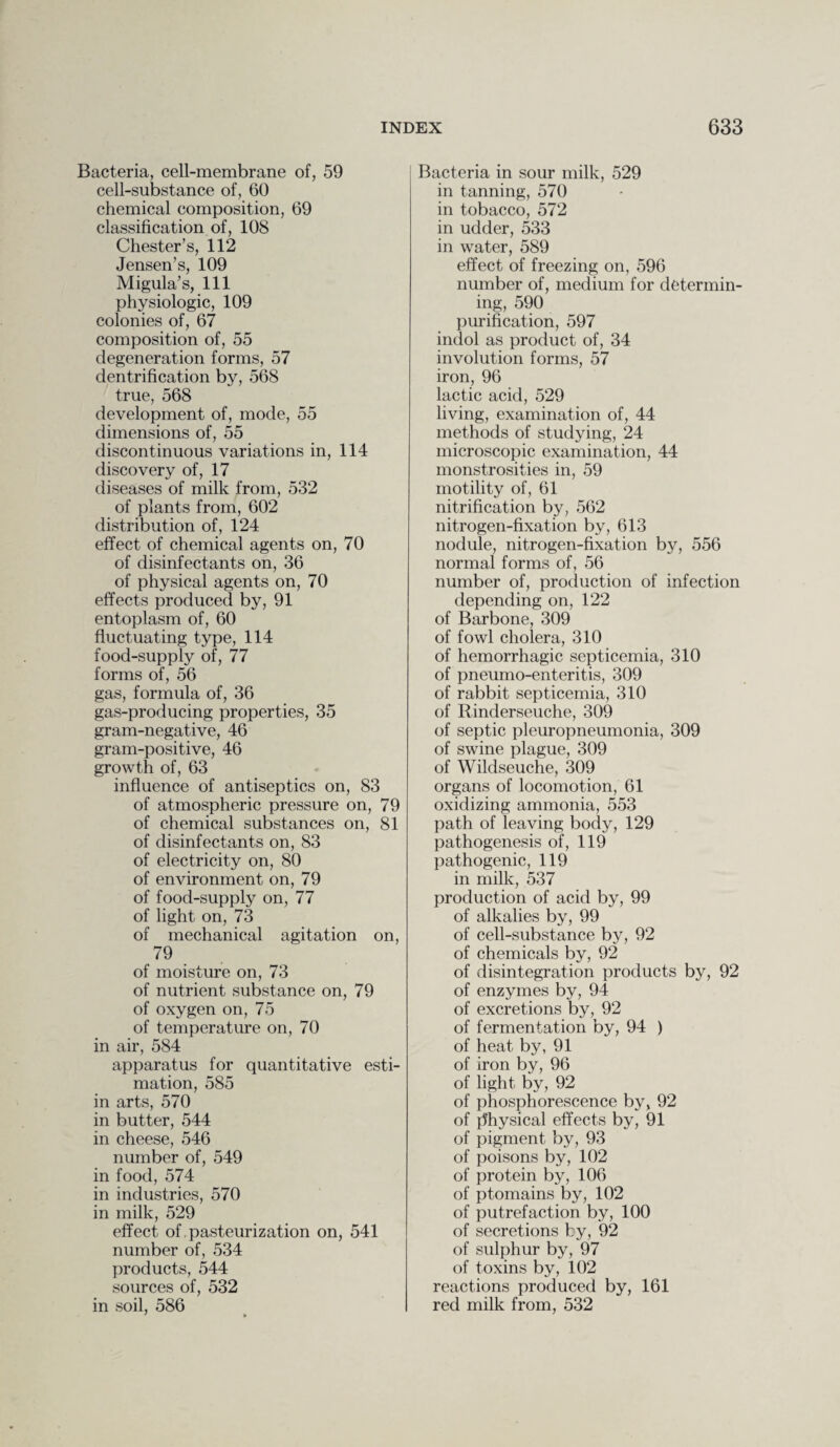 Bacteria, cell-membrane of, 59 cell-substance of, 60 chemical composition, 69 classification of, 108 Chester’s, 112 Jensen’s, 109 Migula’s, 111 physiologic, 109 colonies of, 67 composition of, 55 degeneration forms, 57 dentrification by, 568 true, 568 development of, mode, 55 dimensions of, 55 discontinuous variations in, 114 discovery of, 17 diseases of milk from, 532 of plants from, 602 distribution of, 124 effect of chemical agents on, 70 of disinfectants on, 36 of physical agents on, 70 effects produced by, 91 entoplasm of, 60 fluctuating type, 114 food-supply of, 77 forms of, 56 gas, formula of, 36 gas-producing properties, 35 gram-negative, 46 gram-positive, 46 growth of, 63 influence of antiseptics on, 83 of atmospheric pressure on, 79 of chemical substances on, 81 of disinfectants on, 83 of electricity on, 80 of environment on, 79 of food-supply on, 77 of light on, 73 of mechanical agitation on, 79 of moisture on, 73 of nutrient substance on, 79 of oxygen on, 75 of temperature on, 70 in air, 584 apparatus for quantitative esti¬ mation, 585 in arts, 570 in butter, 544 in cheese, 546 number of, 549 in food, 574 in industries, 570 in milk, 529 effect of pasteurization on, 541 number of, 534 products, 544 sources of, 532 in soil, 586 ' •> Bacteria in sour milk, 529 in tanning, 570 in tobacco, 572 in udder, 533 in water, 589 effect of freezing on, 596 number of, medium for determin¬ ing, 590 purification, 597 indol as product of, 34 involution forms, 57 iron, 96 lactic acid, 529 living, examination of, 44 methods of studying, 24 microscopic examination, 44 monstrosities in, 59 motility of, 61 nitrification by, 562 nitrogen-fixation by, 613 nodule, nitrogen-fixation by, 556 normal forms of, 56 number of, production of infection depending on, 122 of Barbone, 309 of fowl cholera, 310 of hemorrhagic septicemia, 310 of pneumo-enteritis, 309 of rabbit septicemia, 310 of Rinderseuche, 309 of septic pleuropneumonia, 309 of swine plague, 309 of Wildseuche, 309 organs of locomotion, 61 oxidizing ammonia, 553 path of leaving body, 129 pathogenesis of, 119 pathogenic, 119 in milk, 537 production of acid by, 99 of alkalies by, 99 of cell-substance by, 92 of chemicals by, 92 of disintegration products by, 92 of enzymes by, 94 of excretions by, 92 of fermentation by, 94 ) of heat by, 91 of iron by, 96 of light by, 92 of phosphorescence by, 92 of physical effects by, 91 of pigment by, 93 of poisons by, 102 of protein by, 106 of ptomains by, 102 of putrefaction by, 100 of secretions by, 92 of sulphur by, 97 of toxins by, 102 reactions produced by, 161 red milk from, 532