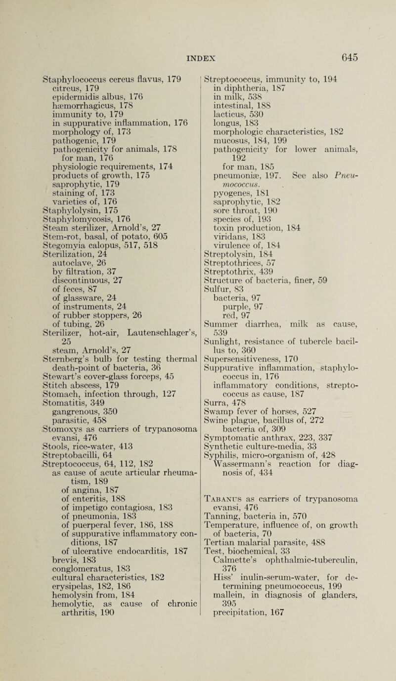 Staphylococcus cereus flavus, 179 citreus, 179 epidermidis albus, 176 haemorrhagicus, 178 immunity to, 179 in suppurative inflammation, 176 morphology of, 173 pathogenic, 179 pathogenicity for animals, 178 for man, 176 physiologic requirements, 174 products of growth, 175 saprophytic, 179 staining of, 173 varieties of, 176 Staphylolysin, 175 Staphylomycosis, 176 Steam sterilizer, Arnold’s, 27 Stem-rot, basal, of potato, 605 Stegomyia calopus, 517, 518 Sterilization, 24 autoclave, 26 by filtration, 37 discontinuous, 27 of feces, 87 of glassware, 24 of instruments, 24 of rubber stoppers, 26 of tubing, 26 Sterilizer, hot-air, Lautenschlager’s, 25 steam, Arnold’s, 27 Sternberg’s bulb for testing thermal death-point of bacteria, 36 Stewart’s cover-glass forceps, 45 Stitch abscess, 179 Stomach, infection through, 127 Stomatitis, 349 gangrenous, 350 parasitic, 458 Stomoxys as carriers of trypanosoma evansi, 476 Stools, rice-water, 413 Streptobacilli, 64 .Streptococcus, 64, 112, 182 as cause of acute articular rheuma¬ tism, 189 of angina, 187 of enteritis, 188 of impetigo contagiosa, 183 of pneumonia, 183 of puerperal fever, 186, 188 of suppurative inflammatory con¬ ditions, 187 of ulcerative endocarditis, 187 brevis, 183 conglomeratus, 183 cultural characteristics, 182 erysipelas, 182, 186 hemolysin from, 184 hemolytic, as cause of chronic arthritis, 190 Streptococcus, immunity to, 194 in diphtheria, 187 in milk, 538 intestinal, 18S lacticus, 530 longus, 183 morphologic characteristics, 182 mucosus, 184, 199 pathogenicity for lower animals, 192 for man, 185 pneumoniae, 197. See also Pneu¬ mococcus. pyogenes, 181 saprophytic, 182 sore throat, 190 species of, 193 toxin production, 184 viridans, 183 virulence of, 184 Streptolysin, 184 Streptot.hrices, 57 Streptothrix, 439 Structure of bacteria, finer, 59 Sulfur, 83 bacteria, 97 purple, 97 red, 97 Summer diarrhea, milk as cause, 539 Sunlight, resistance of tubercle bacil¬ lus to, 360 Supersensitiveness, 170 Suppurative inflammation, staphylo¬ coccus in, 176 inflammatory conditions, strepto¬ coccus as cause, 187 Surra, 478 Swamp fever of horses, 527 Swine plague, bacillus of, 272 bacteria of, 309 Symptomatic anthrax, 223, 337 Synthetic culture-media, 33 Syphilis, micro-organism of, 428 Wassermann’s reaction for diag¬ nosis of, 434 Tab anus as carriers of trypanosoma evansi, 476 Tanning, bacteria in, 570 Temperature, influence of, on growth of bacteria, 70 Tertian malarial parasite, 488 Test, biochemical, 33 Calmette’s ophthalmic-tuberculin, 376 Hiss’ inulin-serum-water, for de¬ termining pneumococcus, 199 mallein, in diagnosis of glanders. 395 precipitation, 167
