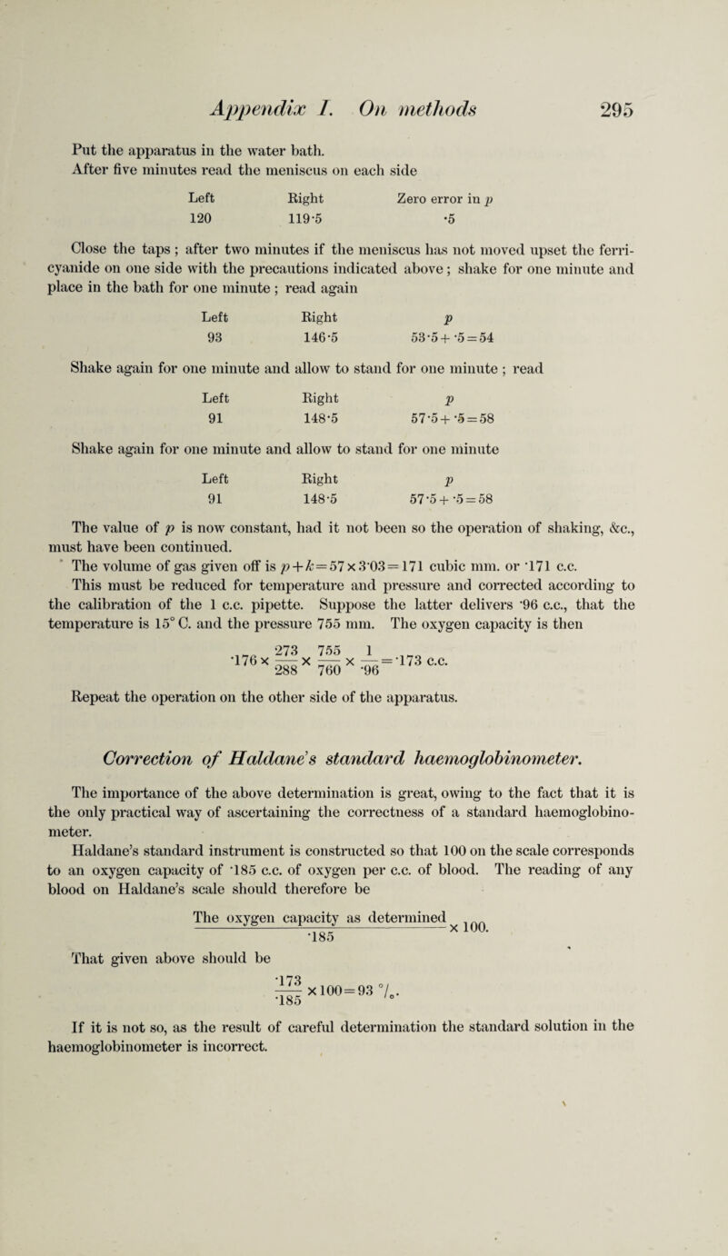 Put the apparatus in the water bath. After five minutes read the meniscus on each side Left Eight Zero error in p 120 119-5 -5 Close the taps ; after two minutes if the meniscus has not moved upset the ferri- cyanide on one side with the precautions indicated above; shake for one minute and place in the bath for one minute ; read again Left Right p 93 146-5 53-5+-5 = 54 Shake again for one minute and allow to stand for one minute ; read Left Right p 91 148-5 57-5+ -5 = 58 Shake again for one minute and allow to stand for one minute Left Right p 91 148-5 57-5+-5 = 58 The value of p is now constant, had it not been so the operation of shaking, &c., must have been continued. The volume of gas given off is p + k=57 x 3*03= 171 cubic mm. or *171 c.c. This must be reduced for temperature and pressure and corrected according to the calibration of the 1 c.c. pipette. Suppose the latter delivers '96 c.c., that the temperature is 15° C. and the pressure 755 mm. The oxygen capacity is then 273 755 1 176X 288X 760 ><:96='173C'C- Repeat the operation on the other side of the apparatus. Correction of Haldane s standard haemoglobinometer. The importance of the above determination is great, owing to the fact that it is the only practical way of ascertaining the correctness of a standard haemoglobino¬ meter. Haldane’s standard instrument is constructed so that 100 on the scale corresponds to an oxygen capacity of 185 c.c. of oxygen per c.c. of blood. The reading of any blood on Haldane’s scale should therefore be The oxygen capacity as determined -185 x 100. That given above should be 173 •185 X 100 = 93 °/c. If it is not so, as the result of careful determination the standard solution in the haemoglobinometer is incorrect.