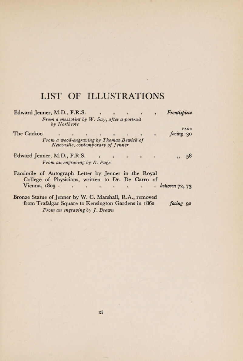 LIST OF ILLUSTRATIONS Edward Jenner, M.D., F.R.S. Front a mezzotint by W. Say, after a portrait by Northcote The Cuckoo ....... From a wood-engraving by Thomas Bewick of Newcastle, contemporary of Jenner Edward Jenner, M.D., F.R.S. .... From an engraving by R. Page Frontispiece PAGE facing 30 „ 58 Facsimile of Autograph Letter by Jenner in the Royal College of Physicians, written to Dr. De Carro of Vienna, 1803 ........ between 72, 73 Bronze Statue of Jenner by W. C. Marshall, R.A., removed from Trafalgar Square to Kensington Gardens in 1862 facing 92 From an engraving by J. Brown xi