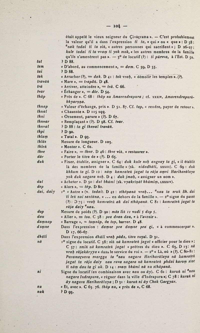 tut tem tai tok travàn trâ tvar thàp thnap thnal Ihni thnvar thnval thpi thlam thlâs thleh thve dàr duk dut dep dai, daiy dop dau damnap damne dhüli nâ ni nu nuk était appelé le vieux seigneur du Çivâçrama ». — C'est probablement la valeur qu’il a dans l’expression ti ta, or qui > ou a que»: D 58: anak iadai ti ta sin, « autres personnes qui sacrifient»; D 26-27: kule tadai ti ta vvam ti yok mok, « les autres membres de la famille qu’ils n’amenèrent pas ». — 30 de locatif (?) : ti pûrwa, à l’Est. D 50. ? D 88. <r D'abord, au commencement», = darm. C 59, D 55. ? D 88. <r Arracher (?), = dak. D 41 : tok vrah, a démolir les temples ». (?). « Mare », = trapàh. D 48. « Arriver, atteindre », = trà. C 66. « Échanger », = dôr. D 54. or Près de ». C 68 : thàp nu Amarendrapura ; cf. xxxiv, Amarendrapurà- bhyarnna. « Valeur d'échange, prix». D 5». 87. Cf. tap, « rendre, payer de retour». « Chaussée ». D 115 sqq. « Ornement, parure » (?). D 67. « Remplaçant» (?). D 98. Cf. tvar. ? D 88 : ta gi thnval travàn. ? D 90. « Total ». D 93. Mesure de longueur. D 103. « Monter ». C 62. « Faire », = thvor. D 46 : thve vin, or restaurer ». « Porter le titre de » (?). D 65. « Fixer, établir, assigner». C 64: duk kule noh angvay ta gi, « il établit là des membres de la famille » (sk. nidadhàti, xxxm). C 69 : duk khhum ta gi. D 12 : nàm kamraten jagat ta râja amvi Hariharàlaya yok duk nagara noh. D 4 : duk jmah, ce assigner un nom ». « Acheter ». D 50 : dut bhûmi (sk. vyakrïnât bhûmim, lxxxiv). « Alors », — t&p. D 80. i° ce Autre » (v. tadai). D 42 : sthâpanâ vrah... anau ta sruk Bh. dai ti len nai santâna, « ... en dehors de la famille ». — 2° signe du passé (?) : D 75 : vrah kamraten ah dai sthâpanâ. C 81 : kamraten jagat ta râja daiy anau. Mesure de poids (?). D 90: mâs lin // vudi J dop 5. « Aller », = tou. C 58 : pra dvan dau, « à l'avenir ». ce Barrage », ~ toinnôp, de top, barrer. D 48. Dans l’expression : damne pra damne pra gi, « à commencerpar ». D 17, 66-67. Dans l’expression dhüli vrah pâda, titre royal. D 31. i° signe du locatif. C 58 : sin nâ kamraten jagat or officier pour le dieu » ; C 57: smih nâ kamraten jagat « prêtres du dieu ». C 63, D 13: où vrah râjakâryya or dans le service du roi ». — 20 « Là, où » (?). C 80-81 : Parameçvara svargga ta anau nagara Hariharàlaya nâ kamraten jagat ta râja daiy nau ruva nagara nâ kamraten phdai karom stac ti nâm dau ta gi uk. D 14 : svam bhûmi nâ nu sthâpanâ. Signe du locatif (en combinaison avec nau ou ây). C 61 : kuruh ni anau nagara Indrapura, or régner dans la ville d’Indrapura »; C 78 : kuruh ni ây nagara Hariharàlaya ; D 31 : kuruh ni ày Chok Gargyar. « Et, avec ». C 63. 76. thàp nu, « près de », C 68. ?E>9j.