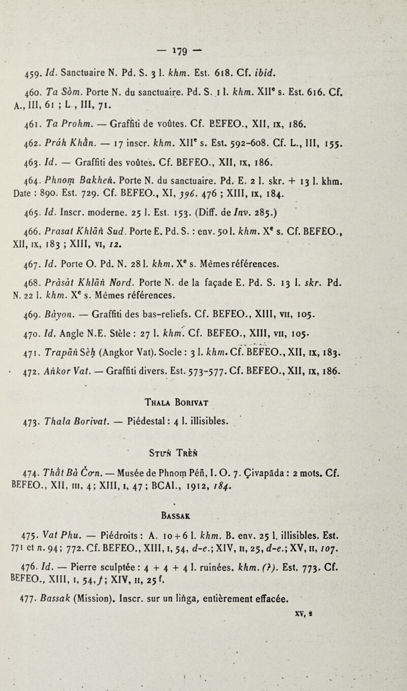 - 179 - 459. Id. Sanctuaire N. Pd. S. 3 1. khm. Est. 618. Cf. ibid. 460. Ta Som. Porte N. du sanctuaire. Pd. S. 11. khm. XIIe s. Est. 616. Cf. A., III, 61 ; L , III, 71. 461. Ta Prohm. — Graffiti de voûtes. Cf. BEFEO., XII, ix, 186. 462. Prâh Khan. — 17 inscr. khm. XIIe s. Est. 592-608. Cf. L., III, 155. 463. Id. — Graffiti des voûtes. Cf. BEFEO., XII, ix, 186. 464. Phnom Bakhen. Porte N. du sanctuaire. Pd. E. 2 1. skr. + 13 1. khm. Date : 890. Est. 729. Cf. BEFEO., XI, 396. 476 ; XIII, ix, 184. 465. Id. Inscr. moderne. 25 1. Est. 153. (Diff. de Inv. 285.) 466. Prasat Khlân Sud. Porte E. Pd. S. : env. 501. khm. Xe s. Cf. BEFEO., XII, ix, 183 ; XIII, vi, 12. 467. Id. Porte O. Pd. N. 281. khm. Xe s. Mêmes références. 468. Pràsàt Khlân Nord. Porte N. de la façade E. Pd. S. 13 1. skr. Pd. N. 22 I. khm. Xe s. Mêmes références. 469. Bàyon. — Graffiti des bas-reliefs. Cf. BEFEO., XIII, vu, 105. 470. Id. Angle N.E. Stèle : 27 1. khm. Cf. BEFEO., XIII, vu, 105. 471. Trapâii Sèh (Angkor Vat). Socle : 3 1. khm. Cf. BEFEO., XII, ix, 183. 472. Ankor Vat. — Graffiti divers. Est. 573-577. Cf. BEFEO., XII, ix, 186. Thala Borivat 473. Thala Borivat. — Piédestal : 4 1. illisibles. / Stitn Trèn 474. That Bà Co*n. — Musée de Phnom Pén, I. O. 7. Çivapâda : 2 mots. Cf. BEFEO., XII, ni, 4; XIII, 1, 47 ; BCAI., 1912, /84. Bassak 475. Vat Phu. — Piédroits: A. 10 + 6 1. khm. B. env. 25 1. illisibles. Est. 771 et n. 94; 772. Cf. BEFEO., XIII, 1, 54, d-e.\XIV, 11, 25, d-e.; XV, 11, 107. 476. Id. — Pierre sculptée : 4 + 4 + 4 1. ruinées, khm. (?). Est. 773. Cf. BEFEO., XIII, i, 54,y ; XIV, », 25 f. 477- Bassak (Mission), Inscr. sur un linga, entièrement effacée. XV, *