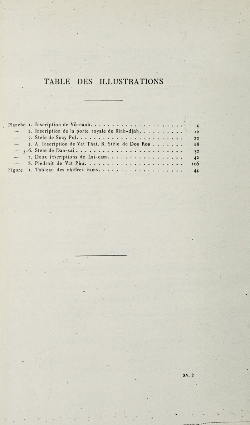 TABLE DES ILLUSTRATIONS Planche i. Inscription de Vô-canh. 4 — 2. Inscription de la porte royale de Binh-djnh. 12 — 3. Stèle de Snay Pol. 22 — 4. A. Inscription de Vat That. B. Stèle de Don Ron. 28 — 5-6. Stèle de Dan-sai. 32 — 7. Deux inscriptions de Lai-cam. 42 — 8. Piédroit de Vat Phu. îo6 Figure 1. Tableau des chiffres cams. 44 XV, 2 i