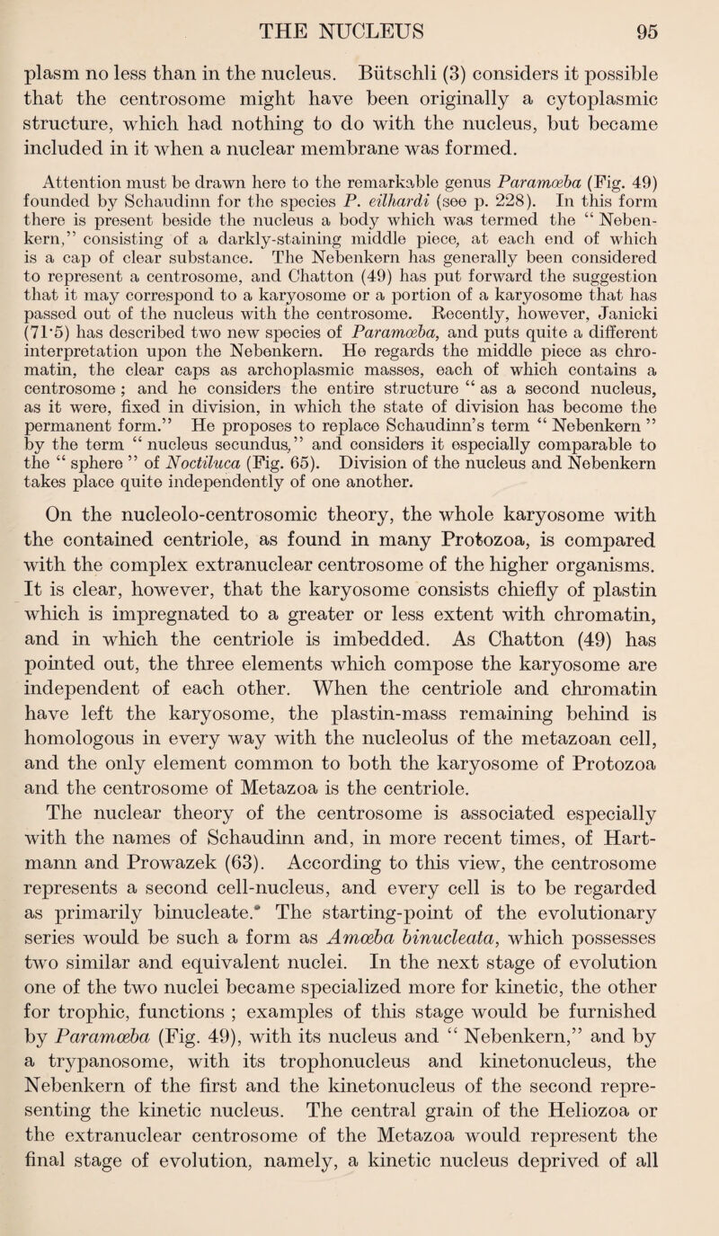 plasm no less than in the nucleus. Butschli (3) considers it possible that the centrosome might have been originally a cytoplasmic structure, which had nothing to do with the nucleus, but became included in it when a nuclear membrane was formed. Attention must be drawn here to the remarkable genus Paramoeba (Fig. 49) founded by Schaudinn for the species P. eilhardi (see p. 228). In this form there is present beside the nucleus a body which was termed the “ Neben¬ kern,” consisting of a darkly-staining middle piece, at each end of which is a cap of clear substance. The Nebenkern has generally been considered to represent a centrosome, and Chatton (49) has put forward the suggestion that it may correspond to a karyosome or a portion of a karyosome that has passed out of the nucleus with the centrosome. Recently, however, Janicki (71*5) has described two new species of Paramoeba, and puts quite a different interpretation upon the Nebenkern. He regards the middle piece as chro¬ matin, the clear caps as archoplasmic masses, each of which contains a centrosome ; and he considers the entire structure “as a second nucleus, as it were, fixed in division, in which the state of division has become the permanent form.” He proposes to replace Schaudinn’s term “ Nebenkern ” bv the term “ nucleus secundus,” and considers it especially comparable to the “ sphere ” of Noctiluca (Fig. 65). Division of the nucleus and Nebenkern takes place quite independently of one another. On the nucleolo-centrosomic theory, the whole karyosome with the contained centriole, as found in many Protozoa, is compared with the complex extranuclear centrosome of the higher organisms. It is clear, however, that the karyosome consists chiefly of plastin which is impregnated to a greater or less extent with chromatin, and in which the centriole is imbedded. As Chatton (49) has pointed out, the three elements which compose the karyosome are independent of each other. When the centriole and chromatin have left the karyosome, the plastin-mass remaining behind is homologous in every way with the nucleolus of the metazoan cell, and the only element common to both the karyosome of Protozoa and the centrosome of Metazoa is the centriole. The nuclear theory of the centrosome is associated especially with the names of Schaudinn and, in more recent times, of Hart¬ mann and Prowazek (63). According to this view, the centrosome represents a second cell-nucleus, and every cell is to be regarded as primarily binucleate. The starting-point of the evolutionary series would be such a form as Amoeba binucleata, which possesses two similar and equivalent nuclei. In the next stage of evolution one of the two nuclei became specialized more for kinetic, the other for trophic, functions ; examples of this stage would be furnished by Paramoeba (Fig. 49), with its nucleus and “ Nebenkern,” and by a trypanosome, with its trophonucleus and kinetonucleus, the Nebenkern of the first and the kinetonucleus of the second repre¬ senting the kinetic nucleus. The central grain of the Heliozoa or the extranuclear centrosome of the Metazoa would represent the final stage of evolution, namely, a kinetic nucleus deprived of all