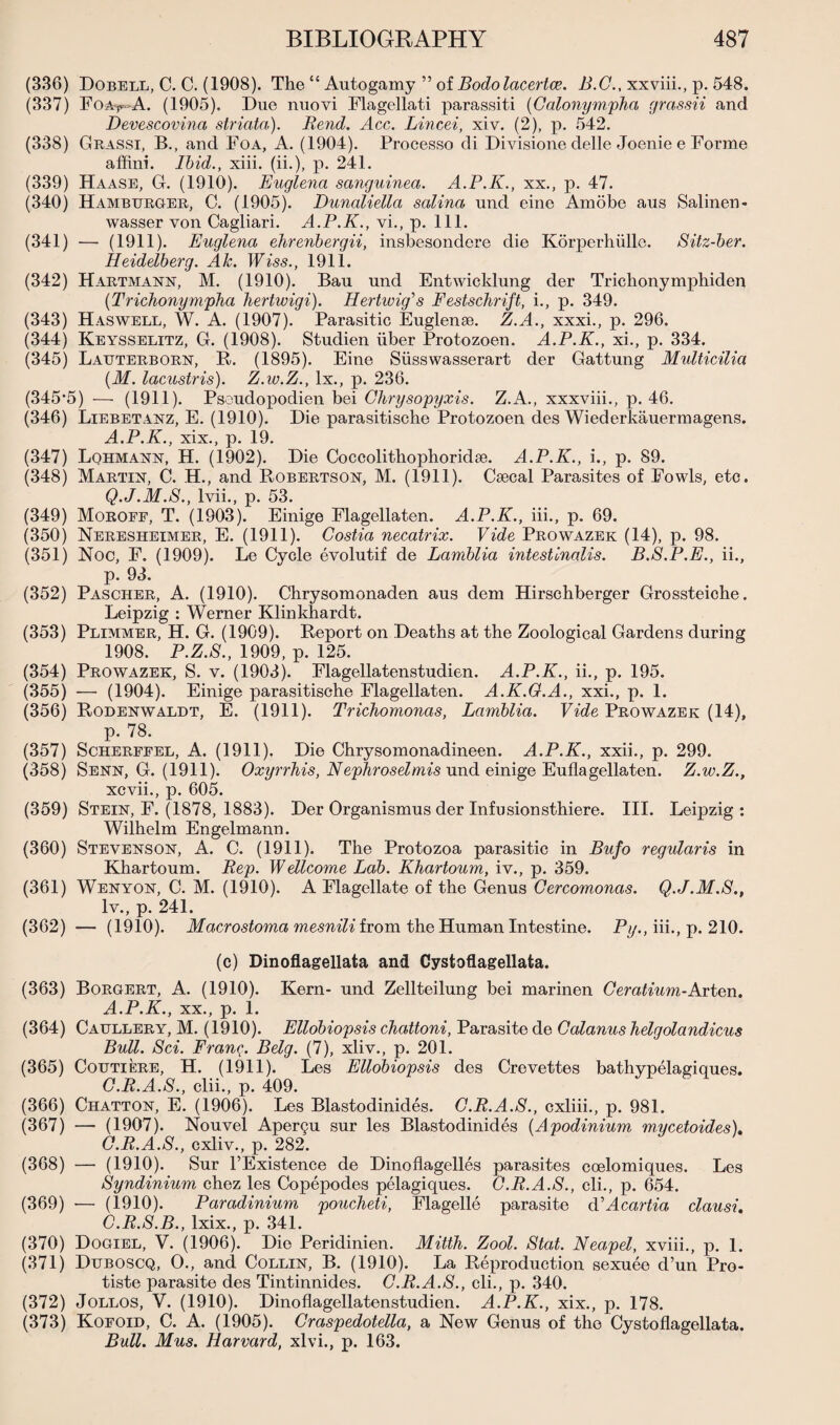 (336) Dobell, C. C. (1908). The “ Autogamy ” of Bodolacertce. B.C., xxviii., p. 548. (337) Foa-^A. (1905). Due nuovi Flagellati parassiti (Galonympha grassii and Devescovina striata). Rend. Acc. Lincei, xiv. (2), p. 542. (338) Grassi, B., and Foa, A. (1904). Processo di Divisione delle Joenie e Forme affini. Ibid., xiii. (ii.), p. 241. (339) Haase, G. (1910). Euglena sanguinea. A.P.K., xx., p. 47. (340) Hamburger, C. (1905). Dunaliella salina und eine Amobe aus Salinen- wasser von Cagliari. A.P.K., vi., p. 111. (341) — (1911). Euglena ehrenbergii, insbesondere die Korperhiille. Sitz-ber. Heidelberg. Ak. Wiss., 1911. (342) Hartmann, M. (1910). Bau und Entwicklung der Trichonymphiden (Trichonympha hertwigi). Hertivig,s Festschrift, i., p. 349. (343) Haswell, W. A. (1907). Parasitic Euglense. Z.A., xxxi., p. 296. (344) Keysselitz, G. (1908). Studien iiber Protozoen. A.P.K., xi., p. 334. (345) Lauterborn, R. (1895). Eine Siisswasserart der Gattung Multicilia (M. lacustris). Z.iv.Z., lx., p. 236. (345*5) — (1911). Psoudopodien bei Chrysopyxis. Z.A., xxxviii., p. 46. (346) Liebetanz, E. (1910). Die parasitiscbe Protozoen des Wiederkauermagens. A.P.K., xix., p. 19. (347) Lqhmann, H. (1902). Die Coccolitliophoridse. A.P.K., i., p. 89. (348) Martin, C. H., and Robertson, M. (1911). Csecal Parasites of Fowls, etc. Q.J.M.8., lvii., p. 53. (349) Morofe, T. (1903). Einige Flagellaten. A.P.K., iii., p. 69. (350) Neresheimer, E. (1911). Costia necatrix. Vide Prowazek (14), p. 98. (351) Noc, F. (1909). Le Cycle evolutif de Lamblia intestinalis. B.S.P.E., ii., p. 93. (352) Pasciier, A. (1910). Chrysomonaden aus dem Hirschberger Grossteiche. Leipzig : Werner Klinkhardt. (353) Plimmer, H. G. (19G9). Report on Deaths at the Zoological Gardens during 1908. P.Z.S., 1909, p. 125. (354) Prowazek, S. v. (1903). Flagellatenstudien. A.P.K., ii., p. 195. (355) — (1904). Einige parasitische Flagellaten. A.K.O.A., xxi., p. 1. (356) Rodenwaldt, E. (1911). Trichomonas, Lamblia. Vide Prowazek (14), p. 78. (357) Scherfeel, A. (1911). Die Chrysomonadineen. A.P.K., xxii., p. 299. (358) Senn, G. (1911). Oxyrrhis, Nephroselmis und einige Euflagellaten. Z.w.Z., xcvii., p. 605. (359) Stein, F. (1878, 1883). Der Organismus der Infusion sthiere. III. Leipzig: Wilhelm Engelmann. (360) Stevenson, A. C. (1911). The Protozoa parasitic in Bufo regularis in Khartoum. Rep. Wellcome Lab. Khartoum, iv., p. 359. (361) Wenyon, C. M. (1910). A Flagellate of the Genus Cercomonas. Q.J.M.8., lv., p. 241. (362) — (1910). Macrostoma mesnili from the Human Intestine. Py., iii., p. 210. (c) Dinoflagellata and Cystoflagellata. (363) Borgert, A. (1910). Kern- und Zellteilung bei marinen Geratium-Arten. A.P.K., xx., p. 1. (364) Caullery, M. (1910). Ellobiopsis chattoni, Parasite de Calanus helgolandicus Bull. Sci. Franc.. Belg. (7), xliv., p. 201. (365) Coutiere, H. (1911). Les Ellobiopsis des Crevettes bathypelagiques. C.R.A.8., clii., p. 409. (366) Chatton, E. (1906). Les Blastodinides. G.R.A.8., cxliii., p. 981. (367) — (1907). Nouvel Aper§u sur les Blastodinides (Apodinium mycetoides). O.R.A.8., cxliv., p. 282. (368) — (1910). Sur l’Existence de Dinoflagelles parasites coelomiques. Les Syndinium chez les Copepodes pelagiques. C.R.A.S., cli., p. 654. (369) •— (1910). Paradinium poucheti, Flagelle parasite WAcartia clausi. C.R.S.B., lxix., p. 341. (370) Dogiel, V. (1906). Die Peridinien. Mitth. Zool. Stat. Neapel, xviii., p. 1. (371) Duboscq, O., and Collin, B. (1910). La Reproduction sexuee d’un Pro- tiste parasite des Tintinnides. G.R.A.S., cli., p. 340. (372) Jollos, V. (1910). Dinoflagellatenstudien. A.P.K., xix., p. 178. (373) Kofoid, C. A. (1905). Craspedotella, a New Genus of the Cystoflagellata. Bull. Mus. Harvard, xlvi., p. 163.
