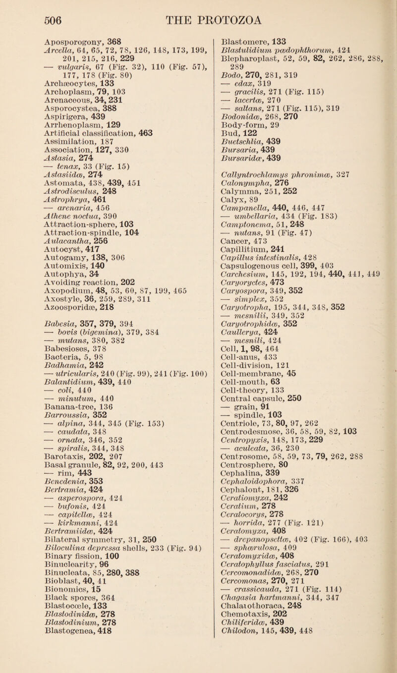 Aposporogony, 368 Arcella, 64, 65, 72, 78, 126, 148, 173, 199, 201, 215, 216, 229 — vulgaris, 67 (Fig. 32), 110 (Fig. 57), 177, 178 (Fig. 80) Archseocytes, 133 Archoplasm, 79, 103 Arenaceous, 34, 231 Asporocystea, 388 Aspirigera, 439 Arrhenoplasm, 129 Artificial classification, 463 Assimilation, 187 Association, 127, 330 Astasia, 274 — tenax, 33 (Fig. 15) Astasiidco, 274 Astomata, 438, 439, 451 Astrodisculus, 248 Astrophrya, 461 — arenaria, 456 Athene noctua, 390 Attraction-sphere, 103 Attraction-spindle, 104 Aulacantha, 256 Autocyst, 417 Autogamy, 138, 306 Automixis, 140 Autophya, 34 Avoiding reaction, 202 Axopodium, 48, 53, 60, 87, 199, 465 Axostyle, 36, 259, 289, 311 Azoosporidoe, 218 Babesia, 357, 379, 394 — bovis (bigemina), 379, 384 — mutans, 380, 382 Babesioses, 378 Bacteria, 5, 98 Badhamia, 242 — utricularis, 240 (Fig. 99), 241 (Fig. 100) Balantidium, 439, 440 — coli, 440 — minutum, 440 Banana-tree, 136 Barroussia, 352 — alpina, 344, 345 (Fig. 153) — caudata, 348 — ornata, 346, 352 — spiralis, 344, 348 Barotaxis, 202, 207 Basal granule, 82, 92, 200, 443 — rim, 443 Benedenia, 353 Bertramia, 424 — asperospora, 424 — bufonis, 424 — capitellce, 424 — kirkmanni, 424 Bcrtramiidce, 424 Bilateral symmetry, 31, 250 Biloculina depressa shells, 233 (Fig. 94) Binary fission, 100 Binucloarity, 96 Binucleata, 85, 280, 388 Bioblast, 40, 41 Bionomics, 15 Black spores, 364 Blastocoelo, 133 Blastodinidco, 278 Blastodinium, 278 Blastogenea, 418 Blastomore, 133 Blastulidium pwdophthorum, 424 Blepharoplast, 52, 59, 82, 262, 286, 288, 289 Bodo, 270, 281, 319 — edax, 319 — gracilis, 271 (Fig. 115) — lacertw, 270 — saltans, 271 (Fig. 115), 319 Bodonidaz, 268, 270 Body-form, 29 Bud, 122 Buetschlia, 439 Bursaria, 439 Bursaridce, 439 Callyntrochlamys phronimee, 327 Calonympha, 276 Calymma, 251, 252 Calyx, 89 Campanella, 440, 446, 447 — umbellaria, 434 (Fig. 183) CamjAonema, 51, 248 — nutans, 91 (Fig. 47) Cancer, 473 Capillitium, 241 Capillus intestinalis, 428 Capsulogenous cell, 399, 403 Carchesium, 145, 192, 194, 440, 441, 449 Caryoryctes, 473 Caryospora, 349, 352 — simplex, 352 Caryotropha, 195, 344, 348, 352 — mesnilii, 349, 352 Caryotrophidm, 352 Caullerya, 424 — mesnili, 424 Cell, 1, 98, 464 Cell-anus, 433 Cell-division, 121 Cell-membrane, 45 Cell-mouth, 63 Cell-theory, 133 Central capsule, 250 — grain, 91 — spindle, 103 Centriole, 73, 80, 97, 262 Centrodesmose, 36, 58, 59, 82, 103 Centropyxis, 148, 173, 229 — aculeata, 36, 230 Centrosomo, 58, 59, 73, 79, 262, 288 Centrosphere, 80 Cephalina, 339 Cephaloidophora, 337 Cephalont, 181, 326 Ceratiomyxa, 242 Ceratium, 278 Ceratocorys, 278 — horrida, 277 (Fig. 121) Ceratomyxa, 408 — drepanopsettcG, 402 (Fig. 166), 403 — splimrulosa, 409 Ceratomyxidev, 408 Ceratophyllus fasciatus, 291 Cercomonadidm, 268, 270 Cercomonas, 270, 271 — crassicauda, 271 (Fig. 114) Chagasia hartmanni, 344, 347 Chalaiothoraca, 248 Chemotaxis, 202 ChiliferidcG, 439 Chilodon, 145, 439, 448