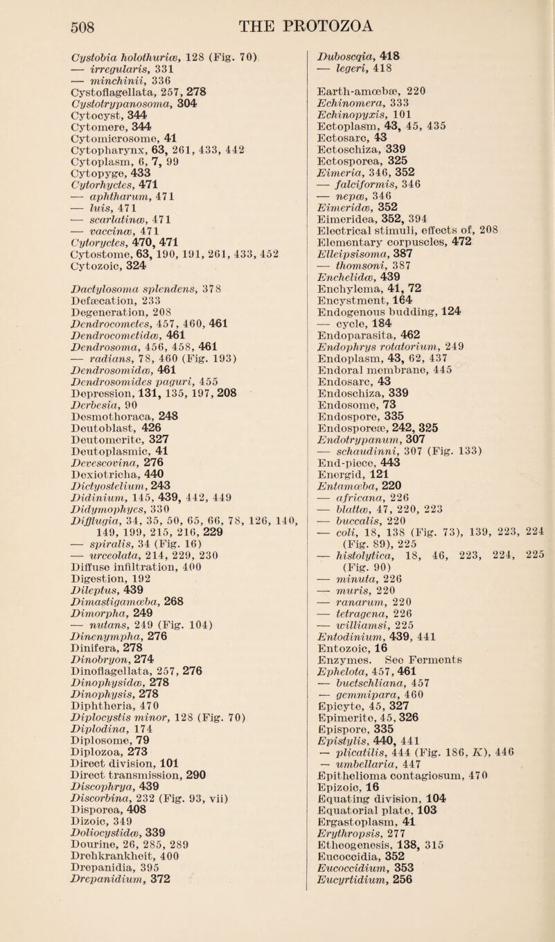 Cystobia holothuriae, 128 (Fig. 70) — irregularis, 331 — minchinii, 336 Cystoflagellata, 257, 278 Cystotrypanosoma, 304 Cytocyst, 344 Cytomere, 344 Cytomicrosome, 41 Cytopharynx, 63, 261, 433, 442 Cytoplasm, 6, 7, 99 Cytopyge, 433 Cytorhyctes, 471 — aphtha-rum, 471 — luis, 471 — scarlatina?, 471 — vaccina), 471 Cytoryctes, 470, 471 Cytostome, 63, 190, 191, 261, 433, 452 Cytozoic, 324 Dactylosoma splendens, 378 Defaecation, 233 Degeneration, 208 Dendrocometes, 457, 460, 461 Dendrocometida}, 461 Dendrosoma, 456, 458, 461 — radians, 78, 460 (Fig. 193) Dendrosomidco, 461 Dendrosomides paguri, 455 Depression, 131, 135, 197, 208 Derbesia, 90 Desmothoraca, 248 Deutoblast, 426 Deutomcritc, 327 Deutoplasmic, 41 Devescovina, 276 Dexiotricha, 440 Dictyostelium, 243 Didinium, 145, 439, 442, 449 Didymophycs, 330 Difflugia, 34, 35, 50, 65, 66, 78, 126, 140, 149, 199, 215, 216, 229 — spiralis, 34 (Fig. 16) — urceolata, 214, 229, 230 Diffuse infiltration, 400 Digestion, 192 Dileptus, 439 Dimastig amoeba, 268 Dimorpha, 249 — nutans, 249 (Fig. 104) Dinenympha, 276 Dinifera, 278 Dinobryon, 274 Dinoflagellata, 257, 276 Dinophysidco, 278 Dinophysis, 278 Diphtheria, 470 Diplocystis minor, 128 (Fig. 70) Diplodina, 174 Diplosome, 79 Diplozoa, 273 Direct division, 101 Direct transmission, 290 Discophrya, 439 Discorbina, 232 (Fig. 93, vii) Disporea, 408 Dizoic, 349 Doliocystida), 339 Dourino, 26, 285, 289 Drehkrankhoit, 400 Drepanidia, 395 Drepanidium, 372 Duboscqia, 418 — legeri, 418 Earth-amoebae, 220 Echinomera, 333 Echinopyxis, 101 Ectoplasm, 43, 45, 435 Ectosarc, 43 Ectoschiza, 339 Ectosporea, 325 Eimeria, 346, 352 — falciformis, 346 — nepa}, 346 Eimerida), 352 Eimcridea, 352, 394 Electrical stimuli, effects of, 208 Elementary corpuscles, 472 Elleipsisoma, 387 — thomsoni, 387 Enchelidco, 439 Enchylcma, 41, 72 Encystmont, 164 Endogenous budding, 124 — cycle, 184 Endoparasita, 462 Endophrys rotatorium, 249 Endoplasm, 43, 62, 437 Endoral membrane, 445 Endosarc, 43 Endoschiza, 339 Endosome, 73 Endospore, 335 Endosporeae, 242, 325 Endotrypanum, 307 — schaudinni, 307 (Fig. 133) End-piece, 443 Energid, 121 Entamoeba, 220 -— africana, 226 — blattce, 47, 220, 223 -— buccalis, 220 — coli, 18, 138 (Fig. 73), 139, 223, 224 (Fig. 89), 225 — histolytica, 18, 46, 223, 224, 225 (Fig. 90) — minuta, 226 — muris, 220 — ranarum, 220 — tetragena, 226 — williamsi, 225 Entodinium, 439, 441 Entozoic, 16 Enzymes. See Ferments Ephelota, 457, 461 — buetschliana, 457 — gemmipara, 460 Epicyte, 45, 327 Epimeritc, 45, 326 Epispore, 335 Epistylis, 440, 441 — plicatilis, 444 (Fig. 186, K), 446 — umbellaria, 447 Epithelioma contagiosum, 470 Epizoic, 16 Equating division, 104 Equatorial plate, 103 Ergastoplasm, 41 Erythropsis, 277 Ethcogenosis, 138, 315 Eucoccidia, 352 Eucoccidium, 353 Eucyrtidium, 256
