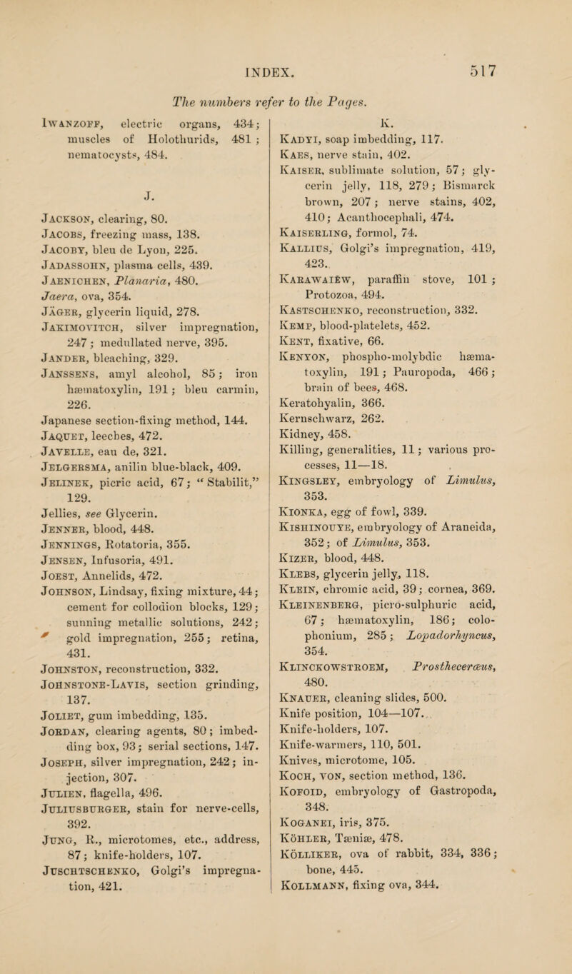 The numbers refer to the Pages. Iwanzoff, electric organs, 434; muscles of Holothurids, 481 ; nematocysts, 484. J. Jackson, clearing, 80. Jacobs, freezing mass, 138. Jacoby, bleu de Lyon, 225. Jadassohn, plasma cells, 439. Jaenichen, Planaria, 480. Jaera, ova, 354. Jager, glycerin liquid, 278. Jakimoyitch, silver impregnation, 247 ; medullated nerve, 395. Jander, bleaching, 329. Janssens, amyl alcohol, 85; iron haematoxylin, 191; bleu carmin, 226. Japanese section-fixing method, 144. Jaqtjet, leeches, 472. Jayelle, eau de, 321. Jelgersma, anilin blue-black, 409. Jelinek, picric acid, 67; “ Stabilit,” 129. Jellies, see Glycerin. Jenner, blood, 448. Jennings, Rotatoria, 355. Jensen, Infusoria, 491. Joest, Annelids, 472. Johnson, Lindsay, fixing mixture, 44 ; cement for collodion blocks, 129; sunning metallic solutions, 242; gold impregnation, 255; retina, 431. Johnston, reconstruction, 332. JoHNSTONE-Layis, section grinding, 137. Joliet, gum imbedding, 135. Jordan, clearing agents, 80; imbed¬ ding box, 93; serial sections, 147. Joseph, silver impregnation, 242; in¬ jection, 307. Julien, flagella, 496. Juliusburger, stain for nerve-cells, 392. Jung, R., microtomes, etc., address, 87; knife-holders, 107. Juschtschenko, Golgi’s impregna¬ tion, 421. K. Kadyi, soap imbedding, 117. Kaes, nerve stain, 402. Kaiser, sublimate solution, 57; gly¬ cerin jelly, 118, 279; Bismarck brown, 207; nerve stains, 402, 410; Acanthocephali, 474. Kaiserling, formol, 74. Kallius, Golgi’s impregnation, 419, 423. KarawaiEw, paraffin stove, 101 ; Protozoa, 494. ; Ivastsohenko, reconstruction, 332. Ivemp, blood-platelets, 452. Kent, fixative, 66. Kenyon, phospho-molybdic haema- toxylin, 191; Pauropoda, 466; brain of bees, 468. Keratohyalin, 366. Kernschwarz, 262. Kidney, 458. Killing, generalities, 11; various pro¬ cesses, 11—18. Kingsley, embryology of Limulus, 353. Kionka, egg of fowl, 339. Kishinouye, embryology of Araneida, 352; of Limulus, 353. Kizer, blood, 448. Klebs, glycerin jelly, 118. Klein, chromic acid, 39; cornea, 369. Kleinenberg, picro-sulphuric acid, 67; haematoxylin, 186; colo- phonium, 285; Lopaclorhyncus, 354. Klinckowstroem, Prosthecerceus, 480. Knauer, cleaning slides, 500. Knife position, 104—107., Knife-holders, 107. Knife-warmers, 110, 501. Knives, microtome, 105. Koch, yon, section method, 136. Kofoid, embryology of Gastropoda, 348. Ivoganei, iris, 375. Kohler, Taeniae, 478. Kolliker, ova of rabbit, 334, 336; bone, 445. Kollmann, fixing ova, 344.