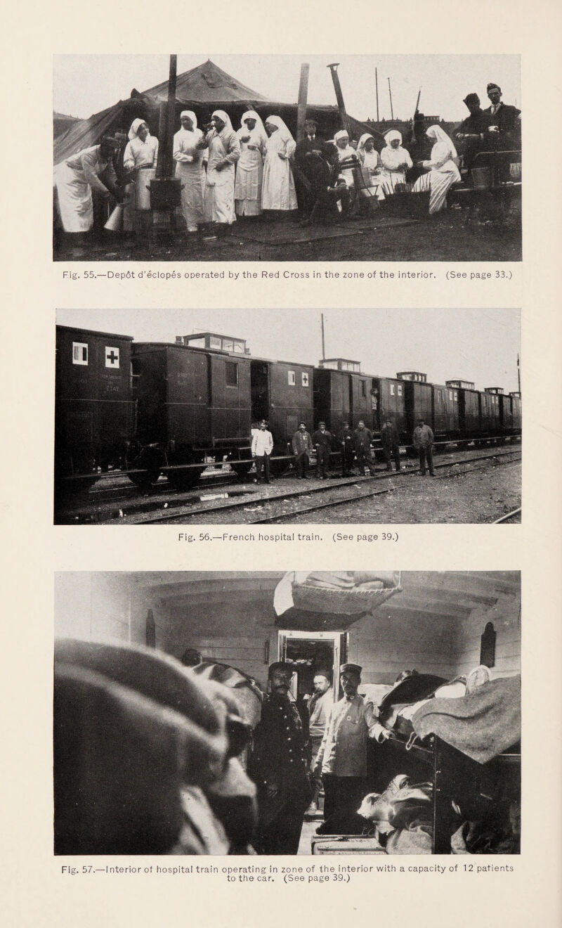 Fig. 55.—Depdt d’eclopes operated by the Red Cross in the zone of the interior. (See page 33.) Fig. 56.—French hospital train. (See page 39.) Fig. 57.—I nterior of hospital train operating in zone of the interior with a capacity of 12 patients