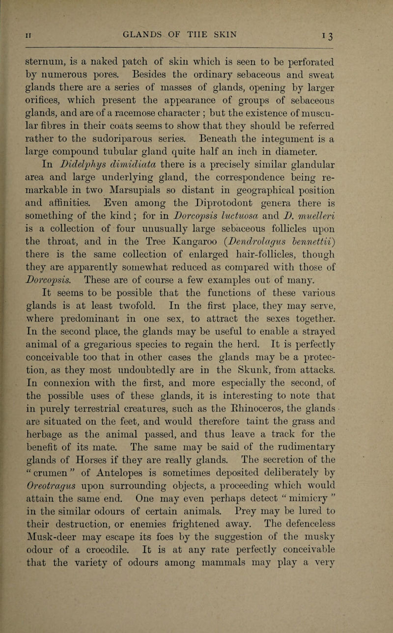 GLANDS OF THE SKIN sternum, is a naked patch of skin which is seen to be perforated by numerous pores. Besides the ordinary sebaceous and sweat glands there are a series of masses of glands, opening by larger orifices, which present the appearance of groups of sebaceous glands, and are of a racemose character ; but the existence of muscu¬ lar fibres in their coats seems to show that they should be referred rather to the sudoriparous series. Beneath the integument is a large compound tubular gland quite half an inch in diameter. In Didelphys dimidiata there is a precisely similar glandular area and large underlying gland, the correspondence being re¬ markable in two Marsupials so distant in geographical position and affinities. Even among the Diprotodont genera there is something of the kind; for in Dorcopsis luctuosa and D. muelleri is a collection of four unusually large sebaceous follicles upon the throat, and in the Tree Kangaroo (.Dendrolagus bennettii) there is the same collection of enlarged hair-follicles, though they are apparently somewhat reduced as compared with those of Dorcopsis. These are of course a few examples out of many. It seems to be possible that the functions of these various glands is at least twofold. In the first place, they may serve, where predominant in one sex, to attract the sexes together. In the second place, the glands may be useful to enable a strayed animal of a gregarious species to regain the herd. It is perfectly conceivable too that in other cases the glands may be a protec¬ tion, as they most undoubtedly are in the Skunk, from attacks. In connexion with the first, and more especially the second, of the possible uses of these glands, it is interesting to note that in purely terrestrial creatures, such as the Bhinoceros, the glands are situated on the feet, and would therefore taint the grass and herbage as the animal passed, and thus leave a track for the benefit of its mate. The same may be said of the rudimentary glands of Horses if they are really glands. The secretion of the “ crumen ” of Antelopes is sometimes deposited deliberately by Oreotragus upon surrounding objects, a proceeding which would attain the same end. One may even perhaps detect “ mimicry ” in the similar odours of certain animals. Prey may be lured to their destruction, or enemies frightened away. The defenceless Musk-deer may escape its foes by the suggestion of the musky odour of a crocodile. It is at any rate perfectly conceivable that the variety of odours among mammals may play a very