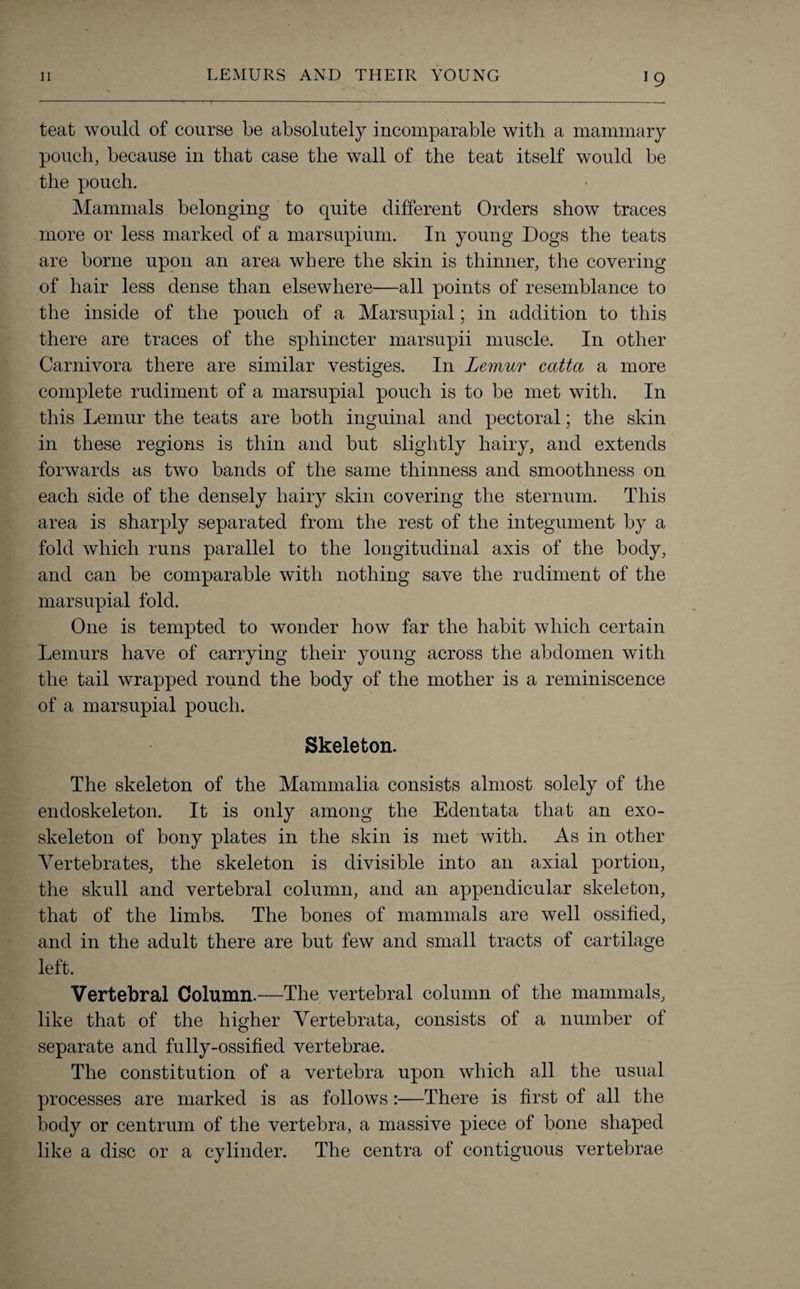 teat would of course be absolutely incomparable with a mammary pouch, because in that case the wall of the teat itself would be the pouch. Mammals belonging to quite different Orders show traces more or less marked of a marsupium. In young Dogs the teats are borne upon an area where the skin is thinner, the covering of hair less dense than elsewhere—all points of resemblance to the inside of the pouch of a Marsupial; in addition to this there are traces of the sphincter marsupii muscle. In other Carnivora there are similar vestiges. In Lemur catta a more complete rudiment of a marsupial pouch is to be met with. In this Lemur the teats are both inguinal and pectoral; the skin in these regions is thin and but slightly hairy, and extends forwards as two bands of the same thinness and smoothness on each side of the densely hairy skin covering the sternum. This area is sharply separated from the rest of the integument by a fold which runs parallel to the longitudinal axis of the body, and can be comparable with nothing save the rudiment of the marsupial fold. One is tempted to wonder how far the habit which certain Lemurs have of carrying their young across the abdomen with the tail wrapped round the body of the mother is a reminiscence of a marsupial pouch. Skeleton. The skeleton of the Mammalia consists almost solely of the endoskeleton. It is only among the Edentata that an exo¬ skeleton of bony plates in the skin is met with. As in other Vertebrates, the skeleton is divisible into an axial portion, the skull and vertebral column, and an appendicular skeleton, that of the limbs. The bones of mammals are well ossified, and in the adult there are but few and small tracts of cartilage left. Vertebral Column.—The vertebral column of the mammals, like that of the higher Vertebrata, consists of a number of separate and fully-ossified vertebrae. The constitution of a vertebra upon which all the usual processes are marked is as follows:—There is first of all the body or centrum of the vertebra, a massive piece of bone shaped like a disc or a cylinder. The centra of contiguous vertebrae