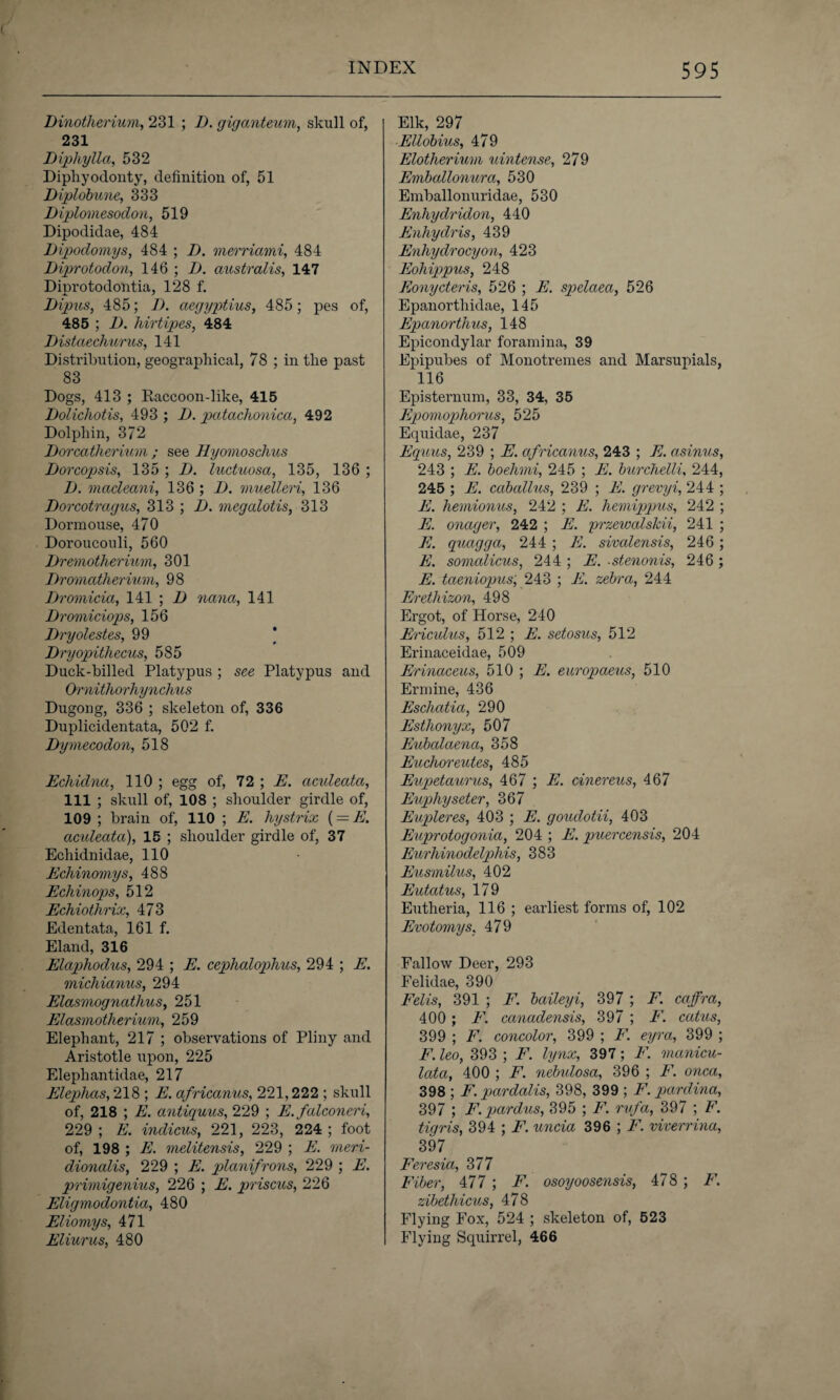 I)motherium, 231 ; D. giganteum, skull of, 231 Diphylla, 532 Diphyodonty, definition of, 51 Diplobune, 333 Diplomesodon, 519 Dipodidae, 484 Dipodomys, 484 ; I). merriami, 484 Diprotodon, 146 ; D. australis, 147 Diprotodontia, 128 f. Dipus, 485; D. aegyptius, 485 ; pes of, 485 ; 1). hirtipes, 484 Distaechurus, 141 Distribution, geographical, 78 ; in the past 83 Dogs, 413 ; Raccoon-like, 415 Dolichotis, 493 ; D. patachonica, 492 Dolphin, 372 Dorcatherium ; see Hyomoschus Dorcopsis, 135 ; D. luctuosa, 135, 136 ; D. madeani, 136 ; D. muelleri, 136 Dorcotragus, 313 ; D. megalotis, 313 Dormouse, 470 Doroucouli, 560 Dremotherium, 301 Dromatherium, 98 Dromicia, 141 ; D nana, 141 Dromiciops, 156 Dryolestes, 99 * Dryopithecus, 585 Duck-billed Platypus ; see Platypus and Ornithorhynchus Dugong, 336 ; skeleton of, 336 Duplicidentata, 502 f. Dyrnecodon, 518 Echidna, 110 ; egg of, 72 ; E. acideata, 111 ; skull of, 108 ; shoulder girdle of, 109 ; brain of, 110 ; E. hystrix (= E. acideata), 15 ; shoulder girdle of, 37 Ecliidnidae, 110 Echinomys, 488 Echinops, 512 Echiothrix, 473 Edentata, 161 f. Eland, 316 Elaphodus, 294 ; E. ceplialophus, 294 ; E. michianus, 294 Elasmognatlius, 251 Elasmotherium, 259 Elephant, 217 ; observations of Pliny and Aristotle upon, 225 Elephantidae, 217 Elephas, 218 ; E. africanus, 221,222 ; skull of, 218 ; E. antiquus, 229 ; E. falconeri, 229 ; E. indicus, 221, 223, 224 ; foot of, 198 ; E. melitensis, 229 ; E. rneri- dionalis, 229 ; E. planifrons, 229 ; E. primigenius, 226 ; E. priscus, 226 Eligmodontia, 480 Eliomys, 471 Eliurus, 480 Elk, 297 Ellobius, 479 Elotherium uintense, 279 Emballonura, 530 Emballonuridae, 530 Enhydridon, 440 Enhydris, 439 Enhydrocyon, 423 Eohippus, 248 Eonycteris, 526 ; E. spelaea, 526 Epanorthidae, 145 Epanorthus, 148 Epicondylar foramina, 39 Epipubes of Monotremes and Marsupials, 116 Episternum, 33, 34, 35 Epomophorus, 525 Equidae, 237 Equus, 239 ; E. africanus, 243 ; E. asinus, 243 ; E. boehmi, 245 ; E. burchelli, 244, 245 ; E. caballus, 239 ; E. grevyi, 244 ; E. hemionus, 242 ; E. hemippus, 242 ; E. onager, 242 ; E. przewalskii, 241 ; E. quagga, 244 ; E. sivalensis, 246; E. somalicus, 244 ; E. ■stenonis, 246 ; E. taeniopus, 243 ; E. zebra, 244 Erethizon, 498 Ergot, of Horse, 240 Ericulus, 512 ; E. setosus, 512 Erinaceidae, 509 Erinaceus, 510 ; E. europaeus, 510 Ermine, 436 Eschatia, 290 Esthonyx, 507 Eubalaena, 358 Euchoreutes, 485 Eupetaurus, 467 ; E. cinereus, 467 Euphyseter, 367 Eupleres, 403 ; E. goudotii, 403 Euprotogonia, 204 ; E. puercensis, 204 Eurliinodelphis, 383 Eusmilus, 402 Eutatus, 179 Eutheria, 116 ; earliest forms of, 102 Evotomys. 479 Fallow Deer, 293 Felidae, 390 Felis, 391 ; F. baileyi, 397 ; F. caffra, 400 ; F. canadensis, 397 ; F. catus, 399 ; F. concolor, 399 ; F. eyra, 399 ; F. leo, 393 ; F. lynx, 397 ; F. vianicu- Icda, 400 ; F. nebidosa, 396 ; F. onca, 398 ; F. pardalis, 398, 399 ; F. pardina, 397 ; F.pardus, 395 ; F. rvfa, 397 ; F. tigris, 394 ; F. uncia 396 ; F. viverrina, 397 Feresia, 377 Fiber, 477 ; F. osoyoosensis, 478 ; F. zibetliicus, 478 Flying Fox, 524 ; skeleton of, 523 Flying Squirrel, 466