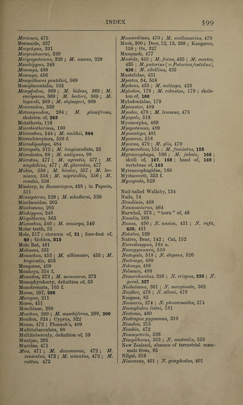 Meriones, 475 Mermaids, 337 Merychyus, 331 Merycoclioerus, 330 Merycopotamus, 329 ; M. nanus, 329 Mesohippus, 248 Mesomys, 489 Mesonyx, 456 Mesopithecus pentelici, 569 Mesoplacentalia, 103 Mesoplodon, 369 ; 71/. bidens, 369 ; 71/. europaeus, 369 ; 71/. hectori, 369 ; 71/. layardi, 369 ; M. stejnegeri, 369 Mesoreodon, 330 Metamynodon, 264 ; M. planifrons, skeleton of, 263 Metatheria, 116 Microbiotherium, 160 Microcebus, 544 ; M. smithii, 564 Microchiroptera, 526 f. Microdipodops, 484 Microgale, 512 ; M. longicaudata, 25 Microlestes, 98 ; M. antiquus, 98 Microtus, 477 ; M. agrestis, 477 ; 71/. amphibius, 477 ; M. glareolus, 477 Midas, 556 ; 71/. bicolor, 557 ; 71/. Zeo- ninus, 556 ; il/. nigricollis, 556 ; 71/. rosalia, 556 Mimicry, in Bassaricyon, 428 ; in Tupcda, 511 Miniopterus, 529 ; 71/. scheibersi, 529 Mioclaenidae, 205 Mioclaenus, 205 Miohippus, 248 Miopithecus, 565 Mixocebus, 540 ; 71/. caniceps, 540 Molar teeth, 51 Mole, 517 ; sternum of, 31 ; fore-foot of, 40 ; Golden, 515 Mole Rat, 481 J/oZos5'?/s, 531 Monachus, 453 ; 71/. albiventer, 453 ; M. tropicalis, 453 Mongoose, 409 Monkeys, 554 f. Monodon, 373 ; 71/. monoceros, 373 Monophyodonty, definition of, 53 Monotremata, 105 f. Moose, 297, 298 Moropus, 211 Morse, 451 Moschinae, 299 .Moschus, 299 ; 71/. moschiferus, 299, 300 Mouflon, 324 ; Cyprus, 322 Mouse, 472 ; Pharaoh’s, 409 Multituberculata, 98 Multituberculy, definition of, 59 Muntjac, 295 Muridae, 471 Mus, 471 ; 71/. decumanus, 472 ; M. musculus, 472 ; 71/. minutus, 472 ; 71/. raltus, 472 Muscardinus, 470 ; M. avellanarius, 470 Musk, 300 ; Deer, 12, 13, 299 ; Kangaroo, 138 ; Ox, 327 Musquash, 477 Mustela, 435 ; M. foina, .435 ; 71/. martes, 435 ; M. putorius (= Putoriusfoetidus), 436 ; 71/. zibellina, 435 Mustelidae, 431 Mycetes, 34, 558 Mydaus, 433 ; 71/. meliceps, 433 Mylodon, 179 ; M. robustus, 179 ; skele¬ ton of, 180 Mylodon tidae, 179 Myocastor, 489 My odes, 478 ; 71/. lemmus, 478 Myogale, 518 Myomorpha, 469 Myopotamus, 489 Myoscalops, 481 Myosorex, 518 Myoxus, 470 ; 71/. glis, 470 Myrmecobius, 154 ; M. fasciatus, 155 Myrmecopliaga, 166 ; M. jubata, 166 ; skull of, 167, 168 ; hand of, 169 ; vertebrae of, 163 Myrmecophagidae, 166 Mystacoceti, 353 f. Myxopoda, 529 Nail-tailed Wallaby, 134 Nails, 14 Nandinia, 408 Nannosciurus, 464 Narwhal, 373 ; “horn” of, 49 Nasalis, 569 Nasiui, 430 ; 7\r. nasica, 431 ; TV. rufa, 430, 431 Natalus, 529 Native, Bear, 142 ; Cat, 152 Necrodasypus, 164 n. Necrogymnura, 510 Nectogale, 518 ; 7V. elegans, 520 Nectomys, 480 Nelomys, 488 Nelsonia, 480 Nemorrhaedus, 326 ; N. crispus, 326 ; TV. goral, 327 Neobalaena, 361 ; N. marginata, 362 Neofiber, 478 ; N. alleni, 478 Neogaea, 85 Neomeris, 374 ; 1V. phocaenoides, 374 Neomylodon listai, 181 Neotoma, 480 Neotragus pygmaeus, 310 Nesodon, 215 Nesokia, 472 Nesonycteris, 526 Nesopithecus, 553 ; N. australis, 553 New Zealand, absence of terrestrial mam¬ mals from, 85 Nilgai, 316 Nimravus, 401 ; TV. gomphodus, 401