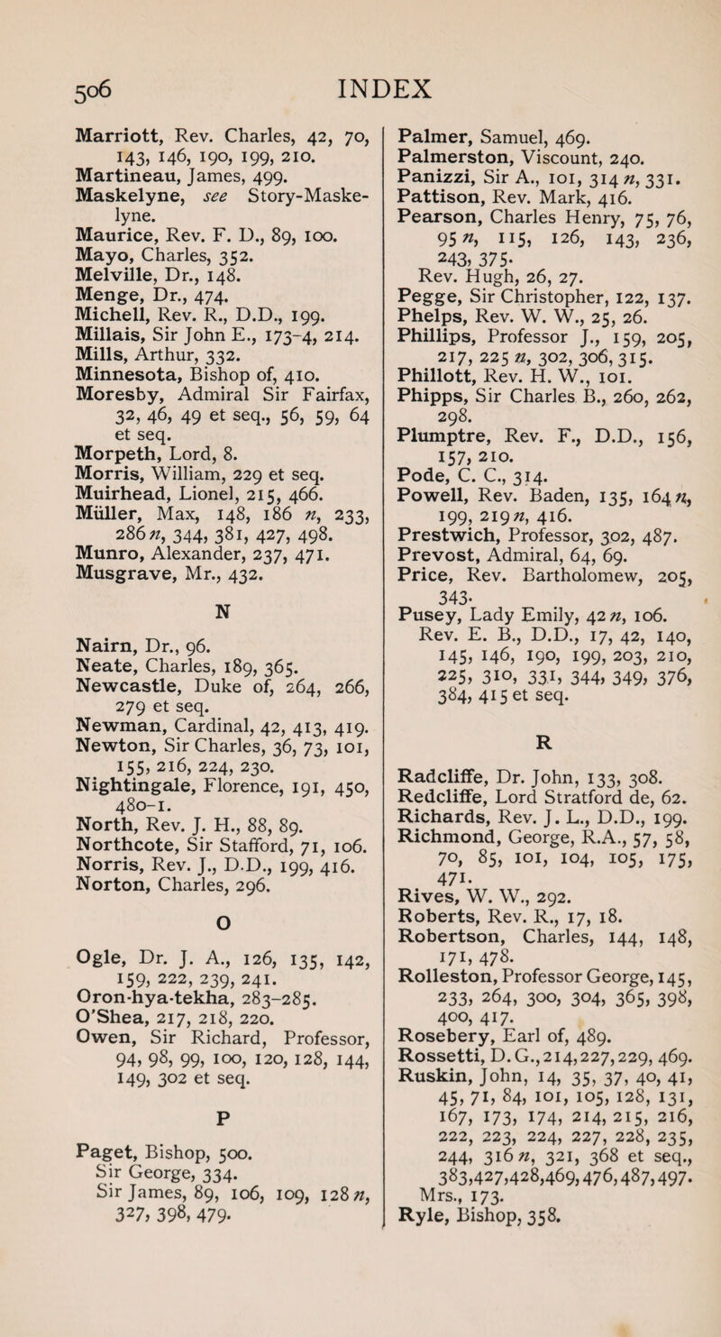 506 INDEX Marriott, Rev. Charles, 42, 70, 143, 146, 190, 199, 210. Martineau, James, 499. Maskelyne, see Story-Maske- lyne. Maurice, Rev. F. D., 89, 100. Mayo, Charles, 352. Melville, Dr., 148. Menge, Dr., 474. Michell, Rev. R., D.D., 199. Millais, Sir John E., 173-4, 214. Mills, Arthur, 332. Minnesota, Bishop of, 410. Moresby, Admiral Sir Fairfax, 32, 46, 49 et seq., 56, 59, 64 et seq. Morpeth, Lord, 8. Morris, William, 229 et seq. Muirhead, Lionel, 215, 466. Muller, Max, 148, 186 ?z, 233, 286 «, 344, 381, 427, 498. Munro, Alexander, 237, 471. Musgrave, Mr., 432. N Nairn, Dr., 96. Neate, Charles, 189, 365. Newcastle, Duke of, 264, 266, 279 et seq. Newman, Cardinal, 42, 413, 419. Newton, Sir Charles, 36, 73, 101, 155, 216, 224, 230. Nightingale, Florence, 191, 450, 480-1. North, Rev. J. H., 88, 89. Northcote, Sir Stafford, 71, 106. Norris, Rev. J., D.D., 199, 416. Norton, Charles, 296. O Ogle, Dr. J. A., 126, 135, 142, 159, 222, 239, 241. Oron-hya-tekha, 283-285. O’Shea, 217, 218, 220. Owen, Sir Richard, Professor, 94, 98, 99, 100, 120, 128, 144, 149, 302 et seq. P Paget, Bishop, 500. Sir George, 334. Sir James, 89, 106, 109, 128;/, 327, 398, 479- Palmer, Samuel, 469. Palmerston, Viscount, 240. Panizzi, Sir A., 101, 314 n, 331. Pattison, Rev. Mark, 416. Pearson, Charles Henry, 75, 76, 95^, 115, 126, 143, 236, 243, 375- Rev. Hugh, 26, 27. Pegge, Sir Christopher, 122, 137. Phelps, Rev. W. W., 25, 26. Phillips, Professor J., 159, 205, 217, 225 n, 302, 306,315. Phillott, Rev. H. W., 101. Phipps, Sir Charles B., 260, 262, 298. Plumptre, Rev. F., D.D., 156, 157, 210. Pode, C. C., 314. Powell, Rev. Baden, 135, 164;?, 199, 21972, 416. Prestwich, Professor, 302, 487. Prevost, Admiral, 64, 69. Price, Rev. Bartholomew, 205, 343- Pusey, Lady Emily, 42 n, 106. Rev. E. B., D.D., 17, 42, 140, 145, 146, 190, 199, 203, 210, 225, 310, 331, 344, 349, 376, 384, 415 et seq. R Radcliffe, Dr. John, 133, 308. Redcliffe, Lord Stratford de, 62. Richards, Rev. J. L., D.D., 199. Richmond, George, R.A., 57, 58, 70, 85, 101, 104, 105, 175, 471. Rives, W. W., 292. Roberts, Rev. R., 17, 18. Robertson, Charles, 144, 148, 171, 478. Rolleston, Professor George, 145, 233, 264, 300, 304, 365, 398, 400, 417. Rosebery, Earl of, 489. Rossetti, D.G.,214,227,229, 469. Ruskin, John, 14, 35, 37, 40, 41, 45, 71, 84, 101, 105, 128, 131, 167, 173, 174, 214, 215, 216, 222, 223, 224, 227, 228, 235, 244, 316 n, 321, 368 et seq., 383,427,428,469,476,487,497. Mrs., 173. Ryle, Bishop, 358.