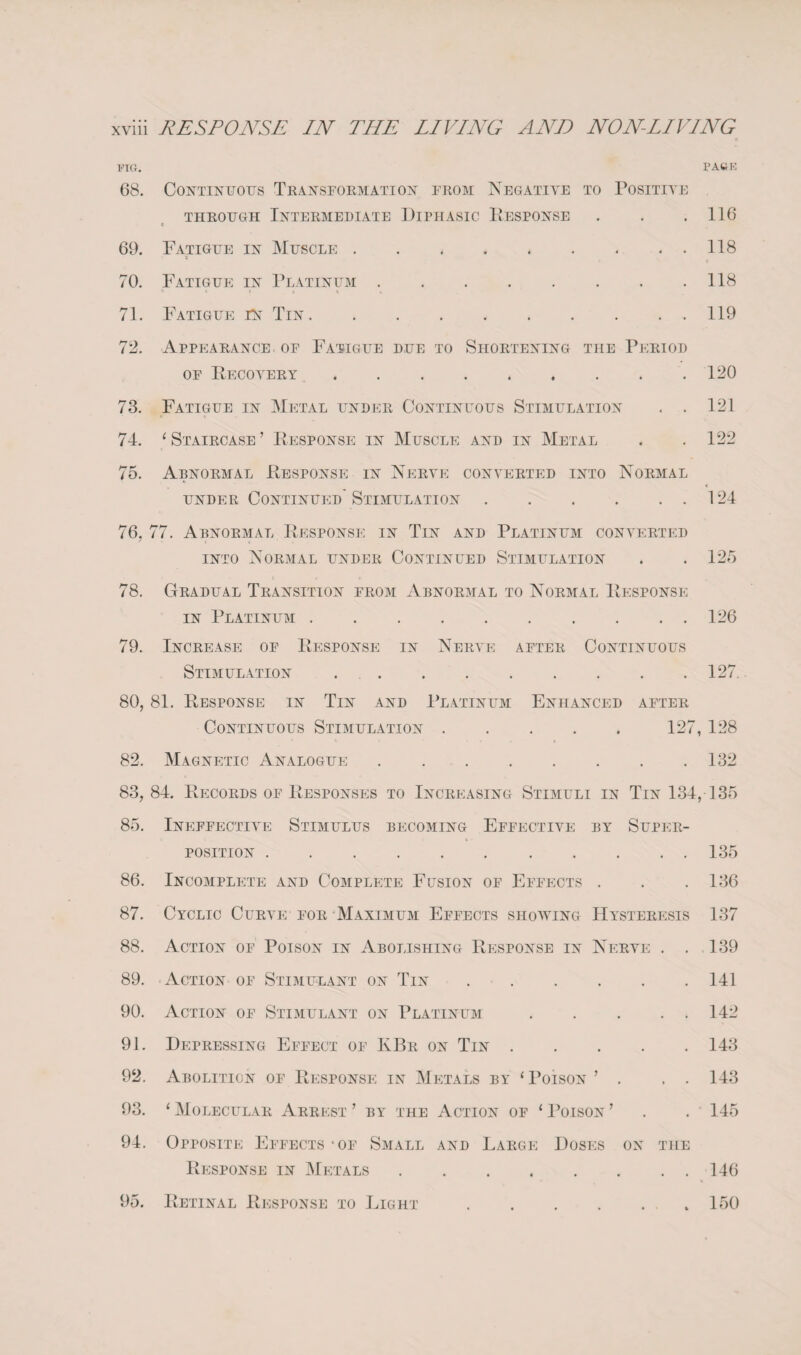 PIG. PAGE 68. Continuous Transformation from Negative to Positive through Intermediate Diphasic Pesponse . . .116 c 69. Fatigue in Muscle.118 70. Fatigue in Platinum.118 71. Fatigue in Tin.119 72. Appearance of Fatigue due to Shortening the Period of Recovery.120 73. Fatigue in Metal under Continuous Stimulation . . 121 74. ‘Staircase’ Response in Muscle and in Metal . .122 75. Abnormal Response in Nerve converted into Normal under Continued'Stimulation.124 76. 77. Abnormal Response in Tin and Platinum converted into Normal under Continued Stimulation . .125 78. Gradual Transition from Abnormal to Normal Response in Platinum.126 79. Increase of Response in Nerve after Continuous Stimulation ..127. 80. 81. Response in Tin and Platinum Enhanced after Continuous Stimulation.127, 128 82. Magnetic Analogue.132 83, 84. Records of Responses to Increasing Stimuli in Tin 134, 135 85. Ineffective Stimulus becoming Effective by Super¬ position .135 86. Incomplete and Complete Fusion of Effects . . . 136 87. Cyclic Curve for Maximum Effects showing Hysteresis 137 88. Action of Poison in Abolishing Response in Nerve . . 139 89. Action of Stimulant on Tin.141 90. Action of Stimulant on Platinum.142 91. Depressing Effect of KBr on Tin.143 92. Abolition of Response in Metals by ‘ Poison ’ . . . 143 93. ‘ Molecular Arrest ’ by the Action of 1 Poison ’ . . 145 94. Opposite Effects-of Small and Large Doses on the Response in Metals.146 Retinal Response to Light.150 95.