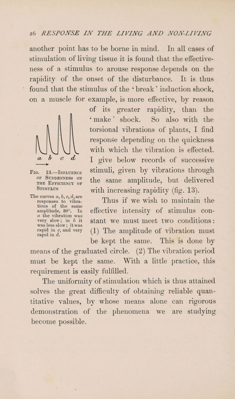 another point lias to be borne in mind. In all cases of stimulation of living tissue it is found that the effective¬ ness of a stimulus to arouse response depends on the rapidity of the onset of the disturbance. It is thus found that the stimulus of the 6 break ’ induction shock, on a muscle for example, is more effective, by reason of its greater rapidity, than the ‘ make ’ shock. So also with the torsional vibrations of plants, I find response depending on the quickness with which the vibration is effected. I give below records of successive stimuli, given by vibrations through the same amplitude, but delivered with increasing rapidity (fig. 13). Thus if we wish to maintain the effective intensity of stimulus con¬ stant we must meet two conditions: (1) The amplitude of vibration must be kept the same. This is done by means of the graduated circle. (2) The vibration period must be kept the same. With a little practice, this requirement is easily fulfilled. The uniformity of stimulation which is thus attained solves the great difficulty of obtaining reliable quan¬ titative values, by whose means alone can rigorous demonstration of the phenomena we are studying become possible. Fig. 13.—Influence of Suddenness on the Efficiency of Stimulus The curves a,b,c, d, are responses to vibra¬ tions of the same amplitude, 30°. In a the vibration was very slow; in b it was less slow ; it was rapid in c, and very rapid in d.
