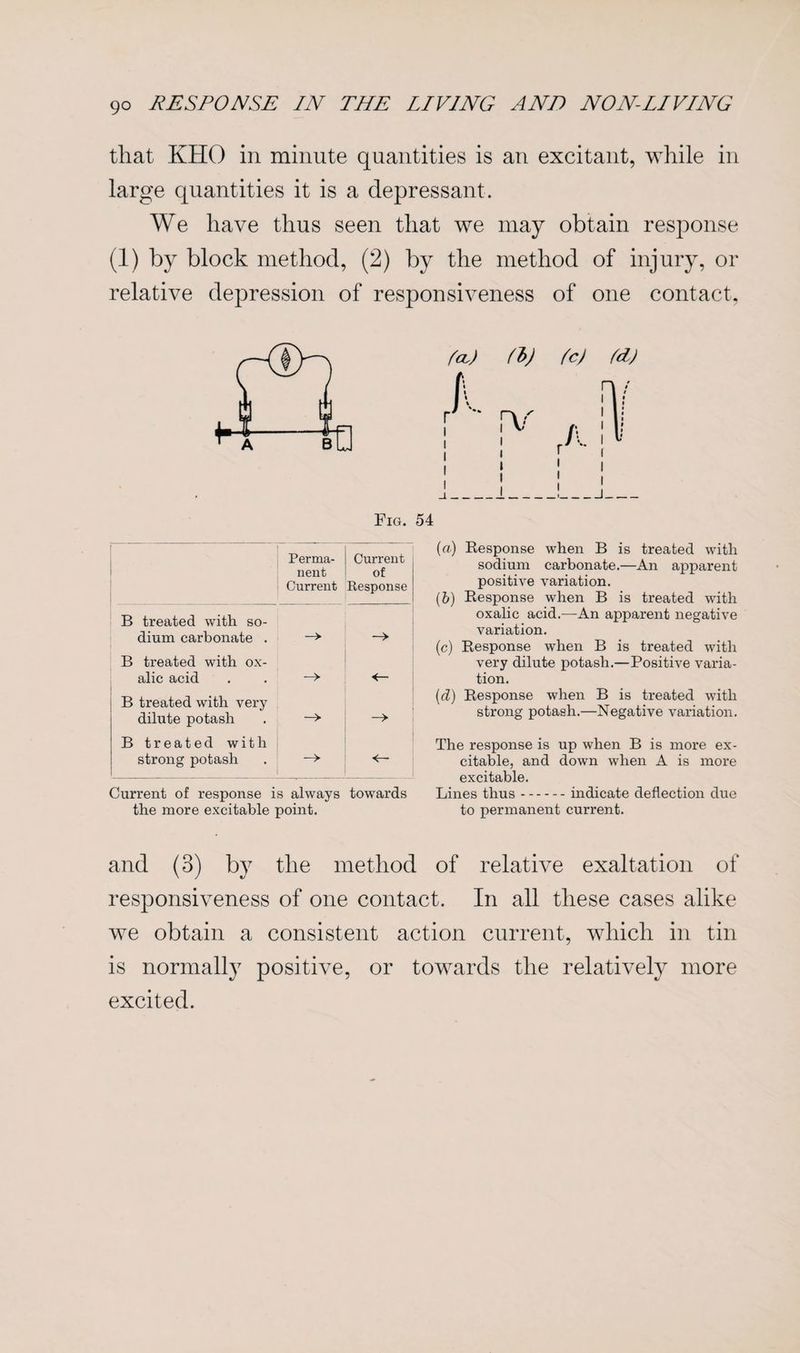 that KHO in minute quantities is an excitant, while in large quantities it is a depressant. We have thus seen that we may obtain response (1) by block method, (2) by the method of injury, or relative depression of responsiveness of one contact, Fig. 54 Perma¬ nent Current Current of Response B treated with so- dium carbonate . —> —> B treated with ox- alic acid . . —> <— B treated with very dilute potash . —> -> B treated with strong potash . —> ^—' Current of response is always towards the more excitable point. (a) Response when B is treated with sodium carbonate.—An apparent positive variation. (5) Response when B is treated with oxalic acid.—An apparent negative variation. (c) Response when B is treated with very dilute potash.—Positive varia¬ tion. (d) Response when B is treated with strong potash.—Negative variation. The response is up when B is more ex¬ citable, and down when A is more excitable. Lines thus.indicate deflection due to permanent current. and (3) by the method of relative exaltation of responsiveness of one contact. In all these cases alike we obtain a consistent action current, which in tin is normally positive, or towards the relatively more excited.