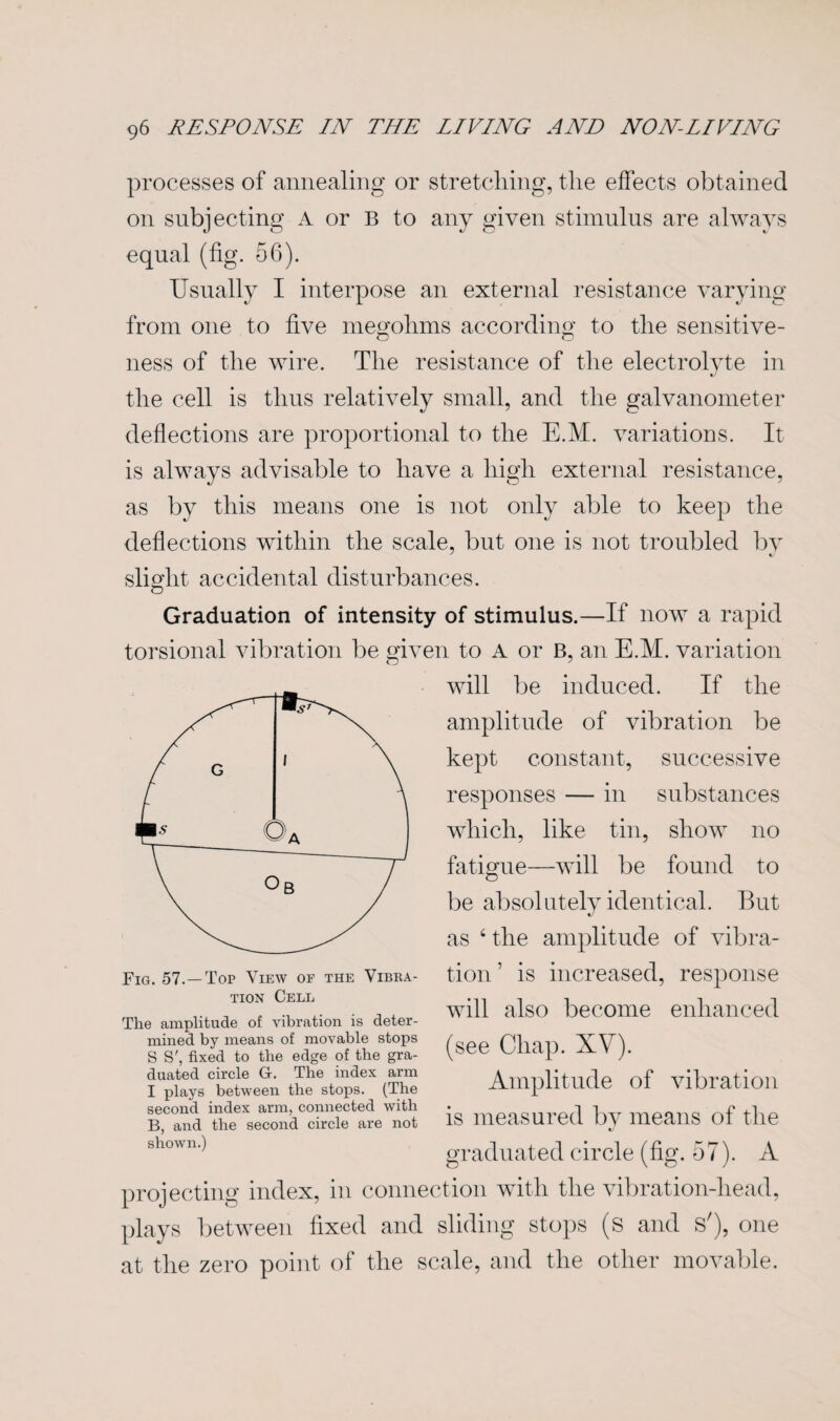 processes of annealing or stretching, the effects obtained on subjecting A or B to any given stimulus are always equal (fig. 56). Usually I interpose an external resistance varying from one to five megohms according to the sensitive- ness of the wire. The resistance of the electrolyte in the cell is thus relatively small, and the galvanometer deflections are proportional to the E.M. variations. It is always advisable to have a high external resistance, as by this means one is not only able to keep the deflections within the scale, but one is not troubled by slight accidental disturbances. Graduation of intensity of stimulus.—If now a rapid torsional vibration be given to A or B, an E.M. variation will be induced. If the amplitude of vibration be kept constant, successive responses — in substances which, like tin, show no fatigue—will be found to be absolutely identical. But as 4 the amplitude of vibra¬ tion ’ is increased, response will also become enhanced (see Chap. XV). Amplitude of vibration is measured bv means of the */ graduated circle (fig. 57). A projecting index, in connection with the vibration-liead, plays between fixed and sliding stops (s and s'), one at the zero point of the scale, and the other movable. Fig. 57.—Top View of the Vibra¬ tion Cell The amplitude of vibration is deter¬ mined by means of movable stops S S', fixed to the edge of the gra¬ duated circle G. The index arm I plays between the stops. (The second index arm, connected with B, and the second circle are not shown.)
