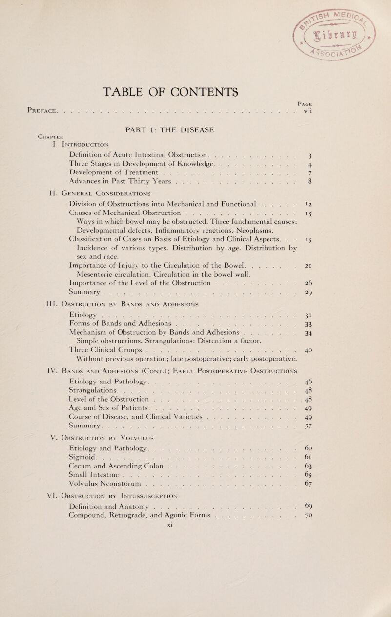 TABLE OF CONTENTS Page Preface.vii PART I: THE DISEASE Chapter I. Introduction Definition of Acute Intestinal Obstruction. 3 Three Stages in Development of Knowledge. 4 Development of Treatment. 7 Advances in Past Thirty Years. 8 II. General Considerations Division of Obstructions into Mechanical and Functional. D Causes of Mechanical Obstruction. 13 Ways in which bowel may be obstructed. Three fundamental causes: Developmental defects. Inflammatory reactions. Neoplasms. Classification of Cases on Basis of Etiology and Clinical Aspects. . . 15 Incidence of various types. Distribution by age. Distribution by sex and race. Importance of Injury to the Circulation of the Bowel.21 Mesenteric circulation. Circulation in the bowel wall. Importance of the Level of the Obstruction. 26 Summary.29 III. Obstruction by Bands and Adhesions Etiology.31 Forms of Bands and Adhesions.33 Mechanism of Obstruction by Bands and Adhesions.34 Simple obstructions. Strangulations: Distention a factor. Three Clinical Groups.40 Without previous operation; late postoperative; early postoperative. IV. Bands and Adhesions (Cont.); Early Postoperative Obstructions Etiology and Pathology.46 Strangulations.48 Level of the Obstruction.48 Age and Sex of Patients.,.49 Course of Disease, and Clinical Varieties.49 Summary.57 V. Obstruction by Volvulus Etiology and Pathology.60 Sigmoid.61 Cecum and Ascending Colon.63 Small Intestine.65 Volvulus Neonatorum.67 VI. Obstruction by Intussusception Definition and Anatomy.69 Compound, Retrograde, and Agonic Forms.70