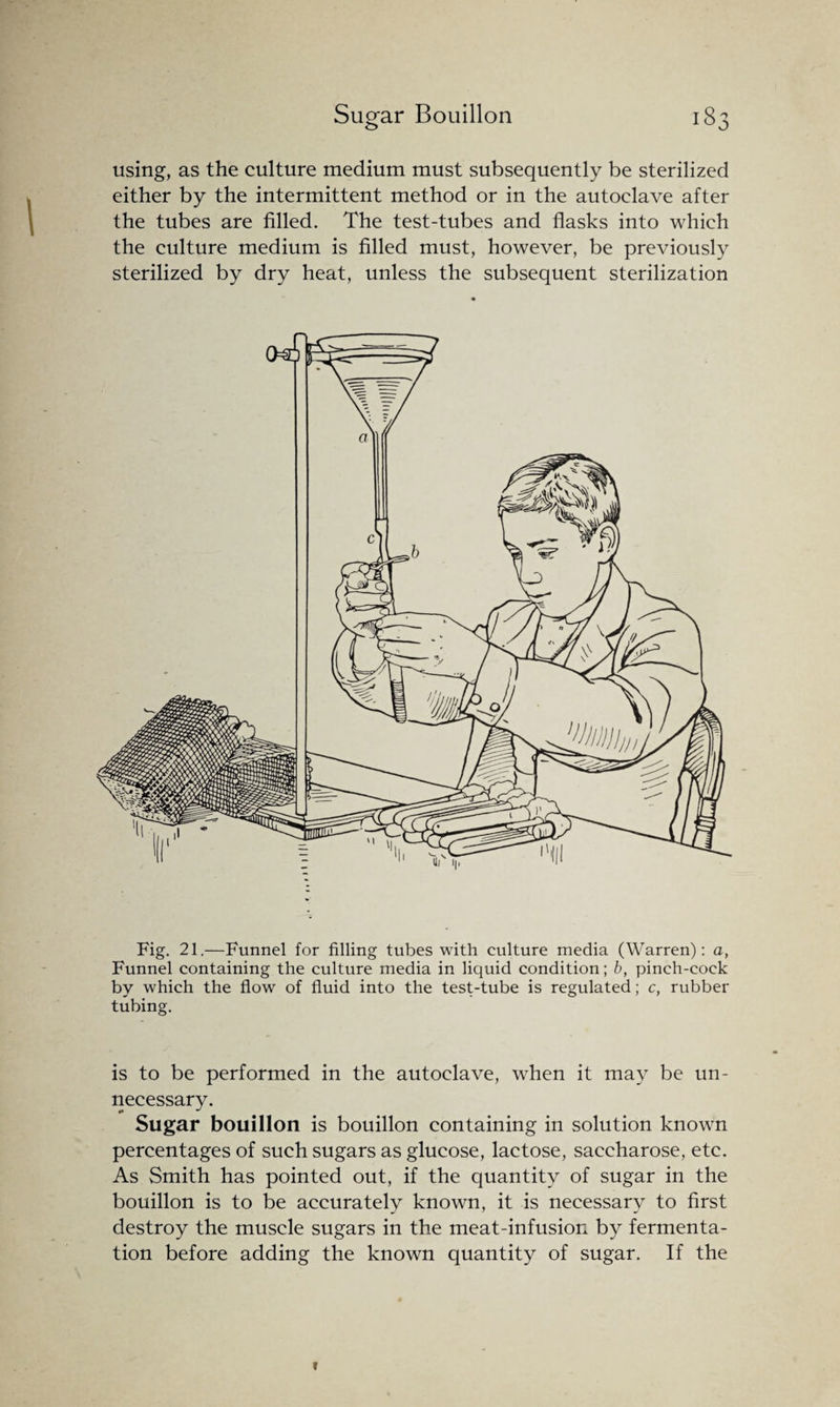 using, as the culture medium must subsequently be sterilized either by the intermittent method or in the autoclave after the tubes are filled. The test-tubes and flasks into which the culture medium is filled must, however, be previously sterilized by dry heat, unless the subsequent sterilization Fig. 21.—Funnel for filling tubes with culture media (Warren): a, Funnel containing the culture media in liquid condition; b, pinch-cock by which the flow of fluid into the test-tube is regulated; c, rubber tubing. is to be performed in the autoclave, when it may be un¬ necessary. Sugar bouillon is bouillon containing in solution known percentages of such sugars as glucose, lactose, saccharose, etc. As Smith has pointed out, if the quantity of sugar in the bouillon is to be accurately known, it is necessary to first destroy the muscle sugars in the meat-infusion by fermenta¬ tion before adding the known quantity of sugar. If the