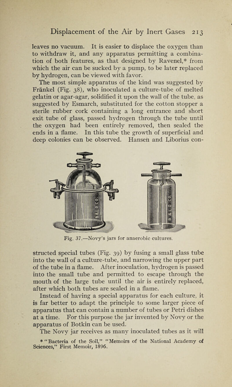 leaves no vacuum. It is easier to displace the oxygen than to withdraw it, and any apparatus permitting a combina¬ tion of both features, as that designed by Ravenel,* from which the air can be sucked by a pump, to be later replaced by hydrogen, can be viewed with favor. The most simple apparatus of the kind was suggested by Frankel (Fig. 38), who inoculated a culture-tube of melted gelatin or agar-agar, solidified it upon the wall of the tube, as suggested by Esmarch, substituted for the cotton stopper a sterile rubber cork containing a long entrance and short exit tube of glass, passed hydrogen through the tube until the oxygen had been entirely removed, then sealed the ends in a flame. In this tube the growth of superficial and deep colonies can be observed. Hansen and Eiborius con- Fig. 37.—Novy’s jars for anaerobic cultures. structed special tubes (Fig. 39) by fusing a small glass tube into the wall of a culture-tube, and narrowing the upper part of the tube in a flame. After inoculation, hydrogen is passed into the small tube and permitted to escape through the mouth of the large tube until the air is entirely replaced, after which both tubes are sealed in a flame. Instead of having a special apparatus for each culture, it is far better to adapt the principle to some larger piece of apparatus that can contain a number of tubes or Petri dishes at a time. For this purpose the jar invented by Novy or the apparatus of Botkin can be used. The Novy jar receives as many inoculated tubes as it will * “Bacteria of the Soil,” “Memoirs of the National Academy of Sciences,” First Memoir, 1896.