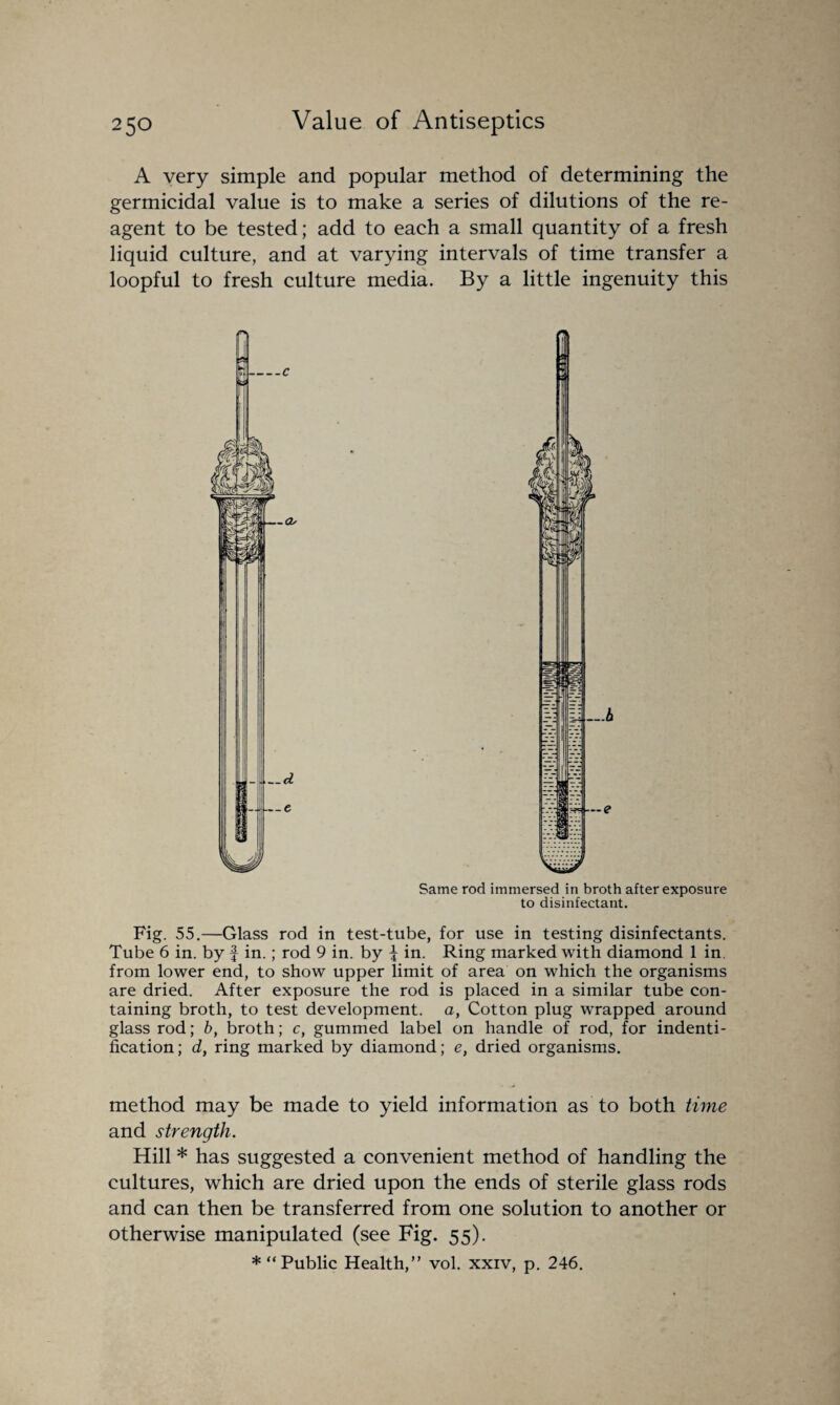 A very simple and popular method of determining the germicidal value is to make a series of dilutions of the re¬ agent to be tested; add to each a small quantity of a fresh liquid culture, and at varying intervals of time transfer a loopful to fresh culture media. By a little ingenuity this Same rod immersed in broth after exposure to disinfectant. Fig. 55.—Glass rod in test-tube, for use in testing disinfectants. Tube 6 in. by f in.; rod 9 in. by \ in. Ring marked with diamond 1 in. from lower end, to show upper limit of area on which the organisms are dried. After exposure the rod is placed in a similar tube con¬ taining broth, to test development, a, Cotton plug wrapped around glass rod; b, broth; c, gummed label on handle of rod, for indenti- fication; d, ring marked by diamond; e, dried organisms. method may be made to yield information as to both time and strength. Hill * has suggested a convenient method of handling the cultures, which are dried upon the ends of sterile glass rods and can then be transferred from one solution to another or otherwise manipulated (see Fig. 55). * “Public Health,” vol. xxiv, p. 246.