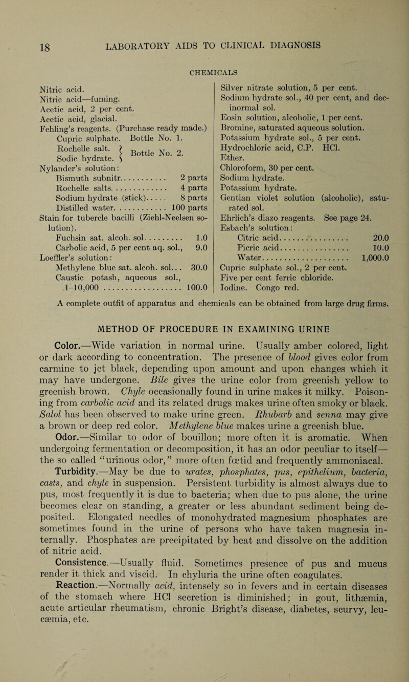 CHEMICALS Bottle No. 2. Nitric acid. Nitric acid—fuming. Acetic acid, 2 per cent. Acetic acid, glacial. Fehling’s reagents. (Purchase ready made.) Cupric sulphate. Bottle No. 1. Rochelle salt. Sodic hydrate. Nylander’s solution: Bismuth subnitr. 2 parts Rochelle salts. 4 parts Sodium hydrate (stick). 8 parts Distilled water. 100 parts Stain for tubercle bacilli (Ziehl-Neelsen so¬ lution). Fuchsin sat. alcoh. sol. 1.0 Carbolic acid, 5 per cent aq. sol., 9.0 LoefHer’s solution: Methylene blue sat. alcoh. sol.. . 30.0 Caustic potash, aqueous sol., 1-10,000 . 100.0 Silver nitrate solution, 5 per cent. Sodium hydrate sol., 40 per cent, and dec- inormal sol. Eosin solution, alcoholic, 1 per cent. Bromine, saturated aqueous solution. Potassium hydrate sol., 5 per cent. Hydrochloric acid, C.P. HCL Ether. Chloroform, 30 per cent. Sodium hydrate. Potassium hydrate. Gentian violet solution (alcoholic), satu¬ rated sol. Ehrlich’s diazo reagents. See page 24. Esbach’s solution: Citric acid. 20.0 Picric acid. 10.0 Water. 1,000.0 Cupric sulphate sol., 2 per cent. Five per cent ferric chloride. Iodine. Congo red. A complete outfit of apparatus and chemicals can be obtained from large drug firms. METHOD OF PROCEDURE IN EXAMINING URINE Color.—Wide variation in normal urine. Usually amber colored, light or dark according to concentration. The presence of blood gives color from carmine to jet black, depending upon amount and upon changes which it may have undergone. Bile gives the urine color from greenish yellow to greenish brown. Chyle occasionally found in urine makes it milky. Poison¬ ing from carbolic acid and its related drugs makes urine often smoky or black. Salol has been observed to make urine green. Rhubarb and senna may give a brown or deep red color. Methylene blue makes urine a greenish blue. Odor.—Similar to odor of bouillon; more often it is aromatic. When undergoing fermentation or decomposition, it has an odor peculiar to itself— the so called “urinous odor,” more often foetid and frequently ammoniacal. Turbidity.—May be due to urates, phosphates, pus, epithelium, bacteria, casts, and chyle in suspension. Persistent turbidity is almost always due to pus, most frequently it is due to bacteria; when due to pus alone, the urine becomes clear on standing, a greater or less abundant sediment being de¬ posited. Elongated needles of monohydrated magnesium phosphates are sometimes found in the urine of persons who have taken magnesia in¬ ternally. Phosphates are precipitated by heat and dissolve on the addition of nitric acid. Consistence.—Usually fluid. Sometimes presence of pus and mucus render it thick and viscid. In chyluria the urine often coagulates. Reaction.—Normally acid, intensely so in fevers and in certain diseases of the stomach where HC1 secretion is diminished; in gout, lithaemia, acute articular rheumatism, chronic Bright’s disease, diabetes, scurvy, leu¬ caemia, etc.