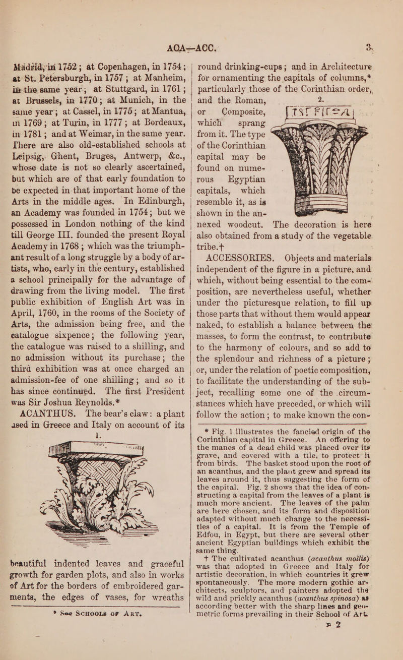 at St. Petersburgh, in 1757 ; at Manheim, ithe same year, at Stuttgard, in 1761; at Brussels, in 1770; at Munich, in the same year’; at Cassel,in 1775; at Mantua, im 1769; at Turin, in 1777; at Bordeaux, in 1781; and at Weimar, in the same year. Leipsig, Ghent, Bruges, Antwerp, &c., whose date is not so clearly ascertained, but which are of that early foundation to be expected in that important home of the Arts in the middle ages. In Edinburgh, an Academy was founded in 1754; but we possessed in London nothing of the kind till George III. founded -the present Royal Academy in 1768 ; which was the triumph- ant result of a long struggle by a body of ar- tists, who, early in the century, established a school principally for the advantage of drawing from the living model. public exhibition of English Art was in April, 1760, in the rooms of the Society of Arts, the admission being free, and the catalogue sixpence; the following year, the catalogue was raised to a shilling, and no admission without its purchase; the third exhibition was at once charged an admission-fee of one shilling; and so it has since continued. The first President was Sir Joshua Reynolds.* ACANTHUS. The bear’s claw: a plant ased in Greece and Italy on account of its beautiful indented leaves and graceful growth for garden plots, and also in works of Art for the borders of embroidered gar- ments, the edges of vases, for wreaths > See ScHOOLS oF ART. | eS 3, for ornamenting the capitals of columns,* particularly those of the Corinthian. order, and the Roman, 2. ————— or Composite, [sr FILS A which sprang _+— gt a from it. The type “QAANK ay) ofthe Corinthian ay capital may be found on nume- rous Egyptian capitals, which resemble it, as is shown in the an- i“ nexed woodcut. The decoration is here also obtained from a study of the vegetable tribe.t ACCESSORIES. Objects and materials independent of the figure in a picture, and which, without being essential. to the com-: position, are nevertheless useful, whether under the picturesque relation, to fill up those parts that without them would appear naked, to establish a balance between the masses, to form the contrast, te contribute to the harmony of colours, and so add to the splendour and richness of a picture ; or, under the relation of poetic composition, to facilitate the understanding of the sub- ject, recalling some one of the circum- follow the action; to make known the con- * Fig. 1 illustrates the fancied origin of the Corinthian capital in Greece. An offering to the manes of a dead child was placed over its grave, and covered with a tile, to protect it from birds. The basket stood upon the root of an acanthus, and the plant grew and spread its leaves around it, thus suggesting the form of the capital. Fig. 2 shows that the idea of con- structing a capital from the leaves of a plant is much more ancient. The leaves of the palm are here chosen, and its form and disposition adapted without much change to the necessi- ties of a capital. It is from the Temple of Edfou, in Egypt, but there are several other ancient Egyptian buildings which exhibit the same thing. + The cultivated acanthus (acanthus mollis) was that adopted in Greece and Italy for artistic decoration, in which countries it grew spontaneously. The more modern gothic ar- chitects, sculptors, and painters adopted the wild and prickly acanthus (acanthus spinosa) aa according better with the sharp lines and geo- metric forms prevailing in their School of Art me