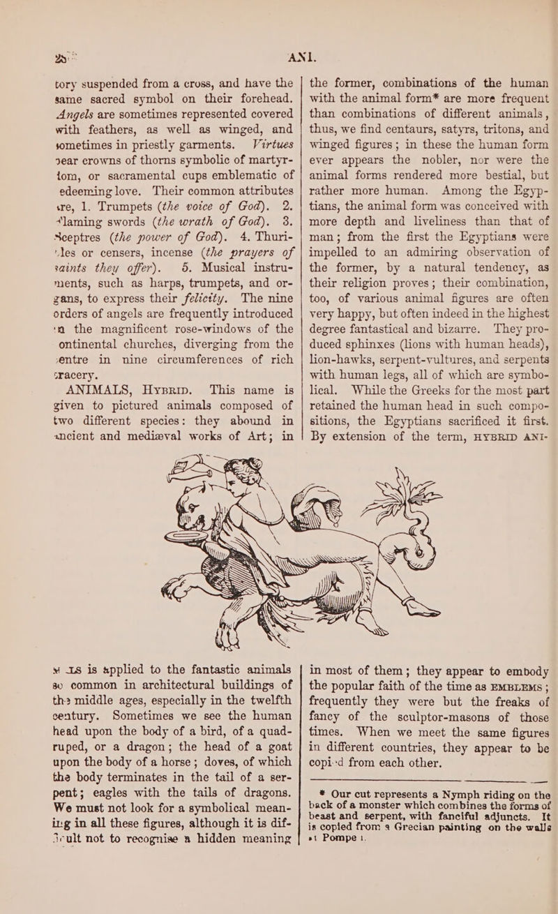 tory suspended from a cross, and have the same sacred symbol on their forehead. Angels are sometimes represented covered with feathers, as well as winged, and sometimes in priestly garments. Virtues year crowns of thorns symbolic of martyr- fom, or sacramental cups emblematic of edeerring love. Their common attributes sre, 1. Trumpets (the voice of God). 2. +laming swords (the wrath of God). 3. Sceptres (the power of God). 4. Thuri- “les or censers, incense (the prayers of saints they offer). 65. Musical imstru- ments, such as harps, trumpets, and or- gans, to express their felicity. The nine orders of angels are frequently introduced ‘a the magnificent rose-windows of the ontinental churches, diverging from the entre in nine circumferences of rich sracery. ANIMALS, Hyprip. This name is given to pictured animals composed of two different species: they abound in ancient and mediwval works of Art; in the former, combinations of the human with the animal form* are more frequent than combinations of different animals, thus, we find centaurs, satyrs, tritons, and winged figures; in these the human form ever appears the nobler, nor were the animal forms rendered more bestial, but rather more human. Among the Egyp- tians, the animal form was conceived with more depth and liveliness than that of man; from the first the Egyptians were impelled to an admiring observation of the former, by a natural tendency, as their religion proves; their combination, too, of various animal figures are often very happy, but often indeed in the highest degree fantastical and bizarre. They pro- duced sphinxes (lions with human heads), lion-hawks, serpent-vultures, and serpents with human legs, all of which are symbo- lical. While the Greeks for the most part retained the human head in such compo- sitions, the Egyptians sacrificed it first. By extension of the term, HYBRID ANI- ‘ LS is applied to the fantastic animals ao common in architectural buildings of th: middle ages, especially in the twelfth century. Sometimes we see the human head upon the body of a bird, of a quad- ruped, or a dragon; the head of a goat upon the body of a horse; doves, of which the body terminates in the tail of a ser- pent; eagles with the tails of dragons. We must not look for a symbolical mean- ing in all these figures, although it is dif- in most of them; they appear to embody the popular faith of the time as EMBLEMs ; frequently they were but the freaks of fancy of the sculptor-masons of those times. When we meet the same figures in different countries, they appear to be copi-d from each other. — * Our cut represents a Nymph riding on the back of a monster which combines the forms of beast and serpent, with fanciful adjuncts. It is copied from a Grecian painting on the walls