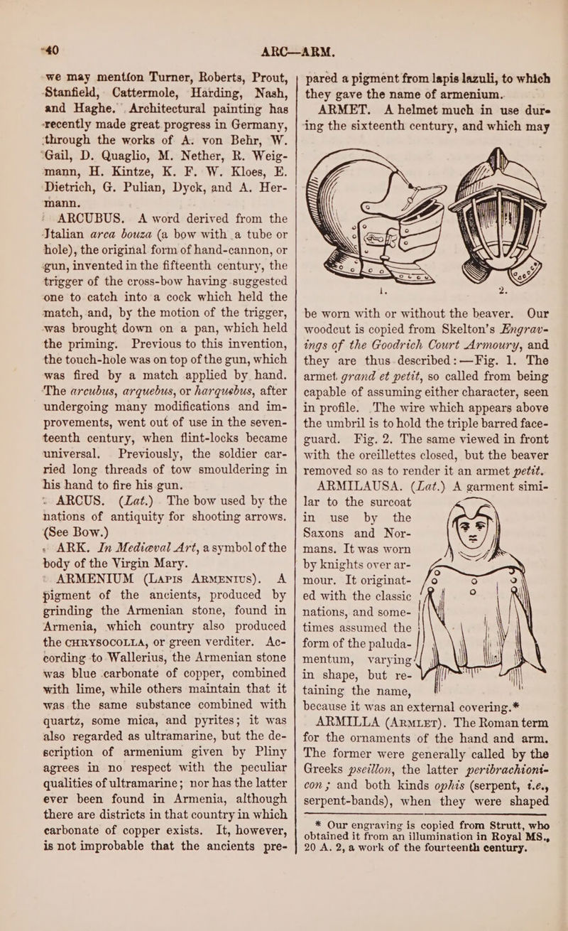 “40 we may mentfon Turner, Roberts, Prout, Stanfield, Cattermole, Harding, Nash, and Haghe. Architectural painting has ‘recently made great. progress in Germany, ‘through the works of A. von Behr, W. “Gail, D. Quaglio, M. Nether, R. Weig- mann, H. Kintze, K. F. W. Kloes, E. Dietrich, G. Pulian, Dyck, and A. Her- mann. ARCUBUS. <A word derived from the Italian arca bouza (a bow with .a tube or hole), the original form of hand-cannon, or gun, invented in the fifteenth century, the trigger of the cross-bow having suggested one to catch into a cock which held the match, and, by the motion of the trigger, was brought down on a pan, which held the priming. Previous to this invention, the touch-hole was on top of the gun, which was fired by a match applied by. hand. ‘The arcubus, arquebus, or harquebus, after undergoing many modifications and im- provements, went out of use in the seven- teenth century, when flint-locks became universal. Previously, the soldier car- ried long threads of tow smouldering in his hand to fire his gun. » ARCUS. (Lat.) The bow used by the nations of antiquity for shooting arrows. (See Bow.) ~» ARK. In Medieval Art, asymbol of the body of the Virgin Mary. ARMENIUM (Laris ARMENIUs). A pigment of the ancients, produced by grinding the Armenian stone, found in Armenia, which country also produced the CHRYSOCOLLA, or green verditer. Ac- cording to Wallerius, the Armenian stone was blue carbonate of copper, combined with lime, while others maintain that it was the same substance combined with quartz, some mica, and pyrites; it was also regarded as ultramarine, but the de- scription of armenium given by Pliny agrees in no respect with the peculiar qualities of ultramarine; nor has the latter ever been found in Armenia, although there are districts in that country in which carbonate of copper exists. It, however, is not improbable that the ancients pre- pared a pigment from lapis lazuli, to which they gave the name of armenium.. ARMET. A helmet much in use dure ing the sixteenth century, and which may be worn with or without the beaver. Our woodcut is copied from Skelton’s Engrav- ings of the Goodrich Court Armoury, and they are thus. described: —Fig. 1. The armet, grand et petit, so called from being capable of assuming either character, seen in profile. The wire which appears above the umbril is to hold the triple barred face- guard. Fig. 2. The same viewed in front with the oreillettes closed, but the beaver removed so as to render it an armet petit. ARMILAUSA. (Zat.) A garment simi- lar to the surcoat = in use by the Saxons and Nor- mans. It was worn by knights over ar- mour. It originat- ed with the classic nations, and some- times assumed the form of the paluda- mentum, varying! in shape, but re- taining the name, because it was an external covering.* ARMILLA (ArMLET). The Roman term for the ornaments of the hand and arm. The former were generally called by the Greeks pseillon, the latter peribrachiont- con ; and both kinds ophis (serpent, t.e., serpent-bands), when they were shaped penne gare eae * Our engraving is copied from Strutt, who obtained it from an illumination in Royal MS., 20 A. 2, a work of the fourteenth century.