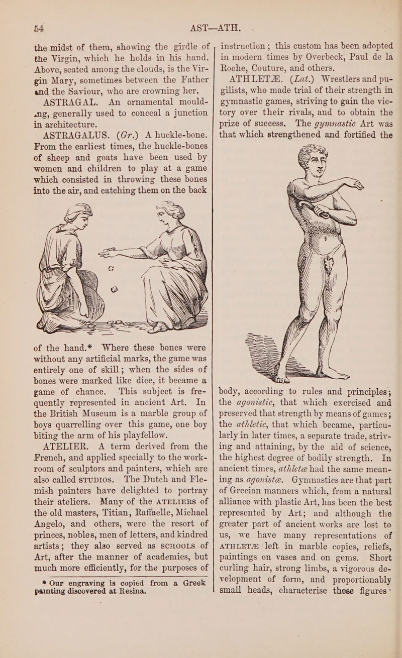 the midst of them, showing the girdle of the Virgin, which he holds in his hand. Above, seated among the clouds, is the Vir- gin Mary, sometimes between the Father and the Saviour, who are crowning her. ASTRAGAL. An ornamental mould- ang, generally used to conceal a junction in architecture. ASTRAGALUS. (G@r.) A huckle-bone. From the earliest times, the huckle-bones of sheep and goats have been used by women and children to play at a game which consisted in throwing these bones into the air, and catching them on the back of the hand.* Where these bones were without any artificial marks, the game was entirely one of skill; when the sides of bones were marked like dice, it became a game of chance. This subject is fre- quently represented in ancient Art. In the British Museum is a marble group of boys quarrelling over this game, one boy biting the arm of his playfellow. ATELIER. A term derived from the French, and applied specially to the work- room of sculptors and painters, which are also called strup1os. The Dutch and Fle- mish painters have delighted to portray their ateliers. Many of the aATELIERS of the old masters, Titian, Raffaelle, Michael Angelo, and others, were the resort of princes, nobles, men of letters, and kindred artists; they also served as SCHOOLS of Art, after the manner of academies, but much more efficiently, for the purposes of * Our engraving is copied from a Greek painting discovered at Resina. instruction ; this custom has been adopted in modern times by Overbeck, Paul de la Roche, Couture, and others. ATHLETZ, (Lat.) Wrestlers and pu- gilists, who made trial of their strength in gymnastic games, striving to gain the vic- tory over their rivals, and to obtain the prize of success. The gymnastic Art was that which strengthened and fortified the body, according to rules and principles; the agonistic, that which exercised and preserved that strength by means of games; the athletic, that which became, particu- larly in later times, a separate trade, striv- ing and attaining, by the aid of science, the highest degree of bodily strength. In ancient times, athlete had the same mean- ing as agoniste. Gymnastics are that part of Grecian manners which, from a natural alliance with plastic Art, has been the best represented by Art; and although the greater part of ancient works are lost to us, we have many representations of ATHLET# left in marble copies, reliefs, paintings on vases and on gems. Short curling hair, strong limbs, a vigorous de- velopment of form, and _proportionably small heads, characterise these figures: