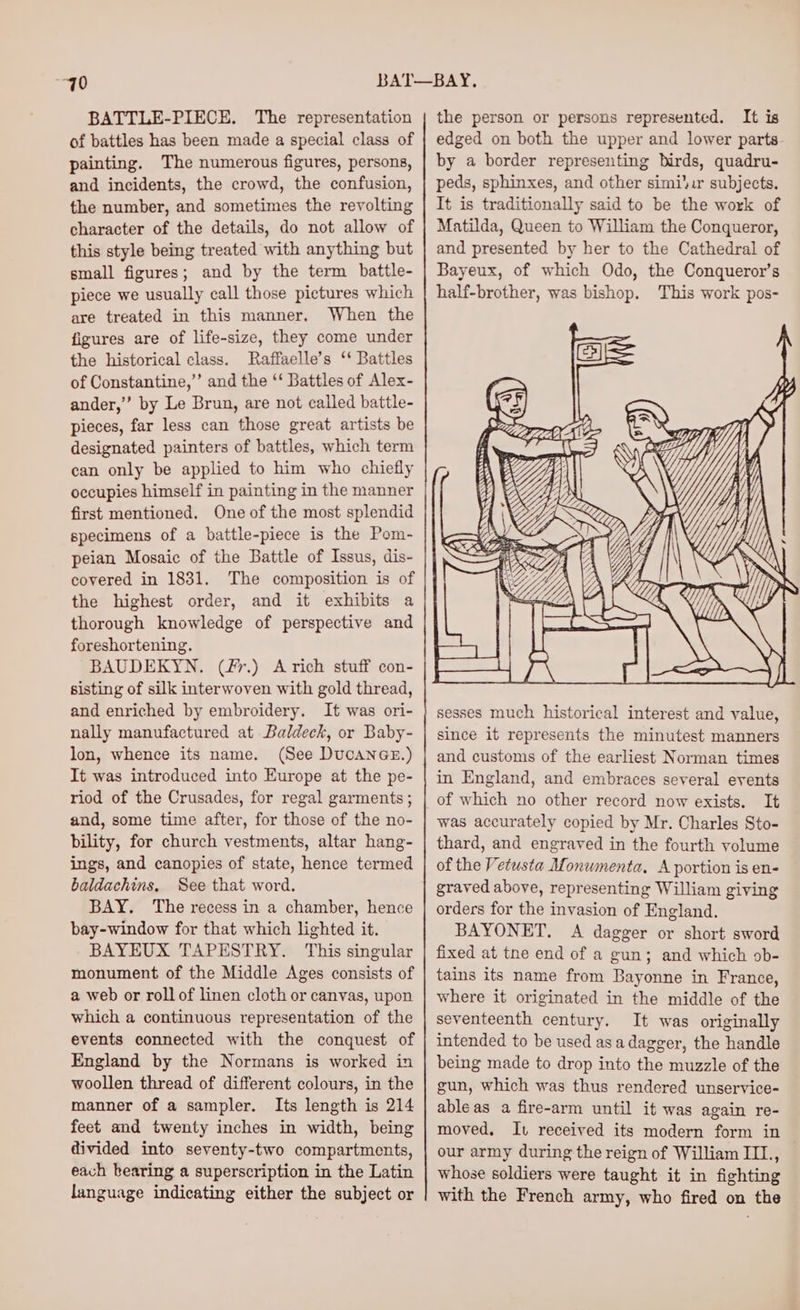 e “70 BATTLE-PIECE, The representation of battles has been made a special class of painting. The numerous figures, persons, and incidents, the crowd, the confusion, the number, and sometimes the revolting character of the details, do not allow of this style being treated with anything but small figures; and by the term battle- piece we usually call those pictures which are treated in this manner, When the figures are of life-size, they come under the historical class. Raffaelle’s ‘‘ Battles of Constantine,’’ and the ‘‘ Battles of Alex- ander,’ by Le Brun, are not called battle- pieces, far less can those great artists be designated painters of battles, which term can only be applied to him who chiefly occupies himself in painting in the manner first mentioned. One of the most splendid specimens of a battle-piece is the Pom- peian Mosaic of the Battle of Issus, dis- covered in 1831. The composition is of the highest order, and it exhibits a thorough knowledge of perspective and foreshortening. BAUDEKYN. (f%.) Arich stuff con- sisting of silk interwoven with gold thread, and enriched by embroidery. It was ori- nally manufactured at Baldeck, or Baby- lon, whence its name. (See DUCANGE.) It was introduced into Europe at the pe- riod of the Crusades, for regal garments ; and, some time after, for those of the no- bility, for church vestments, altar hang- ings, and canopies of state, hence termed baldachins. See that word. BAY. The recess in a chamber, hence bay-window for that which lighted it. BAYEUX TAPESTRY. This singular monument of the Middle Ages consists of a web or roll of linen cloth or canvas, upon which a continuous representation of the events connected with the conquest of England by the Normans is worked in woollen thread of different colours, in the manner of a sampler. Its length is 214 feet and twenty inches in width, being divided into seventy-two compartments, each bearing a superscription in the Latin language indicating either the subject or the person or persons represented. It is edged on both the upper and lower parts. by a border representing birds, quadru- peds, sphinxes, and other simi‘ur subjects. It is traditionally said to be the work of Matilda, Queen to William the Conqueror, and presented by her to the Cathedral of Bayeux, of which Odo, the Conqueror’s half-brother, was bishop. This work pos- sesses much historical interest and value, since it represents the minutest manners and customs of the earliest Norman times in England, and embraces several events was accurately copied by Mr. Charles Sto- thard, and engraved in the fourth volume of the Vetusta Monwmenta,. A portion is en- grayed above, representing William giving orders for the invasion of England. BAYONET. A dagger or short sword fixed at tne end of a gun; and which ob- tains its name from Bayonne in France, where it originated in the middle of the seventeenth century. It was originally intended to be used as a dagger, the handle being made to drop into the muzzle of the gun, which was thus rendered unservice- able as a fire-arm until it was again re- moved. Iv received its modern form in our army during the reign of William III., whose soldiers were taught it in fighting with the French army, who fired on the
