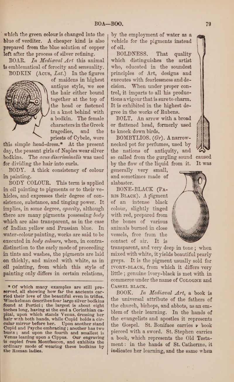 ‘which the green colour is changed into the blue of verditer. A cheaper kind is also prepared from the blue solution of copper left after the process of silver refining. BOAR. In Medieval Art this animal {fs emblematical of ferocity and sensuality. BODKIN (Acus, Lat.) In the figures of maidens in highest antique style, we see the hair either bound together at the top of the head or fastened in a knot behind with a bodkin. The female characters in the Greek tragedies, and _ the priests of Cybele, wore this simple head-dress.* At the present day, the peasant girls of Naples wear silver bodkins. The aeus discriminalis was used for dividing the hair into curls. BODY. A thick consistency of colour in painting. BODY COLOUR. This term is applied in oil painting to pigments or to their ve- hicles, and expresses their degree of con- sistence, substance, and tinging power. It implies, in some degree, opacity, although there are many pigments possessing Jody which are also transparent, as in the case of Indian yellow and Prussian blue. In water-colour painting, works are said to be executed in body colours, when, in contra- distinction to the early mode of proceeding in tints and washes, the pigments are laid on thickly, and mixed with white, as in oil painting, from which this style of painting only differs in certain relations, * Of which many examples are still pre- served, all showing how far the ancients car- ried their love of the beautiful even in trifles. Winckelman describes four large silver bodkins found at Portici; the largest is about eight inches long, having at the end a Corinthian ca- ‘pital, upon which stands Venus, dressing her ‘hair with both hands, while Cupid holds a cir- cular mirror before her. Upon another stand Cupid and Psyche embracing ; another has two dusts; and upon the fourth and smallest is - Venus leaning upon a Cippus. Our engraving is copied from Montfaucon, and exhibits the ordinary mode of wearing these bodkins by _ the Roman ladies. by the employment of water as a vehicle for the pigments instead of oil. BOLDNESS. That quality which distinguishes the artist who, educated in the soundest principles of Art, designs and executes with fearlessness and de- cision. When under proper con- trol, it imparts to all his produc- tions a vigour that is sure to charm, It is exhibited in the highest de- gree in the works of Rubens. BOLT, An arrow with a broad or flattened head, formerly used to knock down birds, BOMBYLIOS. (Gr). Anarrow- necked pot for perfumes, used by the nations of antiquity, and so called from the gurgling sound by the flow of the liquid from it. generally very small, and sometimes made of alabaster. BONE-BLACK (Pa- RIs Buack). A pigment of an intense black colour, slightly tinged with red, prepared from the bones of various animals burned in close vessels, free from the contact of air. It is transparent, and very deep in tone; when mixed with white, it yields beautiful pearly greys. It is the pigment usually sold for IVORY-BLACK, from which it differs very little ; genuine ivory-black is met with in commerce under the name of CoLOGNE and CASSEL BLACK. BOOK. In Medieval Art, a book is the universal attribute of the fathers of the church, bishops, and abbots, as an em- blem of their learning. In the hands of the evangelists and apostles it represents the Gospel. St. Boniface carries » book pierced with a sword. St. Stephen carries a book, which represents the Old Testa- ment: in the hands of St. Catherine, it indicates her learning, and the same when caused It was