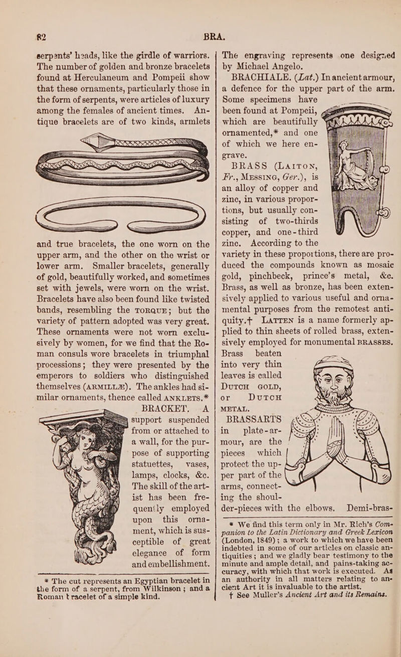 serp2nts’ heads, like the girdle of warriors. The number of golden and bronze bracelets found at Herculaneum and Pompeii show that these ornaments, particularly those in the form of serpents, were articles of luxury among the females of ancient times. An- tique bracelets are of two kinds, armlets Yo Wa = — aa = RENN Se Se SRE AA asia : x WS == and true bracelets, the one worn on the upper arm, and the other on the wrist or lower arm. Smaller bracelets, generally of gold, beautifully worked, and sometimes set with jewels, were worn on the wrist. Bracelets have also been found like twisted bands, resembling the ToRQUE; but the variety of pattern adopted was very great. These ornaments were not worn exclu- sively by women, for we find that the Ro- man consuls wore bracelets in triumphal processions; they were presented by the emperors to soldiers who distinguished themselves (ARMILLZ). The ankles had si- milar ornaments, thence called ANKLETS.* BRACKET, A ma support suspended from or attached to a wall, for the pur- pose of supporting statuettes, vases, lamps, clocks, &amp;c. The skill of the art- ist has been fre- quently employed upon this orna- ment, which is sus- ceptible of great elegance of form and embellishment. * The cut represents an Egyptian bracelet in the form of a serpent, from Wilkinson ; and a Roman t racelet of a simple kind. The engraving represents one designed by Michael Angelo. BRACHIALE. (Lat.) Inancient armour, a defence for the upper part of the arm, Some specimens have been found at Pompeii, g which are beautifully 4 ornamented,* and one { of which we here en- grave. BRASS (LAITon, Fr., MESSING, Ger.), is an alloy of copper and zine, in various propor- tions, but usually con- sisting of two-thirds copper, and one-third zine. According to the variety in these proportions, there are pro- duced the compounds known as mosaic gold, pinchbeck, prince’s metal, de. Brass, as well as bronze, has been exten- sively applied to various useful and orna- mental purposes from the remotest anti- quity.¢ LatTTEN is a name formerly ap- plied to thin sheets of rolled brass, exten- sively employed for monumental BRASSEs. Brass _ beaten into very thin leaves is called DutcH GOLD, or DutTcH METAL. BRASSARTS in plate-ar- mour, are the pieces which protect the up- per part of the arms, connect- ing the shoul- der-pieces with the elbows. Demi-bras- * We find this term only in Mr. Rich’s Com- panion to the Latin Dictionary and Greek Lexicon (London, 1849); a work to which we have been indebted in some of our articles on classic an- tiquities ; and we gladly bear testimony to the minute and ample detail, and pains-taking ac- curacy, with which that work is executed. As an authority in all matters relating to an- cient Art it is invaluable to the artist. ¢ See Muller’s Ancient Art and its Remains.
