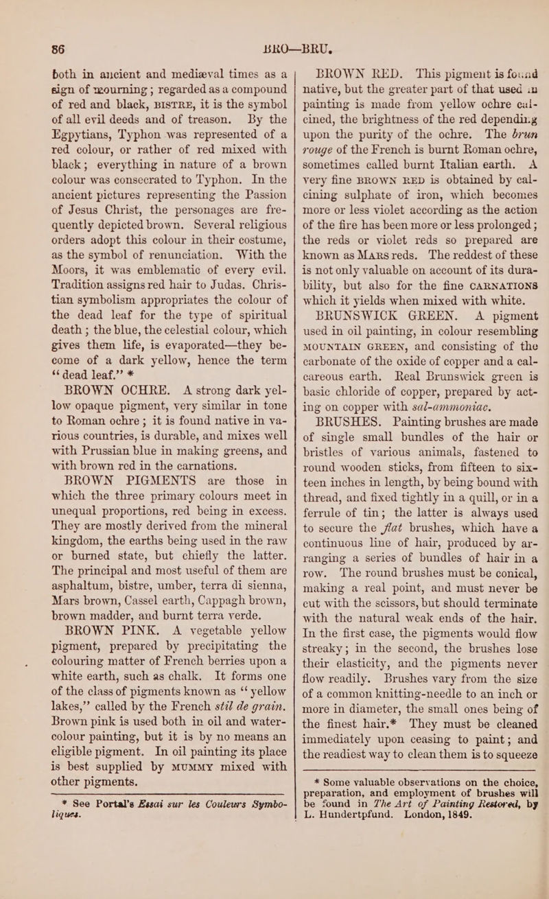 both in ancient and medieval times as a sign of mourning ; regarded as a compound of red and black, BISTRE, it is the symbol of all evil deeds and of treason. By the Egpytians, Typhon was represented of a red colour, or rather of red mixed with black; everything in nature of a brown colour was consecrated to Typhon. In the ancient pictures representing the Passion of Jesus Christ, the personages are fre- quently depicted brown. Several religious orders adopt this colour in their costume, as the symbol of renunciation. With the Moors, it was emblematic of every evil. Tradition assigns red hair to Judas. Chris- tian symbolism appropriates the colour of the dead leaf for the type of spiritual death ; the blue, the celestial colour, which gives them life, is evaporated—they be- come of a dark yellow, hence the term “dead leaf.” * BROWN OCHRE. A strong dark yel- low opaque pigment, very similar in tone to Roman ochre ; it is found native in va- rious countries, is durable, and mixes well with Prussian blue in making greens, and with brown red in the carnations. BROWN PIGMENTS are those in which the three primary colours meet in unequal proportions, red being in excess. They are mostly derived from the mineral kingdom, the earths being used in the raw or burned state, but chiefly the latter. The principal and most useful of them are asphaltum, bistre, umber, terra di sienna, Mars brown, Cassel earth, Cappagh brown, brown madder, and burnt terra verde. BROWN PINK. A vegetable yellow pigment, prepared by precipitating the colouring matter of French berries upon a white earth, such as chalk. It forms one of the class of pigments known as ‘‘ yellow lakes,”’ called by the French sti de grain. Brown pink is used both in oil and water- colour painting, but it is by no means an eligible pigment. In oil painting its place is best supplied by MuMMy mixed with other pigments. * See Portal’s Essai sur les Couleurs Symbo- ligues. BROWN RED. This pigment is found native, but the greater part of that used iu painting is made from yellow ochre cul- cined, the brightness of the red depending upon the purity of the ochre. The drun rouge of the French is burnt Roman ochre, sometimes called burnt Italian earth. A very fine BROWN RED is obtained by cal- cining sulphate of iron, which becomes more or less violet according as the action of the fire has been more or less prolonged ; the reds or violet reds so prepared are known as Marsreds. The reddest of these is not only valuable on account of its dura- bility, but also for the fine CARNATIONS which it yields when mixed with white. BRUNSWICK GREEN. A pigment used in oil painting, in colour resembling MOUNTAIN GREEN, and consisting of the carbonate of the oxide of copper and a cal- careous earth. Real Brunswick green is basic chloride of copper, prepared by act- ing on copper with sal-ammoniac. BRUSHES. Painting brushes are made of single small bundles of the hair or bristles of various animals, fastened to round wooden sticks, from fifteen to six- teen inches in length, by being bound with thread, and fixed tightly in a quill, or ina ferrule of tin; the latter is always used to secure the flat brushes, which have a continuous line of hair, produced by ar- ranging a series of bundles of hair in a row. The round brushes must be conical, making a real point, and must never be cut with the scissors, but should terminate with the natural weak ends of the hair. In the first case, the pigments would flow streaky; in the second, the brushes lose their elasticity, and the pigments never flow readily. Brushes vary from the size of a common knitting-needle to an inch or more in diameter, the small ones being of the finest hair.* They must be cleaned immediately upon ceasing to paint; and the readiest way to clean them is to squeeze * Some valuable observations on the choice, preparation, and employment of brushes will be found in Zhe Art of Painting Restored, by