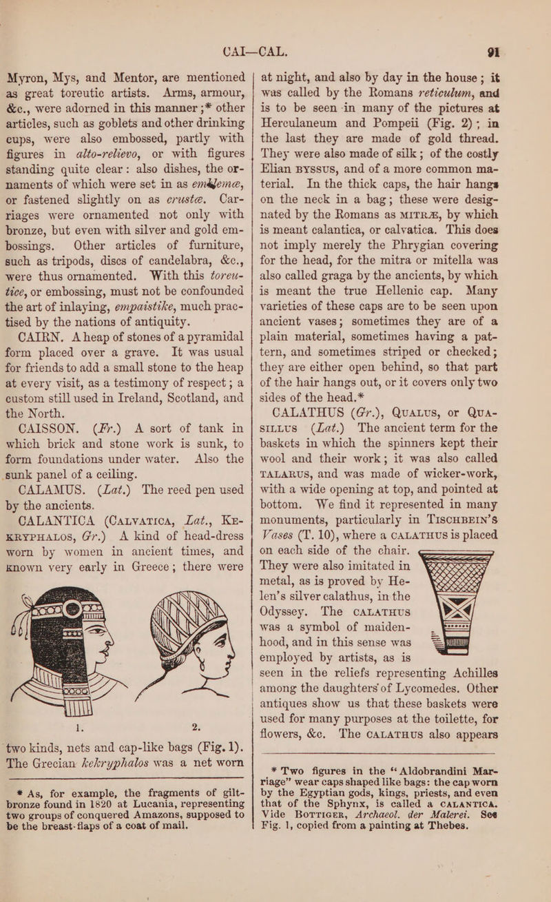 Myron, Mys, and Mentor, are mentioned as great toreutic artists. Arms, armour, &amp;c., were adorned in this manner ;* other articles, such as goblets and other drinking cups, were also embossed, partly with figures in alto-relievo, or with figures standing quite clear: also dishes, the or- naments of which were set in as em@Jeme, or fastened slightly on as cruste. Car- riages were ornamented not only with bronze, but even with silver and gold em- bossings. Other articles of furniture, such as tripods, discs of candelabra, &amp;c., were thus ornamented. With this torew- tice, or embossing, must not be confounded the art of inlaying, empaistike, much prac- tised by the nations of antiquity. CAIRN. Aheap of stones of a pyramidal form placed over a grave. It was usual for friends to add a small stone to the heap at every visit, as a testimony of respect ; a custom still used in Ireland, Scotland, and the North. CAISSON. (#fr.) A sort of tank in which brick and stone work is sunk, to form foundations under water. Also the sunk panel of a ceiling. CALAMUS. (Lat.) The reed pen used by the ancients. CALANTICA (Canvatica, Lat., Kz- KRYPHALOS, Gr.) A kind of head-dress worn by women in ancient times, and known very early in Greece; there were * As, for example, the fragments of gilt- bronze found in 1820 at Lucania, representing two groups of conquered Amazons, supposed to be the breast- flaps of a coat of mail. 91 at night, and also by day in the house ; it was called by the Romans reticulum, and is to be seen in many of the pictures at Herculaneum and Pompeii (Fig. 2); in the last they are made of gold thread. They were also made of silk ; of the costly Elian syssvus, and of a more common ma- terial. In the thick caps, the hair hangs on the neck in a bag; these were desig- nated by the Romans as MITR&amp;, by which is meant calantica, or calvatica. This does not imply merely the Phrygian covering for the head, for the mitra or mitella was also called graga by the ancients, by which is meant the true Hellenic cap. Many varieties of these caps are to be seen upon ancient vases; sometimes they are of a plain material, sometimes having a pat- tern, and sometimes striped or checked; they are either open behind, so that part of the hair hangs out, or it covers only two sides of the head.* CALATHUS (Gr.), Quauus, or Qua- siutus (ZLat.) The ancient term for the baskets in which the spinners kept their wool and their work; it was also called TALARUS, and was made of wicker-work, with a wide opening at top, and pointed at bottom. We find it represented in many monuments, particularly in TIsCHBEIN’S Vases (T. 10), where a CALATHUS is placed on each side of the chair. They were also imitated in metal, as is proved by He- len’s silver calathus, in the Odyssey. The cALATHUS was a symbol of maiden- hood, and in this sense was employed by artists, as is seen in the reliefs representing Achilles among the daughters of Lycomedes. Other antiques show us that these baskets were used for many purposes at the toilette, for flowers, &amp;c. The CALATHUS also appears * Two figures in the ‘* Aldobrandini Mar- riage” wear caps shaped like bags: the cap worn by the Egyptian gods, kings, priests, and even that of the Sphynx, is called a CALANTICA. Vide BoTrictr, Archaeol. der Malerei. See Fig. 1, copied from a painting at Thebes.