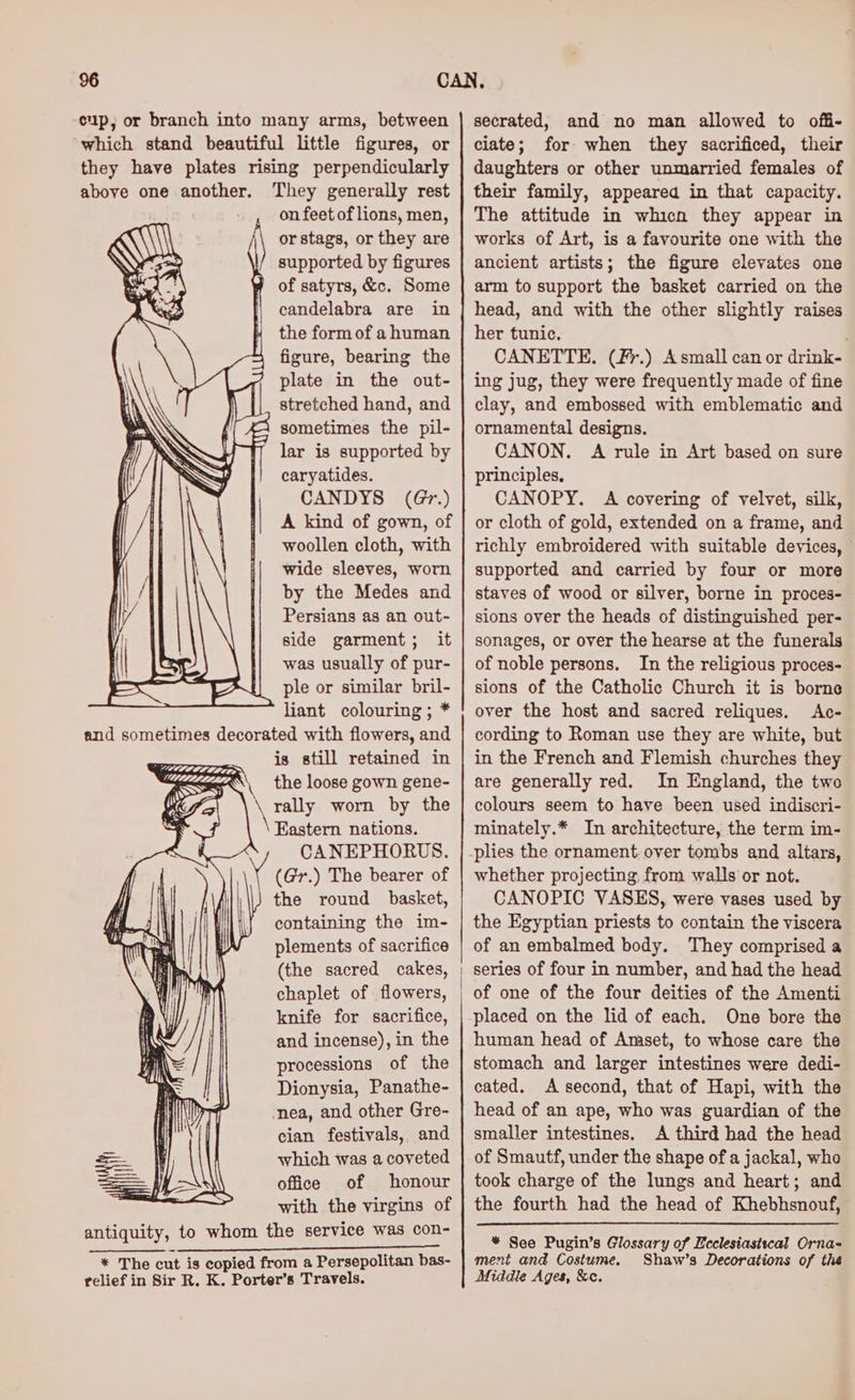 cup, or branch into many arms, between ‘which stand beautiful little figures, or they have plates rising perpendicularly above one another. They generally rest on feet of lions, men, or stags, or they are supported by figures } of satyrs, &c. Some candelabra are in the form of a human figure, bearing the plate in the out- stretched hand, and sometimes the pil- lar is supported by caryatides. CANDYS (G*.) A kind of gown, of woollen cloth, with wide sleeves, worn by the Medes and Persians as an out- side garment; it was usually of pur- ple or similar bril- liant colouring; * and sometimes decorated with flowers, and is still retained in the loose gown gene- rally worn by the Eastern nations. CANEPHORUS. (Gr.) The bearer of the round basket, containing the im- plements of sacrifice (the sacred cakes, chaplet of flowers, knife for sacrifice, and incense), in the processions of the Dionysia, Panathe- nea, and other Gre- cian festivals, and which was a coveted office of honour with the virgins of antiquity, to whom the service was con- “UOOETE MB re ULTRA LAMP “a Me pe Rae a ee eee ew eh ee eee * The cut is copied from a Persepolitan bas- relief in Sir R. K. Porter’s Travels. secrated, and no man allowed to offi- ciate; for when they sacrificed, their daughters or other unmarried females of their family, appeared in that capacity. The attitude in whicn they appear in works of Art, is a favourite one with the ancient artists; the figure elevates one arm to support the basket carried on the head, and with the other slightly raises her tunic. ; CANETTE. (#%.) Asmall can or drink- ing jug, they were frequently made of fine clay, and embossed with emblematic and ornamental designs. CANON. A rule in Art based on sure principles, CANOPY. A covering of velvet, silk, or cloth of gold, extended on a frame, and richly embroidered with suitable devices, - supported and carried by four or more staves of wood or silver, borne in proces- sions over the heads of distinguished per- sonages, or over the hearse at the funerals of noble persons. In the religious proces- sions of the Catholic Church it is borne over the host and sacred reliques. Ac- cording to Roman use they are white, but in the French and Flemish churches they are generally red. In England, the two colours seem to have been used indiscri- minately.* In architecture, the term im- plies the ornament. over tombs and altars, whether projecting from walls or not. CANOPIC VASES, were vases used by the Egyptian priests to contain the viscera of an embalmed body. They comprised a series of four in number, and had the head of one of the four deities of the Amenti placed on the lid of each. One bore the human head of Amset, to whose care the stomach and larger intestines were dedi- eated. A second, that of Hapi, with the head of an ape, who was guardian of the smaller intestines. A third had the head of Smautf, under the shape of a jackal, who took charge of the lungs and heart; and the fourth had the head of Khebhsnouf, * See Pugin’s Glossary of Ecclesiastwcal Orna- ment and Costume. Shaw’s Decorations of the Middle Ages, &e.