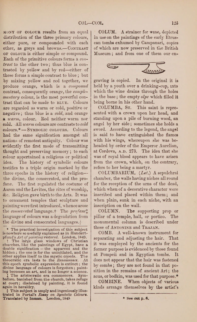 NONY OF COLOUR results from an equal distribution of the three primary colours, either pure, or compounded with each other, as greys and browns.—ConrTrasT OF COLOUR is either simple or compound. Each of the primitive colours forms a cov- trast to the other two; thus blue is con- trasted by yellow and by red—either of these forms a simple contrast to blue; but by mixing yellow and red together, we produce orange, which is a compound contrast, consequently orange, the comple- mentary colour, is the most powerful con- trast that can be made to BLUE. Colours are regarded as warm or cold, positive or negative; thus blue is a cold, and orange a warm, colour. cold, -All warm colours.are contrasts to cold colours.* — SYMBOLIC coLoURS. Colours had the same signification amongst all nations of remotest antiquity. Colour was evidently the first mode of transmitting colour appertained a religious or political idea. The history of symbolic colours testifies to a triple origin marked by the three epochs in the history of religion—- the divine, the consecrated, and the pro- fane. The first regulated the costume of Aaron and the Levites, the rites of worship, &amp;e. Religion gave birthto the Arts. It was to ornament temples that sculpture and the consecrated language.t The profanet an ours was a degradation from language of col as a degradation from the divine and consecrated languages.) * The practical investigation of this subject is nowhere so usefully explained as in Hundert- pfund’s Art of painting restored. London, 1849. t The large glass windows of Christian churches. like the paintings of Egypt, have a hidden ; the one is for the uninitiated, and the other applies itself to the mystic creeds. The theocratic era lasts to the Renaissance. At this epoch symbolic expression is extinct ; the divine language of colours is forgotten; paint- ing becomes an art, and is no longer a science. { The aristocratic era commences. Sym- bolism. banished from the church, takes refuge at court; disdained by painting, it is found again in heraldry. , § This subject is amply and ingeniously illus- trated in Portal’s Hssay on Symbolic Colours. Translated by Inman. London, 1845 COLUM. A strainer for wine, depicted in use on the paintings of the early Etrus- can tombs exhumed by Campanari, copies of which are now preserved in tie British Museum; and from one of them our en- graving is copied. In the original it is held by a youth over a drinking-cup, into which the wine drains through the holes in the base; the empty olpe which filled it being borne in his other hand. COLUMBA, Sr. This saint is repre- sented with a crown upon her head, and standing upon a pile of burning wood, an angel by her side; sometimes she holds a sword. According to the legend, the angel is said to have extinguished the flames with his wings, whereupon she was be- headed by order of the Emperor Aurelian, at Cordova, a.D. 273. The idea that she was of royal blood appears to have arisen from the crown, which, on the contrary, refers to her being a martyr. COLUMBARIUM. (Lat.) A sepulchral chamber, the walls having niches all round for the reception of the urns of the dead, which when of a decorative character were inscribed and placed within them; and when plain, sunk in each niche, with an inscription on the wall. COLUMN. The supporting prop or pillar of a temple, hall, or portico. The monumental column is described under those of ANTONINE and TRAJAN. COMB. A well-known instrument for separating and adjusting the hair.. That it was employed by the ancients for the former purpose is evidenced by those found at Pompeii and in Egyptian tombs. It does not appear that the hair was fastened by combs; they are not found in that po- sition in the remains of ancient Art; the acus, or bodkin, was used for that purpose.* COMBINE. When objects of: various kinds arrange themselves by the artist’s * Sce cut p. 6.