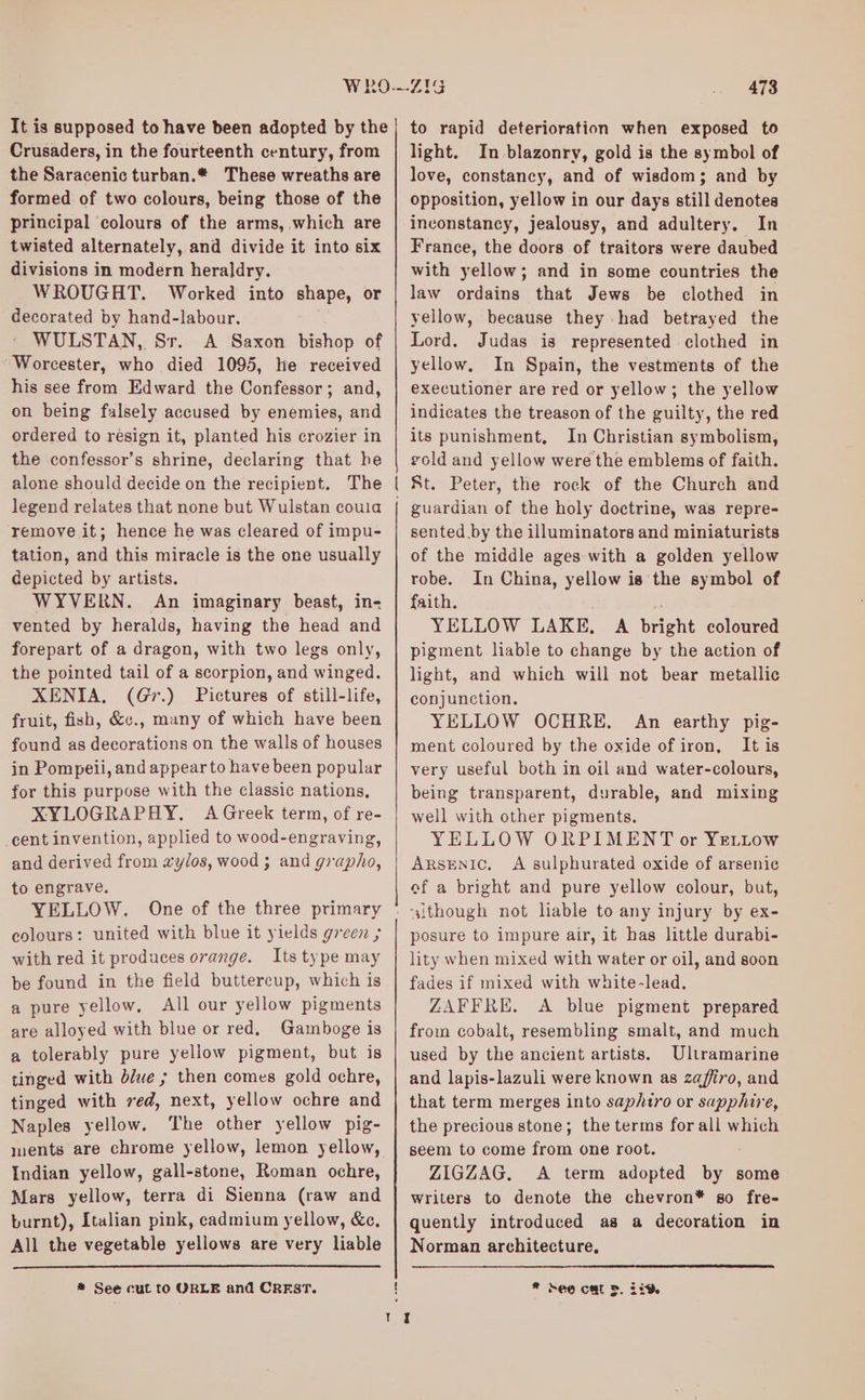 It is supposed to have been adopted by the Crusaders, in the fourteenth century, from the Saracenic turban.* These wreaths are formed of two colours, being those of the principal ‘colours of the arms, which are twisted alternately, and divide it into six divisions in modern heraldry. WROUGHT. Worked into shape, or decorated by hand-labour. - WULSTAN, Sr. A Saxon bishop of “Worcester, who died 1095, he received his see from Edward the Confessor; and, on being falsely accused by enemies, and ordered to resign it, planted his crozier in the confessor’s shrine, declaring that he alone should decide on the recipient. The legend relates that none but Wulstan coula remove it; hence he was cleared of impu- tation, and this miracle is the one usually depicted by artists. WYVERN. An imaginary beast, in- vented by heralds, having the head and forepart of a dragon, with two legs only, the pointed tail of a scorpion, and winged. XENIA. (Gr.) Pictures of still-life, fruit, fish, &c., many of which have been found as decorations on the walls of houses in Pompeii, and appear to have been popular for this purpose with the classic nations, XYLOGRAPHY. A Greek term, of re- cent invention, applied to wood-engraving, and derived from wylos, wood ; and grapho, to engrave. YELLOW. One of the three primary colours: united with blue it yields green ; with red it produces orange. Its type may be found in the field buttercup, which is a pure yellow, All our yellow pigments are alloyed with blue or red. Gamboge is a tolerably pure yellow pigment, but is tinged with dlwe ; then comes gold ochre, tinged with ved, next, yellow ochre and Naples yellow. The other yellow pig- ments are chrome yellow, lemon yellow, Indian yellow, gall-atone, Roman ochre, Mars yellow, terra di Sienna (raw and burnt), Italian pink, cadmium yellow, &c, All the vegetable yellows are very liable * See cut to ORLE and CREST. Ne cmmemmmemmeentiieen een seme es 473 to rapid deterioration when exposed to light. In blazonry, gold is the symbol of love, constancy, and of wisdom; and by opposition, yellow in our days still denotes inconstancy, jealousy, and adultery. In France, the doors of traitors were daubed with yellow; and in some countries the law ordains that Jews be clothed in yellow, because they had betrayed the Lord. Judas is represented clothed in yellow, In Spain, the vestments of the executioner are red or yellow; the yellow indicates the treason of the guilty, the red its punishment, In Christian symbolism, gold and yellow were the emblems of faith. St. Peter, the rock of the Church and guardian of the holy doctrine, was repre- sented by the illuminators and miniaturists of the middle ages with a golden yellow robe. In China, yellow is the symbol of faith. i YELLOW LAKE, A bright coloured pigment liable to change by the action of light, and which will not bear metallic conjunction. YELLOW OCHRE. An earthy pig- ment coloured by the oxide of iron, It is very useful both in oil and water-colours, being transparent, durable, and mixing well with other pigments. YELLOW ORPIMENT or Yettow ArsEniIc, <A sulphurated oxide of arsenic ef a bright and pure yellow colour, but, ‘sithough not liable to any injury by ex- posure to impure air, it bas little durabi- lity when mixed with water or oil, and soon fades if mixed with white-lead. ZAFFRE. A blue pigment prepared from cobalt, resembling smalt, and much used by the ancient artists. Ultramarine and lapis-lazuli were known as zaffiro, and that term merges into saphtro or sapphire, the precious stone; the terms forall which seem to come from one root. ZIGZAG. A term adopted by some writers to denote the chevron* go fre- quently introduced as a decoration in Norman architecture, ® See cat d. 239.
