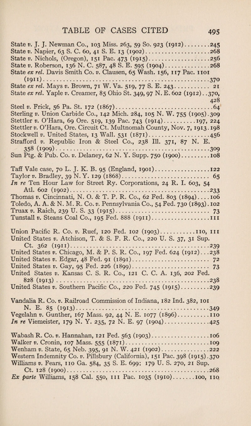 State v. J. J. Newman Co., 103 Miss. 263, 59 So. 923 (1912).245 State v. Napier, 63 S. C. 60, 41 S. E. 13 (1902).268 State v. Nichols, (Oregon), 151 Pac. 473 (1915). .256 State v. Roberson, 136 N. C. 587, 48 S. E. 595 (1904). .268 State ex rel. Davis Smith Co. v. Clausen, 65 Wash. 156, 117 Pac. 1101 (1911)..370 State ex rel. Mays v. Brown, 71 W. Va. 519, 77 S. E. 243. 21 State ex rel. Yaple v. Creamer, 85 Ohio St. 349, 97 N. E. 602 (1912). .370, 428 Steel v. Frick, 56 Pa. St. 172 (1867).64 Sterling v. Union Carbide Co., 142 Mich. 284, 105 N. W. 755 (1905).309 Stettler v. O’Hara, 69 Ore. 519, 139 Pac. 743 (1914).197, 224 Stettler v. O’Hara, Ore. Circuit Ct. Multnomah County, Nov. 7, 1913.198 Stockwell v. United States, 13 Wall. 531 (1871).456 Strafford v. Republic Iron & Steel Co., 238 Ill. 371, 87 N. E. 358 (1909).309 Sun Ptg. & Pub. Co. v. Delaney, 62 N. Y. Supp. 750 (1900).108 Taff Vale case, 70 L. J. K. B. 95 (England, 1901).122 Taylor v. Bradley, 39 N. Y. 129 (1868). 65 In re Ten Hour Law for Street Ry. Corporations, 24 R. I. 603, 54 Atl. 602 (1902).233 Thomas v. Cincinnati, N. O. & T. P. R. Co., 62 Fed. 803 (1894).... 106 Toledo, A. A. & N. M. R. Co. v. Pennsylvania Co., 54 Fed. 730 (1893). 102 Truax v. Raich, 239 U. S. 33 (1915). 73 Tunstall v. Steans Coal Co., 195 Fed. 888 (1911).ill Union Pacific R. Co. v. Ruef, 120 Fed. 102 (1903).no, in United States v. Atchison, T. & S. F. R. Co., 220 U. S. 37, 31 Sup. Ct. 362 (1911).239 United States v. Chicago, M. & P. S. R. Co., 197 Fed. 624 (1912). . .238 United States v. Edgar, 48 Fed. 91 (1891) . 72 United States v. Gay, 95 Fed. 226 (1899). 73 United States v. Kansas C. S. R. Co., 121 C. C. A. 136, 202 Fed. 828 (1913).238 United States v. Southern Pacific Co., 220 Fed. 745 (1915).239 Vandalia R. Co. v. Railroad Commission of Indiana, 182 Ind. 382, 101 N. E. 85 (1913).349 Vegelahn v. Gunther, 167 Mass. 92, 44 N. E. 1077 (1896).no In re Viemeister, 179 N. Y. 235, 72 N. E. 97 (1904).425 Wabash R. Co. v. Hannahan, 121 Fed. 563 (1903).106 Walker v. Cronin, 107 Mass. 555 (1871).109 Wenham v. State, 65 Neb. 395, 91 N. W. 421 (1902).222 Western Indemnity Co. v. Pillsbury (California), 151 Pac. 398 (1915).370 Williams v. Fears, no Ga. 584, 35 S. E. 699; 179 U. S. 270, 21 Sup. Ct. 128 (1900).268 Ex parte Williams, 158 Cal. 550, hi Pac. 1035 (1910).100, no