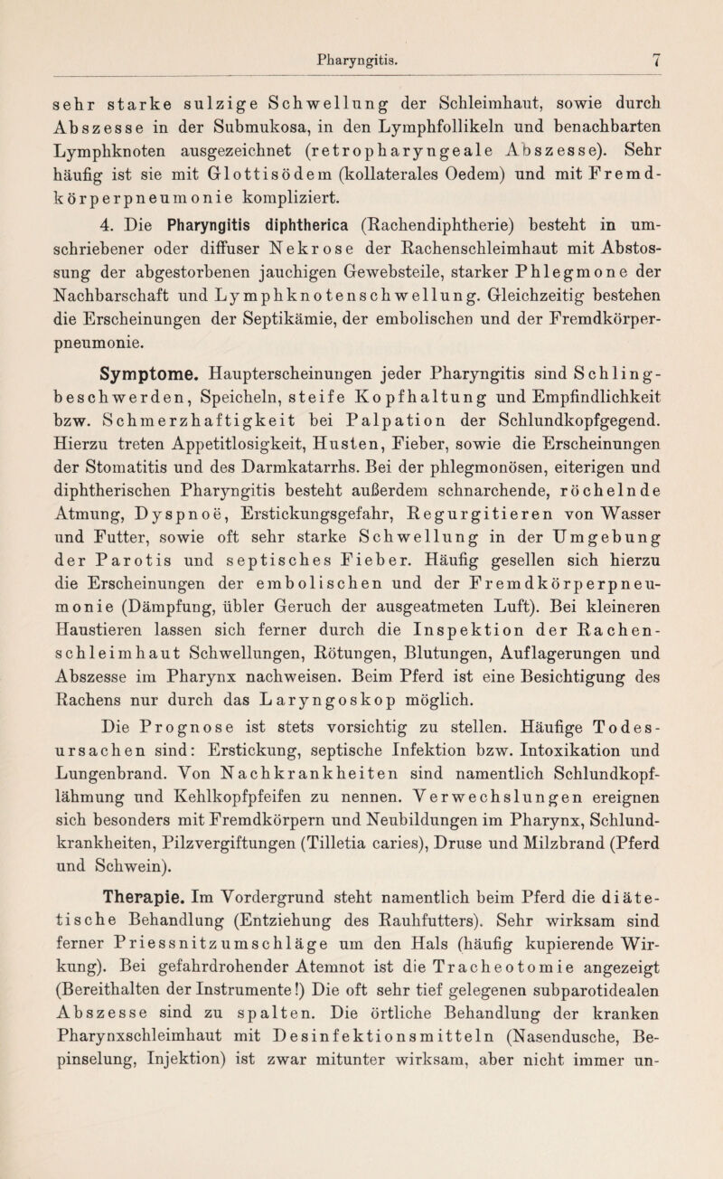 sehr starke sulzige Schwellung der Schleimhaut, sowie durch Abszesse in der Submukosa, in den Lymphfollikeln und benachbarten Lymphknoten ausgezeichnet (retropharyngeale Abszesse). Sehr häufig ist sie mit Glottisödem (kollaterales Oedem) und mit Fremd¬ körperpneumonie kompliziert. 4. Die Pharyngitis diphtherica (Rachendiphtherie) besteht in um¬ schriebener oder diffuser Nekrose der Rachenschleimhaut mit Abstos- sung der abgestorbenen jauchigen Gewebsteile, starker Phlegmone der Nachbarschaft und Lymphknotenschwellung. Gleichzeitig bestehen die Erscheinungen der Septikämie, der embolischen und der Fremdkörper¬ pneumonie. Symptome. Haupterscheinungen jeder Pharyngitis sind Schling¬ beschwerden, Speicheln, steife Kopfhaltung und Empfindlichkeit bzw. Schmerzhaftigkeit bei Palpation der Schlundkopfgegend. Hierzu treten Appetitlosigkeit, Husten, Fieber, sowie die Erscheinungen der Stomatitis und des Darmkatarrhs. Bei der phlegmonösen, eiterigen und diphtherischen Pharyngitis besteht außerdem schnarchende, röchelnde Atmung, Dyspnoe, Erstickungsgefahr, Regurgitieren von Wasser und Futter, sowie oft sehr starke Schwellung in der Umgebung der Parotis und septisches Fieber. Häufig gesellen sich hierzu die Erscheinungen der embolischen und der Fremdkörperpneu¬ monie (Dämpfung, übler Geruch der ausgeatmeten Luft). Bei kleineren Haustieren lassen sich ferner durch die Inspektion der Rachen¬ schleimhaut Schwellungen, Rötungen, Blutungen, Auflagerungen und Abszesse im Pharynx nachweisen. Beim Pferd ist eine Besichtigung des Rachens nur durch das Laryngoskop möglich. Die Prognose ist stets vorsichtig zu stellen. Häufige Todes¬ ursachen sind: Erstickung, septische Infektion bzw. Intoxikation und Lungenbrand. Von Nachkrankheiten sind namentlich Schlundkopf¬ lähmung und Kehlkopfpfeifen zu nennen. Verwechslungen ereignen sich besonders mit Fremdkörpern und Neubildungen im Pharynx, Schlund¬ krankheiten, Pilzvergiftungen (Tilletia caries), Druse und Milzbrand (Pferd und Schwein). Therapie. Im Vordergrund steht namentlich beim Pferd die diäte¬ tische Behandlung (Entziehung des Rauhfutters). Sehr wirksam sind ferner Priessnitzumschläge um den Hals (häufig kupierende Wir¬ kung). Bei gefahrdrohender Atemnot ist die Tracheotomie angezeigt (Bereithalten der Instrumente!) Die oft sehr tief gelegenen subparotidealen Abszesse sind zu spalten. Die örtliche Behandlung der kranken Pharynxschleimhaut mit Desinfektionsmitteln (Nasendusche, Be- pinselung, Injektion) ist zwar mitunter wirksam, aber nicht immer un-