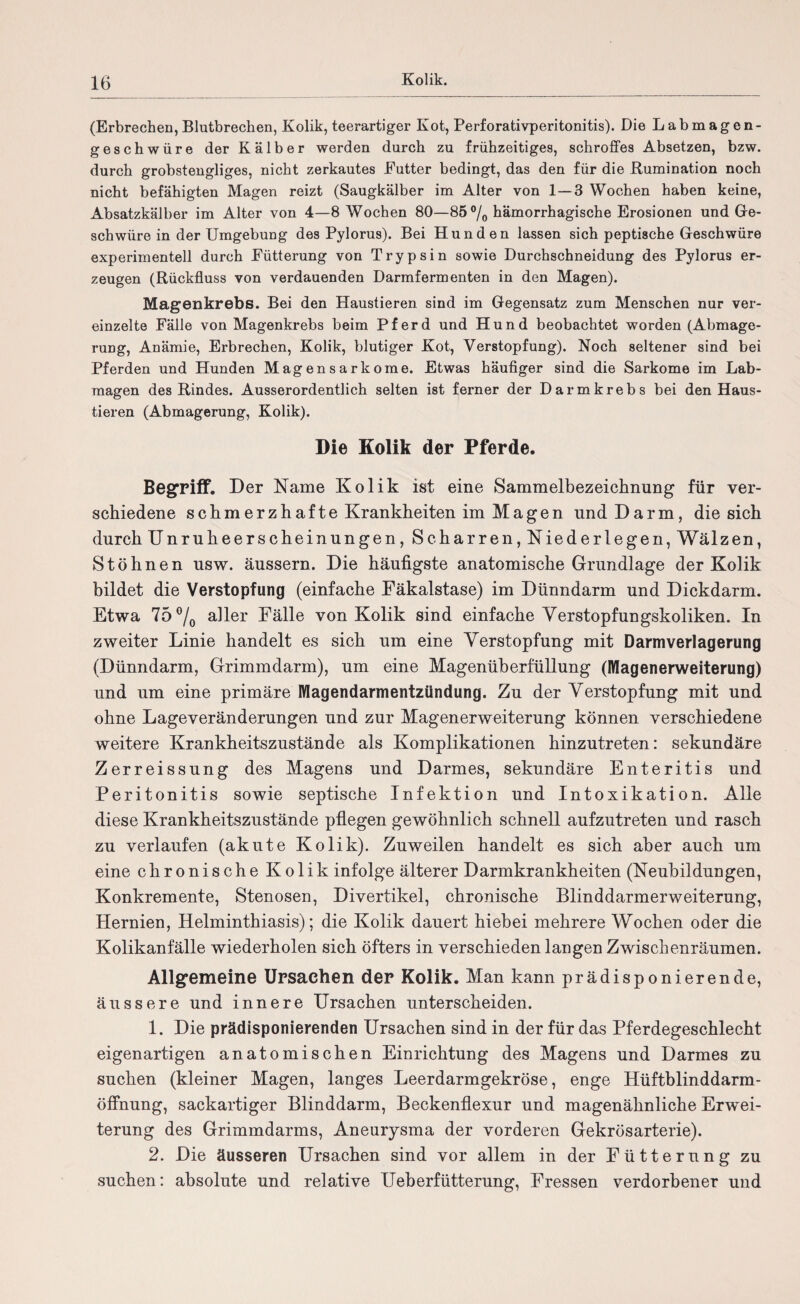 (Erbrechen, Blutbrecken, Kolik, teerartiger Kot, Perforativperitonitis). Die Labmagen¬ geschwüre der Kälber werden durch zu frühzeitiges, schroffes Absetzen, bzw. durch grobstengliges, nicht zerkautes Futter bedingt, das den für die Rumination noch nicht befähigten Magen reizt (Saugkälber im Alter von 1—3 Wochen haben keine, Absatzkälber im Alter von 4—8 Wochen 80—85°/0 hämorrhagische Erosionen und Ge¬ schwüre in der Umgebung des Pylorus). Bei Hunden lassen sich peptische Geschwüre experimentell durch Fütterung von Trypsin sowie Durchschneidung des Pylorus er¬ zeugen (Rückfluss von verdauenden Darmfermenten in den Magen). Magenkrebs. Bei den Haustieren sind im Gegensatz zum Menschen nur ver¬ einzelte Fälle von Magenkrebs beim Pferd und Hund beobachtet worden (Abmage¬ rung, Anämie, Erbrechen, Kolik, blutiger Kot, Verstopfung). Noch seltener sind bei Pferden und Hunden Magensarkome. Etwas häufiger sind die Sarkome im Lab¬ magen des Rindes. Ausserordentlich selten ist ferner der Darmkrebs bei den Haus¬ tieren (Abmagerung, Kolik). Die Kolik der Pferde. Begriff. Der Name Kolik ist eine Sammelbezeichnung für ver¬ schiedene schm erzhafte Krankheiten im Magen und Darm, die sich durch Unruheerscheinungen,Scharren,Niederlegen, Wälzen, Stöhnen usw. äussern. Die häufigste anatomische Grundlage der Kolik bildet die Verstopfung (einfache Fäkalstase) im Dünndarm und Dickdarm. Etwa 75°/o aller Fälle von Kolik sind einfache Verstopfungskoliken. In zweiter Linie handelt es sich um eine Verstopfung mit Darmverlagerung (Dünndarm, Grimmdarm), um eine Magenüberfüllung (Magenerweiterung) und um eine primäre Magendarmentzündung. Zu der Verstopfung mit und ohne Lageveränderungen und zur Magenerweiterung können verschiedene weitere Krankheitszustände als Komplikationen hinzutreten: sekundäre Zerreissung des Magens und Darmes, sekundäre Enteritis und Peritonitis sowie septische Infektion und Intoxikation. Alle diese Krankheitszustände pflegen gewöhnlich schnell aufzutreten und rasch zu verlaufen (akute Kolik). Zuweilen handelt es sich aber auch um eine chronische Kolik infolge älterer Darmkrankheiten (Neubildungen, Konkremente, Stenosen, Divertikel, chronische Blinddarmerweiterung, Hernien, Helminthiasis); die Kolik dauert hiebei mehrere Wochen oder die Kolikanfälle wiederholen sich öfters in verschieden langen Zwischenräumen. Allgemeine Ursachen der Kolik. Man kann prädisponierende, äussere und innere Ursachen unterscheiden. 1. Die prädisponierenden Ursachen sind in der für das Pferdegeschlecht eigenartigen anatomischen Einrichtung des Magens und Darmes zu suchen (kleiner Magen, langes Leerdarmgekröse, enge Hüftblinddarm- öffnung, sackartiger Blinddarm, Beckenflexur und magenähnliche Erwei¬ terung des Grimmdarms, Aneurysma der vorderen Gekrösarterie). 2. Die äusseren Ursachen sind vor allem in der Fütterung zu suchen: absolute und relative Ueberfütterung, Fressen verdorbener und