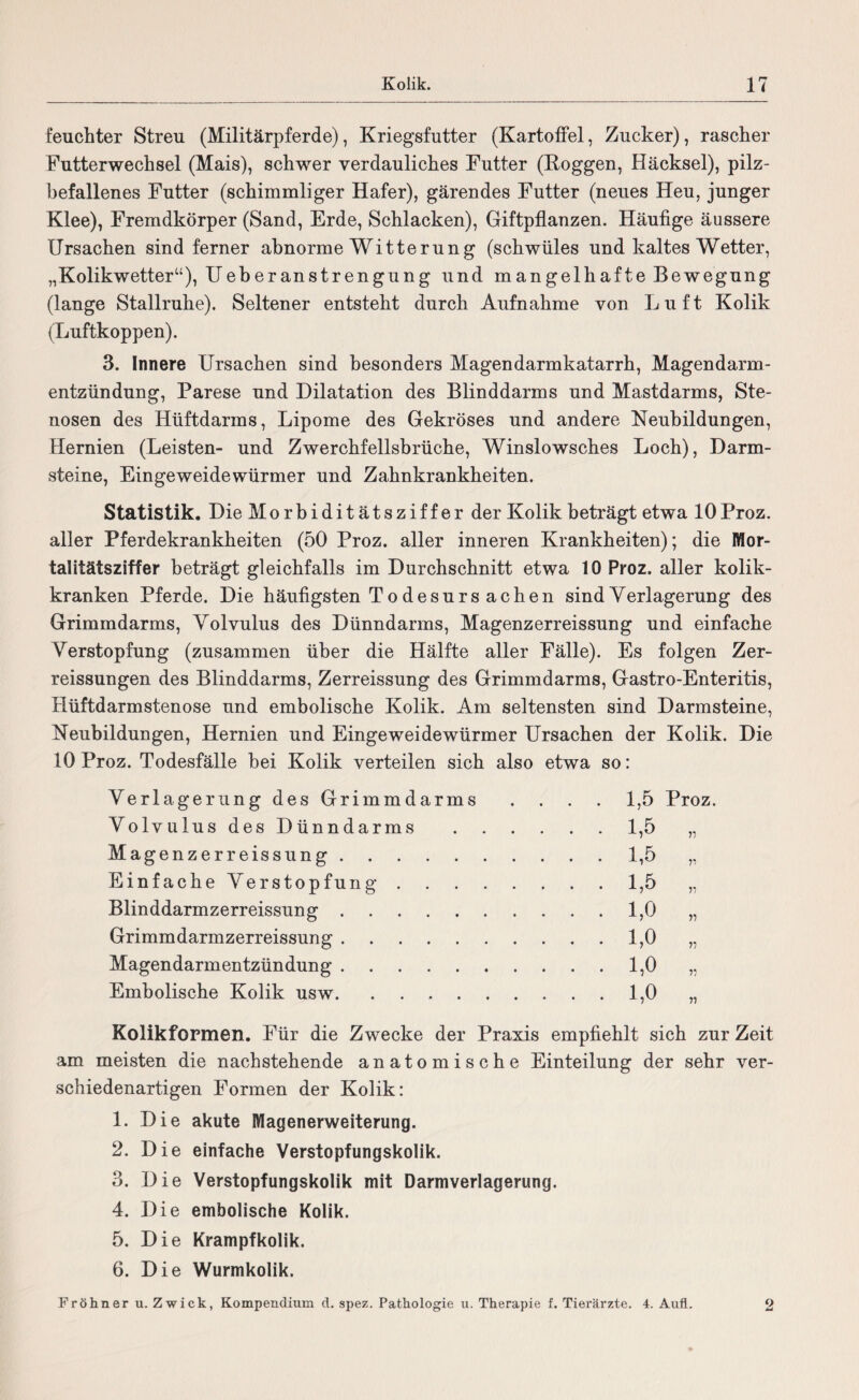 feuchter Streu (Militärpferde), Kriegsfutter (Kartoffel, Zucker), rascher Futterwechsel (Mais), schwer verdauliches Futter (Roggen, Häcksel), pilz¬ befallenes Futter (schimmliger Hafer), gärendes Futter (neues Heu, junger Klee), Fremdkörper (Sand, Erde, Schlacken), Giftpflanzen. Häufige äussere Ursachen sind ferner abnorme Witterung (schwüles und kaltes Wetter, „Kolikwetter“), U eher ans trengung und m an gelh afte Bewegung (lange Stallruhe). Seltener entsteht durch Aufnahme von Luft Kolik (Luftkoppen). 3. Innere Ursachen sind besonders Magendarmkatarrh, Magendarm¬ entzündung, Parese und Dilatation des Blinddarms und Mastdarms, Ste¬ nosen des Hüftdarms, Lipome des Gekröses und andere Neubildungen, Hernien (Leisten- und Zwerchfellsbrüche, Winslowsches Loch), Darm¬ steine, Eingeweidewürmer und Zahnkrankheiten. Statistik. Die Morbiditätsziffer der Kolik beträgt etwa lOProz. aller Pferdekrankheiten (50 Proz. aller inneren Krankheiten); die Mor- talitätsziffer beträgt gleichfalls im Durchschnitt etwa 10 Proz. aller kolik¬ kranken Pferde. Die häufigsten Todesursachen sindYerlagerung des Grimmdarms, Volvulus des Dünndarms, Magenzerreissung und einfache Verstopfung (zusammen über die Hälfte aller Fälle). Es folgen Zer- reissungen des Blinddarms, Zerreissung des Grimmdarms, Gastro-Enteritis, Hüftdarmstenose und embolische Kolik. Am seltensten sind Darmsteine, Neubildungen, Hernien und Eingeweidewürmer Ursachen der Kolik. Die 10 Proz. Todesfälle bei Kolik verteilen sich also etwa so: Verlagerung des Grimmdarms . . . . 1,5 Proz. Volvulus des Dünndarms .1,5 „ Magenzerreissung.1,5 „ Einfache Verstopfung.1,5 „ Blinddarmzerreissung.1,0 „ Grimmdarmzerreissung.1,0 „ Magendarmentzündung.1,0 „ Embolische Kolik usw.1,0 „ Kolikformen. Für die Zwecke der Praxis empfiehlt sich zur Zeit am meisten die nachstehende anatomische Einteilung der sehr ver¬ schiedenartigen Formen der Kolik: 1. Die akute Magenerweiterung. 2. Die einfache Verstopfungskolik. 3. Die Verstopfungskolik mit Darmverlagerung. 4. Die embolische Kolik. 5. Die Krampfkolik. 6. Die Wurmkolik. Fröhner u. Zwick, Kompendium d. spez. Pathologie u. Therapie f. Tierärzte. 4. Aufl. 2