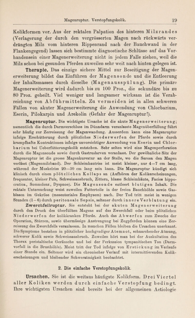Kolikformen vor. Aus der rektalen Palpation des hinteren Milzrandes (Verlagerung der durch den vergrösserten Magen nach rückwärts ver¬ drängten Milz vom hinteren Rippenrand nach der Bauchwand in der Flankengegend) lassen sich bestimmte diagnostische Schlüsse auf das Vor¬ handensein einer Magenerweiterung nicht in jedem Falle ziehen, weil die Milz schon bei gesunden Pferden zuweilen sehr weit nach hinten gelegen ist. Therapie. Das einzige sichere Mittel zur Beseitigung der Magen¬ erweiterung bildet das Einführen der Magensonde und die Entleerung der Inhaltsmassen durch dieselbe (Magenausspülung). Die primäre Magenerweiterung wird dadurch bis zu 100 Proz., die sekundäre bis zu 80 Proz. geheilt. Viel weniger und langsamer wirksam ist die Verab¬ reichung von Abführmitteln. Zu vermeiden ist in allen schweren Fällen von akuter Magenerweiterung die Anwendung von Chlorbarium, Eserin, Pilokarpin und Arekolin (Gefahr der Magenruptur!). Magenruptur. Die wichtigste Ursache ist die akute Magen er Weiterung; namentlich die durch Darmverschluss im Dünndarm veranlasste Magenüberfüllung führt sehr häufig zur Zerreissung der Magenwandung. Ausserdem kann eine Magenruptur infolge Erschütterung durch plötzliches Niederwerfen der Pferde sowie durch krampfhafte Kontraktionen infolge unvorsichtiger Anwendung von Eserin und Chlor¬ barium bei Ueberfütterungskolik entstehen. Sehr selten wird eine Magenperforation durch die Magensonde sowie durch Gastruslarven veranlasst. Der gewöhnliche Sitz der Magenruptur ist die grosse Magenkurvatur an der Stelle, wo die Serosa den Magen verlässt (Magenmilzband). Der Schleimhautriss ist meist kleiner, nur 4—7 cm lang, während der Muskelriss 20—30 cm lang sein kann. Die Magenruptur kündigt sich klinisch durch einen plötzlichen Kollaps an (Aufhören der Kolikerscheinungen, frequenter, kleiner Puls, Schweissausbruch, Zittern, blasse Schleimhäute, Facies hippo- cratica, Somnolenz, Dyspnoe). Die Magensonde entleert blutigen Inhalt. Die rektale Untersuchung weist zuweilen Futterteile in der freien Bauchhöhle sowie Gas¬ blasen im Gekröse (mesenteriales Emphysem) nach. Der Tod tritt meist in wenigen Stunden (1 — 6) durch peritoneale Sepsis, seltener durch innereVerblutung ein. Zwerchfellruptur. Sie entsteht bei der akuten Magenerweiterung durch den Druck des überfüllten Magens auf das Zwerchfell oder beim plötzlichen Niederwerfen der kolikkranken Pferde. Auch das Abwerfen zum Zwecke der Operation, Stürzen, sowie übermässige Anstrengung bei Zugpferden können eine Zer¬ reissung des Zwerchfells veranlassen. In manchen Fällen bleiben die Ursachen unerkannt. Die Symptome bestehen in plötzlicher hochgradiger Atemn ot, schnarchender Atmung, schwerer Kolik sowie Schweissausbruch. Zuweilen hört man bei der Auskultation des Thorax peristaltische Geräusche und bei der Perkussion tympanitischen Ton (Darm¬ vorfall in die Brusthöhle). Meist tritt der Tod infolge von Erstickung im Verlaufe einer Stunde ein. Seltener wird ein chronischer Verlauf mit intermittierenden Kolik¬ erscheinungen und bleibender Schweratmigkeit beobachtet. 2. Die einfache Verstopfungskolik. Ursachen. Sie ist die weitaus häufigste Kolikform. DreiViertel aller Koliken werden durch einfache Verstopfung bedingt. Ihre wichtigsten Ursachen sind bereits bei der allgemeinen Aetiologie