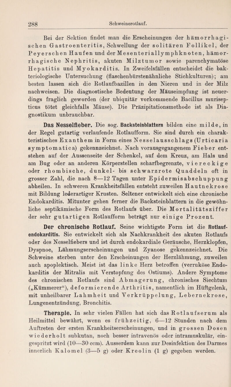Bei der Sektion findet man die Erscheinungen der hämorrhagi¬ schen Gastroenteritis, Schwellung der solitären Follikel, der Peyersehen Haufen und der Mesenteriallymphknoten, hämor¬ rhagische Nephritis, akuten Milztumor sowie parenchymatöse Hepatitis und Myokarditis. In Zweifelsfällen entscheidet die bak¬ teriologische Untersuchung (flaschenbürstenähnliche Stichkulturen); am besten lassen sich die Potlaufbazillen in den Nieren und in der Milz nachweisen. Hie diagnostische Bedeutung der Mäuseimpfung ist neuer¬ dings fraglich geworden (der ubiquitär vorkommende Bacillus murisep- ticus tötet gleichfalls Mäuse). Hie Präzipitationsmethode ist als Hia- gnostikum unbrauchbar. Das Nesselfieber. Hie sog. Backsteinblattern bilden eine milde, in der Pegel gutartig verlaufende Potlaufform. Sie sind durch ein charak¬ teristisches Exanthem in Form eines Nesselausschlags (Urticaria symptomatica) gekennzeichnet. Nach vorausgegangenem Fieber ent¬ stehen auf der Aussenseite der Schenkel, auf dem Kreuz, am Hals und am Bug oder an anderen Körperstellen scharfhegrenzte, viereckige oder rhombische, dunkel- bis schwarzrote Quaddeln oft in grosser Zahl, die nach 8—12 Tagen unter Epidermisabschuppung abheilen. In schweren Krankheitsfällen entsteht zuweilen Hautnekrose mit Bildung lederartiger Krusten. Seltener entwickelt sich eine chronische Endokarditis. Mitunter gehen ferner die Backsteinblattern in die gewöhn¬ liche septikämische Form des Potlaufs über. Hie Mortalitätsziffer der sehr gutartigen Potlaufform beträgt nur einige Prozent. Der chronische Rotlauf. Seine wichtigste Form ist die Rotlauf¬ endokarditis. Sie entwickelt sich als Nachkrankheit des akuten Potlaufs oder des Nesselfiebers und ist durch endokardiale Geräusche, Herzklopfen, Hyspnoe, Lähmungserscheinungen und Zyanose gekennzeichnet. Hie Schweine sterben unter den Erscheinungen der Herzlähmung, zuweilen auch apoplektisch. Meist ist das linke Herz betroffen (verruköse Endo¬ karditis der Mitralis mit Verstopfung des Ostiums). Andere Symptome des chronischen Potlaufs sind Abmagerung, chronisches Siechtum („Kümmerer“), deformierende Arthritis, namentlich im Hüftgelenk, mit unheilbarer Lahmheit und Verkrüppelung, Lebernekrose, Lungenentzündung, Bronchitis. Therapie. In sehr vielen Fällen hat sich das Rotlaufserum als Heilmittel bewährt, wenn es frühzeitig, 6—12 Stunden nach dem Auftreten der ersten Krankheitserscheinungen, und in grossen Hosen wiederholt subkutan, noch besser intravenös oder intramuskulär, ein¬ gespritzt wird (10—30 ccm). Ausserdem kann zur Hesinfektion des Harmes innerlich Kalomel (3—5 g) oder Kreolin (1 g) gegeben werden.